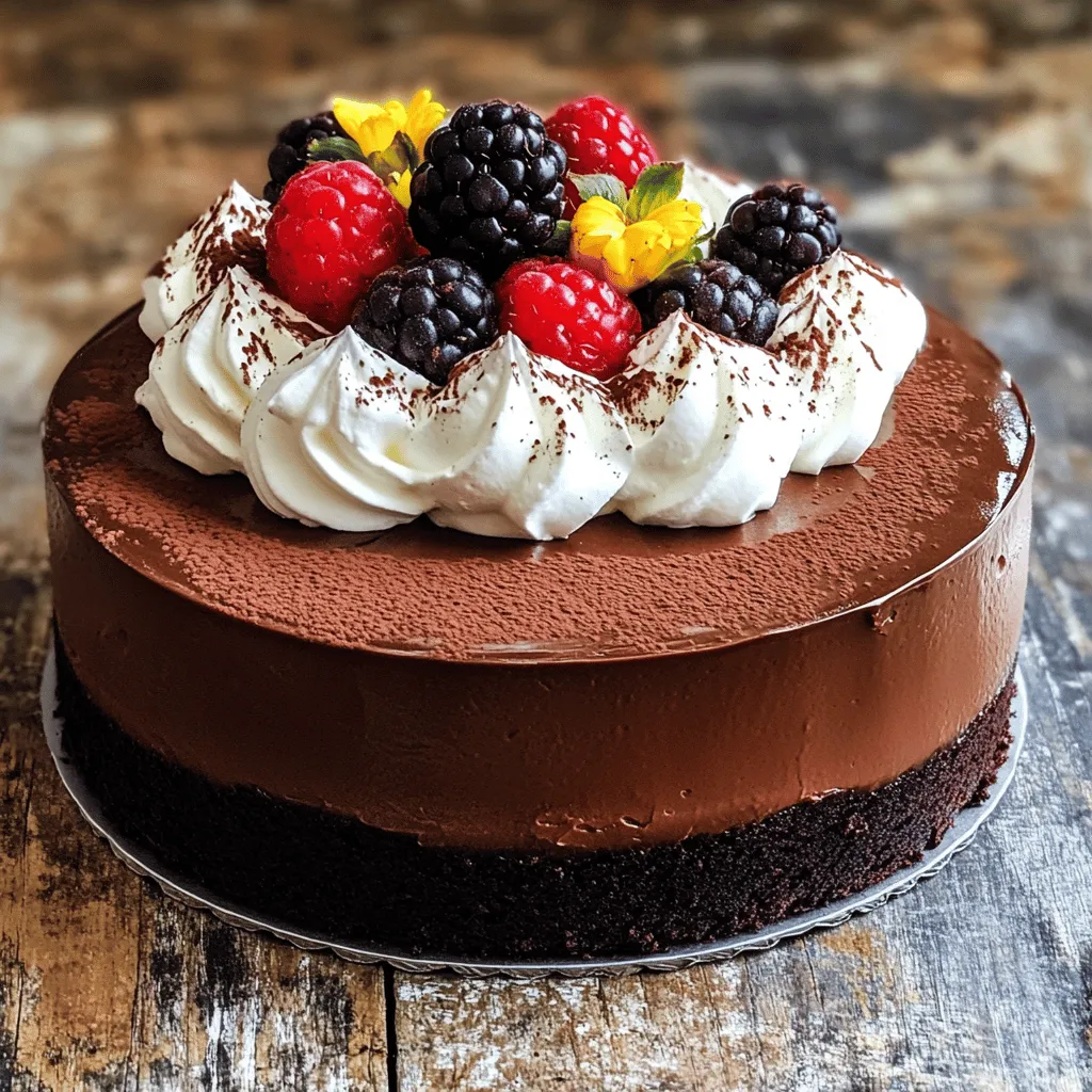 - Dark chocolate: Use 1 cup of dark chocolate (70% cocoa), finely chopped. This chocolate gives our cake a deep and rich flavor. Its bold taste makes the mousse cake truly special. Higher cocoa content means more intense flavor, so choose wisely. - Unsalted butter: Use 1/2 cup of high-quality unsalted butter. It helps create a smooth texture and adds richness. The butter blends well with the chocolate, enhancing its taste. Always use fresh butter for the best results. - Granulated sugar: We need 3/4 cup of granulated sugar. It sweetens the cake while balancing the dark chocolate. Sugar also helps in creating a soft and moist cake. For a less sweet option, you can reduce the amount slightly. - Mixing bowls: You will need a large mixing bowl for the batter. A medium bowl works for the whipped cream. - Baking pan: Use an 8-inch round cake pan. Grease it well and line it with parchment paper. This helps in easy removal after baking. - Double boiler: A double boiler or a heatproof bowl over simmering water is essential for melting chocolate and butter. This method prevents burning and ensures smooth melting. - Whisk and spatula: A whisk is needed for beating eggs and sugar. A spatula helps fold mixtures gently, keeping the cake airy. - Electric mixer: An electric mixer is useful for whipping cream. It saves time and yields fluffy results. If you don’t have one, a hand whisk works too, but it requires more effort. 1. Preparing the Oven and Baking Pan: Start by preheating your oven to 350°F (175°C). Grease an 8-inch round cake pan with butter. Line the bottom with parchment paper. This helps the cake come out easily after baking. 2. Melting Chocolate Correctly: Use a double boiler or a heatproof bowl over a pot of simmering water. Add the finely chopped dark chocolate and the cubed butter. Stir constantly until both melt and blend into a smooth mix. Take it off the heat and let it cool slightly. 1. Whisking Sugar and Eggs for Optimal Texture: In a large bowl, whisk the granulated sugar and eggs together. Beat them for 2-3 minutes. You want the mix to be creamy and lighter in color. Add the pure vanilla extract and mix well. 2. Folding Techniques for Combining Mixtures: Gently fold the cooled chocolate-butter mix into the egg-sugar blend. Use a spatula to combine them without deflating the eggs. This step is key to keeping the cake light and airy. 1. Specific Baking Time and Temperature: Pour the batter into your prepared cake pan. Smooth the surface with a spatula. Bake in the preheated oven for 22-25 minutes. The cake is done when a toothpick in the center comes out with a few moist crumbs, not wet batter. 2. Cooling Tips to Prevent Cakes from Breaking: Once baked, let the cake cool in the pan for about 10 minutes. Carefully invert it onto a wire rack. Allow it to cool completely at room temperature. This helps prevent the cake from breaking when you slice it. For the complete details on making this cake, check the Full Recipe. - Overmixing: When you mix too much, it makes the cake dense. You want it light and airy. Always fold gently when combining wet and dry ingredients. - Temperature: Make sure your eggs and butter are at room temperature. Cold butter can clump, and cold eggs won’t mix well. This will affect the texture of your cake. - Flavor Additions: You can add a splash of espresso to deepen the chocolate flavor. A bit of rum or orange liqueur can also add a nice twist. Just a teaspoon will do. - Garnishing Ideas: Fresh berries are perfect for topping. They add color and a burst of freshness. You can also sprinkle some cocoa powder or use chocolate shavings for extra flair. - Cutting the Cake: Use a serrated knife for clean slices. Wipe the knife with a damp cloth after each cut to keep edges neat. - Pairings: This cake pairs well with coffee or a glass of dessert wine. For a rich experience, serve it with a scoop of vanilla ice cream or a drizzle of chocolate sauce. Follow these tips, and you’ll make a stunning Dark Chocolate Mousse Cake that impresses! For the complete details on preparing this delicious dessert, check the Full Recipe. {{image_4}} You can switch up the flour for a gluten-free option. Use almond flour or a gluten-free blend. This change keeps the cake rich and tasty without gluten. For dark chocolate, try using milk chocolate or semi-sweet chocolate. Each choice gives a different flavor that can surprise your taste buds. For vegan bakers, swap out eggs and butter for plant-based options. Use flaxseed meal mixed with water as an egg substitute. Replace butter with coconut oil or vegan butter. For a lower-sugar cake, use stevia or a sugar substitute. These changes make the cake healthier without losing its rich taste. You can make your cake fit any occasion with fun decorations. For a birthday, add colorful sprinkles on top. For the holidays, use peppermint or cinnamon to spice it up. Fresh fruit like berries or orange slices can add a seasonal touch. These ideas make the cake look festive and even more tempting. Check out the Full Recipe for more ideas and tips! To keep your Dark Chocolate Mousse Cake fresh, store it in the fridge. Use an airtight container or cover it tightly with plastic wrap. This helps prevent it from drying out or absorbing other odors. The cake stays fresh for up to three days in the fridge. Before serving, let it sit at room temperature for about 15 minutes. This step enhances the flavor and texture. If you want to save your cake for later, freezing works well. First, let the cake cool completely. Then, slice it into individual portions. Wrap each slice in plastic wrap tightly. For extra protection, place wrapped slices in a freezer-safe bag. This method helps keep the cake moist. You can freeze the cake for up to three months. When you’re ready to enjoy it again, remove a slice from the freezer. Place it in the fridge overnight to thaw. For the best texture, avoid thawing at room temperature. This way, you keep that rich, creamy taste intact. If you want a warm treat, you can microwave it for about 10-15 seconds after thawing. Enjoy! This cake lasts about 3 to 5 days in the fridge. Keep it tightly covered to maintain its flavor. At room temperature, it stays fresh for about 1 to 2 days. Avoid leaving it out for too long, especially in warm weather. Yes, you can make this cake ahead of time. Bake the cake and let it cool completely. Wrap it in plastic wrap and store it in the fridge. You can also prepare the mousse filling a day before. Just layer it on the cake when you are ready to serve. If you don’t have heavy cream, you have some options. You can use half-and-half for a lighter version. Another choice is coconut cream, which adds a hint of flavor. Silken tofu blended until smooth also works well for a dairy-free option. Each alternative will slightly change the taste and texture, but they will still create a delicious mousse. This post covered how to make a delicious Dark Chocolate Mousse Cake. We explored key ingredients like dark chocolate, high-quality butter, and various sweeteners. You learned about the necessary tools and step-by-step instructions for baking and cooling. I shared tips to avoid common mistakes and enhance flavor. We also discussed variations and storage methods to keep your cake fresh. With this knowledge, you can create a stunning cake that impresses every time. Enjoy baking and sharing your tasty treats!