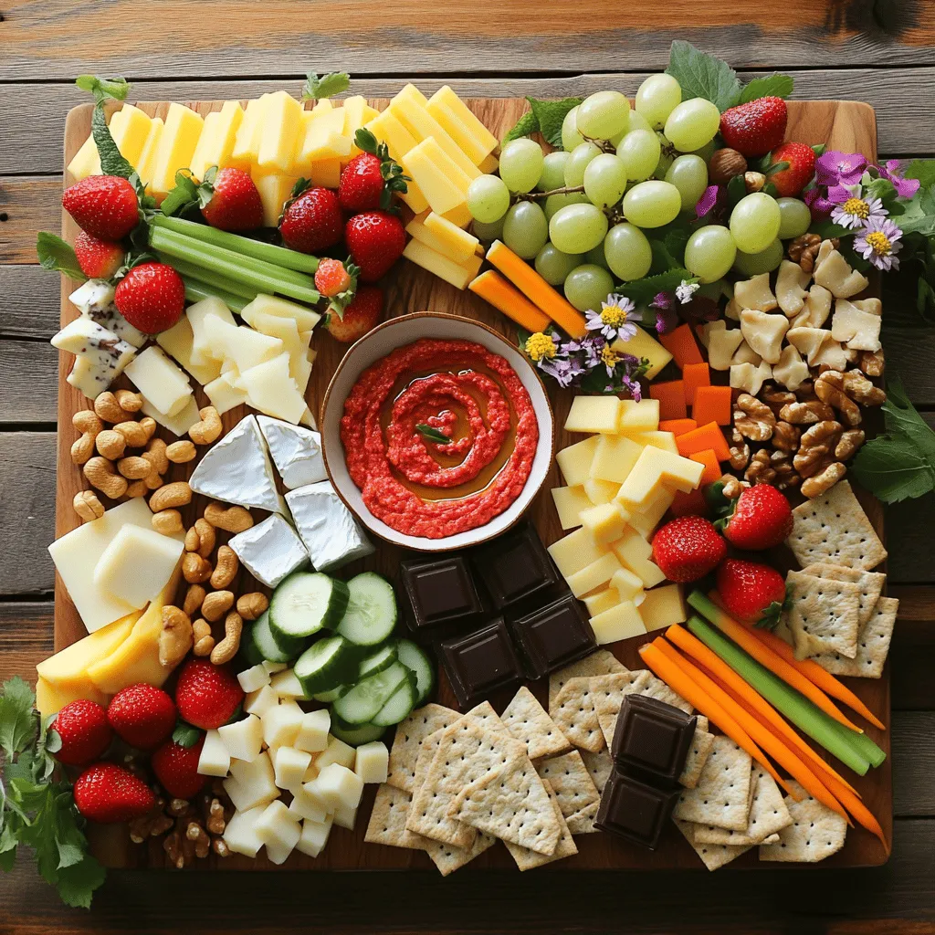 - 1 cup assorted nuts (almonds, cashews, walnuts) - 1 cup assorted cheeses (cheddar, gouda, mozzarella) - 1 cup fresh fruits (grapes, strawberries, apple slices) When I create a birthday snack board, I always start with the essentials. The nuts are a great choice. Almonds, cashews, and walnuts add crunch and flavor. They also provide healthy fats that everyone will love. Next, I pick cheeses. Cheddar gives a strong taste, while gouda is creamy. Mozzarella offers a mild flavor that kids adore. Cut them into bite-sized pieces for easy grabbing. Fresh fruits add color and sweetness. I often use grapes, strawberries, and apple slices. They make the board look bright and inviting. Plus, they balance the savory flavors of nuts and cheese. - 1 cup colorful vegetables (carrot sticks, cucumber slices, bell pepper strips) - 1/2 cup hummus or dip (roasted red pepper hummus or tzatziki) - 1 pack of assorted crackers - 1/2 cup dark chocolate squares or chocolate-covered pretzels To make the board even more fun, I add colorful veggies. Carrot sticks, cucumber slices, and bell pepper strips are perfect. They bring crunch and freshness to every bite. Hummus or another dip is a must. I love roasted red pepper hummus for its rich taste. Tzatziki is cool and refreshing. Place a small bowl of dip in the center for easy access. Assorted crackers add a delightful crunch. I choose a mix of flavors to keep things interesting. Finally, I sprinkle in some sweet treats. Dark chocolate squares or chocolate-covered pretzels are always a hit. They give a sweet ending to the savory snacks. If you want the full recipe, check it out! Start with a large, flat wooden or ceramic board. This will be your canvas for the snack board. Choose a surface that is easy to clean and fits your table. Begin by clustering the bite-sized pieces of cheese around the board. Space them out evenly. This makes the board look nice and inviting. Next, fill empty spots with assorted nuts. Let some nuts spill over the edges. This gives a casual, fun vibe. Now it's time for the fresh fruits! Place them in small groups across the board. Tuck grapes and strawberries among the cheese and nuts. This will create a bright and colorful display. For the veggies, arrange the colorful sticks in charming groups. You can stand them in small jars or lay them down in a fan shape. This adds interesting shapes to the board. Now, let’s add the dip! Put a small bowl of hummus or dip right in the center. This makes it easy for everyone to reach. For the assorted crackers, stack them in little piles. Distribute them around the board. This way, every bite has a nice crunch. Finally, scatter dark chocolate squares or chocolate-covered pretzels around the edge. This creates sweet spots for dessert lovers. To make it extra special, garnish with a few edible flowers. This adds a festive and colorful touch to your birthday snack board. You can find the Full Recipe for more details! To make your snack board shine, focus on color coordination. Choose items that contrast well. For example, pair bright fruits with dark cheeses. This adds life and makes your board pop. Use small bowls for dips. They create points of interest and keep things tidy. Labels for each snack help guests know what to try. This simple touch can spark conversation. Balancing colors and shapes is key. Mix round fruits with long veggie sticks. This adds variety and keeps the eye moving. Incorporate height by stacking crackers or placing jars of veggies upright. These small changes make your board more dynamic. Don’t forget to add a few edible flowers for a fun touch. They bring elegance and joy to your snack board. For a full recipe and further details, check out the complete guide. {{image_4}} The fun of a birthday snack board lies in its endless variations. You can create a board for any theme or event. Seasonal variations are a great way to celebrate different times of the year. For a summer board, use bright fruits like watermelon and berries. In the winter, think about cozy treats like hot cocoa and gingerbread cookies. Kid-friendly options can make your board a hit for younger guests. Use fun shapes with cookie cutters to create cheese stars or fruit hearts. Include favorite snacks like mini pretzels and gummy bears to keep kids excited. If you have guests with food restrictions, consider gluten-free alternatives. Use rice crackers or gluten-free pretzels. You can also add gluten-free nut mixes for added crunch. For a vegan snack board, choose plant-based cheeses and dips. Fresh fruits and veggies are always a hit. You can even add vegan chocolate to satisfy the sweet tooth. This way, everyone can enjoy the celebration without worry. For the full recipe, check out the complete guide on creating your delightful birthday snack board! After the party, cover your leftover snack board. Use plastic wrap or a lid. Place it in the fridge right away. This keeps snacks fresh and tasty. For cheese, wrap it in wax paper. Then, put it in a sealed bag. This helps it breathe and stay good. For fruits and veggies, store them in airtight containers. This will keep them crisp and juicy. Got some snacks left? Don't let them go to waste! Use leftover cheese in a sandwich or salad. Mix nuts into yogurt for a quick snack. Fruits can be blended into smoothies or added to oatmeal. If you have extra crackers, crush them for a crunchy topping on casseroles. Get creative! You can transform these snacks into new meals. This way, you keep enjoying the flavors from your birthday snack board. For the full recipe, check out the festive details in the main article. To make a birthday snack board, start with a large flat board. Gather your ingredients first. Arrange cheese, nuts, fruits, and veggies in clusters. Place a dip in the center for easy access. Finally, add crackers and sweet treats around the edges. This simple process turns your snacks into a fun feast. You want a mix that has textures and flavors. Here are some great options: - Nuts: Almonds, cashews, walnuts - Cheese: Cheddar, gouda, mozzarella - Fruits: Grapes, strawberries, apple slices - Vegetables: Carrot sticks, cucumber slices, bell pepper strips - Dips: Hummus or tzatziki - Crackers: Choose assorted flavors - Sweet Treats: Dark chocolate squares, chocolate-covered pretzels These snacks create a colorful and tasty board that everyone will love. To make your snack board stand out, use these tips: - Color Scheme: Arrange snacks by color. This adds fun and cheer. - Height and Shape: Vary heights by stacking crackers or using jars for veggies. - Clusters: Group snacks in small clusters. This makes it easy to grab. - Labels: Consider adding little labels for each snack. It helps guests know what they are enjoying. These steps will make your board look great and tempting to all! Creating a birthday snack board is fun and simple. Start with nuts, cheese, and fresh fruits for the base. Add colorful veggies, dips, and sweet treats for variety. Arrange everything well to make it look great. Remember, presentation is key. Use themes and consider dietary needs to please everyone. After the party, store leftovers properly to keep them fresh. You can use extras in new and tasty ways. Now you are ready to make a fantastic birthday snack board everyone will love!