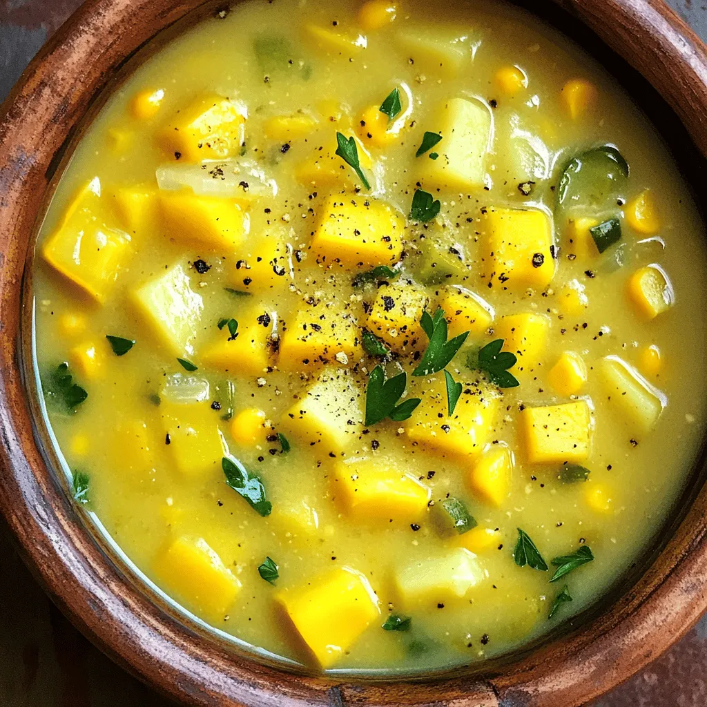 For this savory summer squash and corn chowder, gather these main ingredients: - 2 medium summer squashes, diced into bite-sized pieces - 1 cup fresh corn kernels (or frozen for convenience) - 1 medium onion, finely diced - 2 cloves garlic, minced to release flavor - 2 medium potatoes, peeled and diced into small cubes - 4 cups vegetable broth for depth - 1 cup coconut milk for creaminess - 2 tablespoons olive oil for sautéing - 1 teaspoon paprika for a hint of smokiness - 1 teaspoon dried thyme for herbal notes - Salt and pepper to taste for seasoning - Fresh parsley or chives, chopped, for garnish You can enhance the chowder's flavor by adding: - 1 bell pepper, diced for sweetness - 1 carrot, diced for added texture - A squeeze of lemon juice for brightness - Crushed red pepper for some heat These options help you tailor the chowder to your taste. Feel free to experiment! To make this chowder, you'll need some essential tools: - A large pot for cooking - A cutting board for prep - A sharp knife for chopping - A wooden spoon for stirring - An immersion blender for a creamy texture These tools make the cooking process smooth and fun. Enjoy making this vibrant dish! For the complete process, check the Full Recipe. Start by heating the olive oil in a large pot over medium heat. When the oil shimmers, add the diced onion and minced garlic. Sauté them for about five minutes. Stir often until the onion looks soft and clear. This step builds a tasty base for your chowder. Now, add the diced summer squash and the diced potatoes to the pot. Cook these for another five minutes. Stir occasionally to keep them from sticking. After that, pour in the corn kernels and the vegetable broth. Add the paprika, thyme, salt, and pepper. Mix everything well and bring it to a rolling boil. Once it boils, lower the heat. Let it simmer for 20 minutes until the potatoes are tender. After the potatoes are cooked, stir in the coconut milk. Let it simmer for another five minutes. This helps the flavors blend well. For a creamy texture, use an immersion blender to puree part of the chowder. Leave some chunks for a rustic look. If you don’t have an immersion blender, you can carefully transfer half to a countertop blender. Blend until smooth and then pour it back into the pot. Taste your chowder and adjust with more salt and pepper if needed. For the full recipe, check out the details above. Enjoy making your chowder! To enhance the flavor of your chowder, use fresh ingredients. Fresh summer squash and corn shine in this dish. I recommend using vegetable broth for a rich base. Coconut milk adds creaminess without dairy. Spice it up with paprika and thyme. These will bring depth and warmth to every bite. Taste as you go. Adjust salt and pepper to match your liking. For the best texture, cook your vegetables until tender but not mushy. The potatoes should be soft but still hold their shape. When blending, only puree part of the chowder. This keeps some chunks for a delightful bite. If you prefer a smoother chowder, blend more thoroughly. Just remember, balance is key. One common mistake is overcooking the squash. It should stay bright and slightly firm. Another is not tasting during cooking. Seasoning at the start helps, but final adjustments make a big difference. Lastly, don’t skip the fresh herbs for garnish. They add color and a fresh finish. For the full recipe, check back to ensure you follow these tips! {{image_4}} You can easily swap some ingredients in this chowder. If you need a gluten-free option, use gluten-free vegetable broth. For a dairy-free version, stick to coconut milk, which adds nice creaminess. If you want less sodium, choose low-sodium broth and control your salt levels. You can also use any type of squash you find, like zucchini or butternut squash. This keeps the dish fresh and exciting. Want to add some protein? You can mix in cooked chicken, shrimp, or even beans. If you prefer plant-based protein, chickpeas or lentils work well. Just remember to adjust your cooking time if you use raw meat. Cook it through before adding other ingredients. Adding protein makes the chowder a full meal that satisfies hunger. You can enjoy this chowder all year by changing the vegetables. In the fall, add diced carrots or sweet potatoes for warmth. In the winter, consider adding hearty greens like kale or spinach. Spring is a great time to add peas or asparagus for a fresh touch. Each season brings new flavors, making this chowder perfect no matter the time of year. For the complete recipe, check out the Full Recipe section. After you make the chowder, let it cool down. This helps keep the taste fresh. Store the chowder in an airtight container. Make sure it is sealed tightly to keep out air. Leftovers can stay in the fridge for up to four days. If you want to save it longer, consider freezing. To freeze the chowder, use freezer-safe containers. Leave some space at the top of each container. This allows the chowder to expand as it freezes. You can freeze it for up to three months. When you are ready to eat it, just thaw it in the fridge overnight. Reheating the chowder is easy. You can use the stove or the microwave. If using the stove, pour the chowder into a pot. Heat it over low to medium heat. Stir it often to prevent burning. For the microwave, place the chowder in a bowl and cover it with a lid. Heat in short bursts, stirring in between. This keeps the chowder creamy and tasty. Enjoy it warm for the best flavor! For the full recipe, check out the Sunny Summer Squash & Corn Chowder. To make this chowder vegan, swap the coconut milk for another plant-based milk. Almond, oat, or cashew milk works well. Ensure your vegetable broth is vegan-friendly, too. The taste stays rich and creamy without dairy. You can also add more herbs for flavor. This keeps the chowder fresh and vibrant. Yes, you can use canned corn in this recipe. Canned corn is convenient and saves time. Just drain and rinse the corn before adding it to the pot. The flavor works well in the chowder. However, fresh or frozen corn gives a sweeter taste. If you prefer fresh, try to use it when it’s in season for the best flavor. The chowder can last up to four days in the fridge. Make sure to store it in an airtight container. This keeps the flavors fresh for later enjoyment. When reheating, do so gently over low heat. Stir often to avoid sticking. If it thickens too much, add a splash of broth or water. This chowder recipe is packed with flavor and easy to make. We covered key ingredients and cooking steps to create a delicious summer squash and corn chowder. Don't forget the useful tips to perfect your dish and avoid common errors. You can also explore variations to fit your needs. Proper storage ensures you enjoy your leftovers too. With these ideas, you can impress anyone with your cooking. Now, get ready to savor a bowl of chowder!