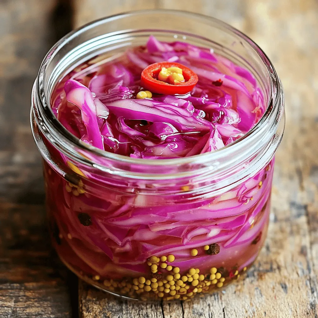 - 1 medium red cabbage, thinly sliced - 1 cup apple cider vinegar - 1 cup water - 2 tablespoons sugar - 1 tablespoon salt - 1 teaspoon mustard seeds - 1 teaspoon coriander seeds - 1 teaspoon black peppercorns - 2 cloves garlic, smashed - 1 red chili, sliced (optional for heat) - Serving Size: Makes about 4 cups - Prep Time: 15 min - Total Time: 30 min When preparing this pickled red cabbage, gather these ingredients first. The main ingredient is the red cabbage. It gives a beautiful color and crunch. The apple cider vinegar brings tartness. Water balances the strong vinegar taste. For seasonings, sugar adds sweetness. Salt helps preserve the cabbage and brings out its flavor. Mustard seeds and coriander seeds add a nice touch. Black peppercorns give warmth, while garlic adds depth. If you want heat, add a sliced red chili. This recipe makes about 4 cups. It takes about 15 minutes to prep and 30 minutes in total. You can enjoy it right away, but waiting 24 hours will deepen the flavor. Enjoy this easy and tasty recipe from the [Full Recipe]. - Remove damaged outer leaves and cut cabbage into quarters. - Slice each quarter into thin strips for even pickling. - Combine apple cider vinegar, water, sugar, and salt in a saucepan. - Heat and stir until sugar and salt dissolve completely. - Add mustard seeds, coriander seeds, black peppercorns, smashed garlic, and sliced chili. - Simmer for approximately 5 minutes to infuse flavors into the brine. - Cool the brine for 10 minutes to avoid wilting the cabbage. - Tightly pack sliced red cabbage into a clean jar. - Pour cooled brine over cabbage, ensuring it’s fully submerged. - Seal the jar and cool it to room temperature. - Refrigerate for at least 24 hours before serving. This pickled red cabbage recipe is simple and fun. You’ll have a fresh, colorful side dish ready to enjoy! For the full recipe, check out the details above. To make your pickled red cabbage even better, let it sit longer. More pickling time boosts the flavor. You can taste your brine and adjust it. If it's too sweet, add more salt. If too salty, add more sugar. Find the balance that you enjoy best. When serving, make it look nice. Use a colorful bowl and add fresh herbs on top. This adds a pop of color and freshness. Pickled cabbage pairs well with grilled meats and tacos. The tangy crunch adds a great contrast to rich dishes. You can make this recipe your own. Try adding spices like dill or bay leaves for new flavors. Want some heat? Adjust the chili level by adding more or less. This way, you can create a pickled cabbage that fits your taste perfectly. For the full recipe, check out the [Full Recipe]. {{image_4}} To give your pickled cabbage a sweet edge, add more sugar. You can also try sweeter spices like cinnamon or allspice. This mix creates a nice balance with the vinegar's tang. It’s great for those who enjoy a hint of sweetness alongside the crunch. Want to make your pickle even more colorful? Add other veggies like carrots or beets. They not only add vibrant colors but also new flavors. Thinly slice them and pack them with the cabbage in the jar. This mix adds variety and makes your dish more exciting. You can switch up the taste by using different types of vinegar. Try white vinegar for a sharper bite or rice vinegar for a milder flavor. Each choice gives your pickled cabbage a unique twist. Experiment to find your favorite! Store your pickled red cabbage in the refrigerator for up to 2 weeks. The cool air helps keep the cabbage crisp and fresh. Always ensure the jar is tightly sealed to maintain its flavor and texture. Check your pickled cabbage often. Look for signs of spoilage, like an off smell or discoloration. If you notice any of these signs, discard the cabbage immediately. This helps ensure you enjoy only the best and safest flavors. Consider making a larger batch. This gives you a longer shelf life and allows for frequent use. You can always share it with friends or use it in various meals. Plus, having a big jar ready makes it easy to add zest to your dishes anytime. You can find the full recipe for this delightful pickled red cabbage above. Pickled red cabbage needs at least 24 hours to sit. This time helps the flavors blend well. The longer you wait, the better it tastes. I often recommend leaving it for a couple of days. It makes a big difference in flavor depth. Yes, you can use green cabbage. However, it will change the color and flavor. Red cabbage tastes a bit sweeter and has a crunchier texture. Green cabbage is milder and softer. Try both to see which you prefer! No, you should not store pickled cabbage at room temperature. Always keep it in the fridge. This helps maintain its crispness and flavor. Plus, refrigeration prevents spoilage. Your pickled cabbage will stay fresh for up to two weeks. Leftover brine is useful! You can use it in salad dressings for a tangy kick. It also works great for marinades. If you want to pickle other veggies, use the brine again. It adds flavor and saves waste. For me, it’s like a bonus ingredient! This recipe for pickled red cabbage covers everything you need. You learned about key ingredients, step-by-step instructions, and handy tips. Pickling adds flavor and freshness to meals. With just a few steps, you can create a tasty side dish. Remember to be patient; letting it sit for a day enhances the taste. Don't hesitate to try variations for unique flavors. Your pickled cabbage can shine on any plate. Enjoy your pickling journey and the delicious results!