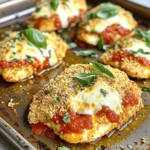 - 4 boneless, skinless chicken breasts - 1 cup seasoned breadcrumbs - 1/2 cup finely grated Parmesan cheese - 1 teaspoon garlic powder - 1 teaspoon dried oregano - 1/2 teaspoon sea salt - 1/4 teaspoon freshly ground black pepper - 1 cup homemade or store-bought marinara sauce - 1 cup shredded mozzarella cheese - 1/4 cup fresh basil leaves, chopped (for garnish) - Olive oil spray To make Baked Chicken Parmesan, gather these simple ingredients first. The chicken breasts are the star of the dish. They bring a lean and tasty protein that cooks up juicy. Seasoned breadcrumbs add crunch and flavor. Parmesan cheese enhances the overall taste with its rich, nutty flavor. Next, we need spices. Garlic powder adds a nice kick. Dried oregano brings a hint of earthiness. Sea salt and black pepper round out the flavor profile. These spices make the chicken pop. For toppings, you can choose between homemade or store-bought marinara sauce. This sauce provides moisture and tang. Shredded mozzarella cheese melts perfectly on top, adding creaminess. Fresh basil leaves not only look good but also give a fresh taste. Finally, don't forget the olive oil spray! It helps the chicken crisp up nicely in the oven. With all these ingredients, you're set to create a crispy and flavorful delight. Check out the Full Recipe for the complete cooking process! - Preheat the oven to 400°F (200°C). - Line a baking sheet with parchment paper. Start by getting your oven nice and hot. This helps the chicken cook evenly and get crispy. The parchment paper keeps the chicken from sticking, making clean-up easy. - Combine breadcrumbs and seasonings. - Pound the chicken breasts to even thickness. In a bowl, mix seasoned breadcrumbs with garlic powder, oregano, salt, and pepper. Make sure everything blends well. Next, take your chicken breasts. Place them between two sheets of plastic wrap. Use a meat mallet to pound them to about 1/2 inch thick. This step ensures they cook evenly. - Coat chicken breasts with breadcrumb mixture. - Spray with olive oil and arrange on the baking sheet. Now, take each chicken breast and coat it with the breadcrumb mixture. Press down a bit to help it stick. After coating, place the chicken breasts on the baking sheet. Give them some space. Lightly spray the tops with olive oil. This helps them brown nicely. - Bake the chicken, add marinara sauce, and mozzarella. - Bake until cheese is melted and bubbly. Bake the chicken for 20 to 25 minutes. When it’s done, the chicken should reach 165°F (75°C). The breadcrumbs will be golden brown. Now comes the fun part! Spoon marinara sauce over each piece. Add a generous layer of mozzarella cheese. Put the baking sheet back in the oven for 5 to 7 minutes. Wait for the cheese to melt and bubble. You can find the full recipe in the earlier sections. Enjoy your crispy baked chicken Parmesan! To get crispy chicken, start with even thickness. When the chicken is even, it cooks better. Use a meat mallet to pound each breast to about 1/2 inch thick. This step makes sure every piece cooks at the same rate. For optimal crispiness, bake the chicken for 20-25 minutes. Check the internal temperature; it should reach 165°F. Look for a golden brown color on the breadcrumbs. That’s your sign it’s ready! Choosing the right marinara sauce is key. A homemade sauce offers fresh flavor, but store-bought works too. Look for a sauce that has rich tomatoes and herbs. This adds depth to your chicken. When saucing, spoon the marinara over the chicken after the first bake. Make sure it cascades down the sides. This creates a delicious layer of flavor. For cheese, I recommend mozzarella. It melts well and has a nice stretch. You can mix it with provolone for extra flavor. To get a golden crust, add the cheese during the last 5-7 minutes of baking. Keep an eye on it! You want it melted and bubbly, with a slight golden hue. For the full recipe, check out the Crispy Baked Chicken Parmesan Delight. {{image_4}} You can swap chicken for turkey or eggplant. Turkey offers a leaner option. Just pound it flat like chicken. It cooks quickly and still tastes great. Eggplant is a fun choice for a veggie twist. Slice it thick and salt it first. This helps remove excess water. Then, follow the same steps as you would for chicken. Both options create a tasty baked dish. Cheese adds flavor and creaminess. You can try mozzarella, provolone, or even fontina. Each cheese gives a different taste. If you want a tangy kick, use goat cheese. For a vegan option, look for dairy-free cheese. Many brands melt well and taste good. Mix and match for a unique blend that you’ll love. To make a gluten-free chicken Parmesan, choose gluten-free breadcrumbs. They are easy to find at most stores. Just check the label to ensure they are truly gluten-free. You can also use ground almonds or cornmeal for a different texture. When coating, make sure to keep things separate to avoid cross-contamination. This way, everyone can enjoy your dish without worry. For the full recipe, check the Crispy Baked Chicken Parmesan Delight. To store your leftover baked chicken Parmesan, first cool it down at room temperature. Then, wrap each piece tightly in plastic wrap. You can also place it in an airtight container. This keeps the chicken fresh for up to three days in the fridge. Make sure to store any extra marinara sauce separately. Freezing chicken Parmesan is easy. First, let it cool completely. Then, wrap each piece in plastic wrap, followed by aluminum foil. This will prevent freezer burn. You can freeze it for up to three months. For best results, label each package with the date. To reheat baked chicken Parmesan, use the oven. Preheat your oven to 350°F (175°C). Place the chicken in an oven-safe dish. Cover it with foil to keep it moist. Heat for about 20 minutes. You can uncover it for the last 5 minutes to crisp up the topping. This method keeps the texture just right. How long can I store baked chicken Parmesan? You can store baked chicken Parmesan in the fridge for 3 to 4 days. Be sure to place it in an airtight container. If you want to enjoy it later, freezing is a good option. It lasts up to 3 months in the freezer. Just let it cool before you freeze it. Can I make this recipe ahead of time? Yes, you can make this recipe ahead of time. Prepare the chicken and coat it with breadcrumbs. Then, store it in the fridge for up to 24 hours. When you’re ready to bake, simply add the marinara sauce and cheese, and bake as directed. What is the ideal cooking temperature for chicken? The ideal cooking temperature for chicken is 165°F (75°C). Use a meat thermometer to check the thickest part of the chicken. This ensures it is fully cooked and safe to eat. How do I know when the chicken is done cooking? The chicken is done when it is golden brown on the outside and the juices run clear. If you use a meat thermometer, check that it reads 165°F (75°C). This way, you can be sure your chicken is safe and tasty. Can I use different cheeses? Yes, you can use different cheeses in this recipe. Try provolone or gouda for a unique flavor. Mixing cheeses can also create a rich, creamy topping. Just make sure they melt well. What can I use instead of breadcrumbs? If you want to skip breadcrumbs, you can use crushed cornflakes or almond flour. These options still give you a nice crunch. They are great for gluten-free diets too. In this post, I guided you through making a delicious chicken Parmesan. We covered the main ingredients, spices, and toppings, plus each step to bake it perfectly. I shared tips on achieving crispy chicken and how to choose the right cheese. Remember, you can swap proteins or make it gluten-free. Storing and reheating your leftovers properly ensures great taste later. Enjoy making this dish, and feel confident to experiment with flavors and techniques. Happy cooking!