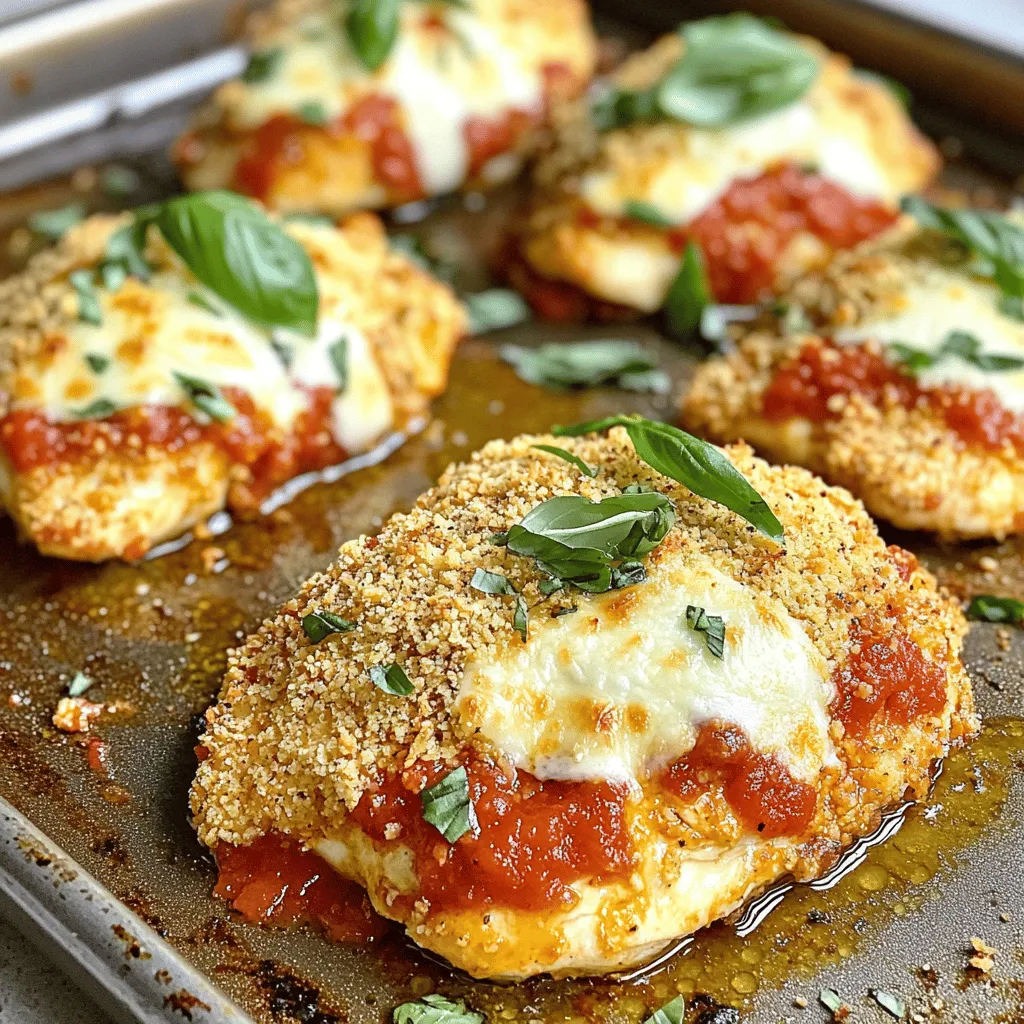 - 4 boneless, skinless chicken breasts - 1 cup seasoned breadcrumbs - 1/2 cup finely grated Parmesan cheese - 1 teaspoon garlic powder - 1 teaspoon dried oregano - 1/2 teaspoon sea salt - 1/4 teaspoon freshly ground black pepper - 1 cup homemade or store-bought marinara sauce - 1 cup shredded mozzarella cheese - 1/4 cup fresh basil leaves, chopped (for garnish) - Olive oil spray To make Baked Chicken Parmesan, gather these simple ingredients first. The chicken breasts are the star of the dish. They bring a lean and tasty protein that cooks up juicy. Seasoned breadcrumbs add crunch and flavor. Parmesan cheese enhances the overall taste with its rich, nutty flavor. Next, we need spices. Garlic powder adds a nice kick. Dried oregano brings a hint of earthiness. Sea salt and black pepper round out the flavor profile. These spices make the chicken pop. For toppings, you can choose between homemade or store-bought marinara sauce. This sauce provides moisture and tang. Shredded mozzarella cheese melts perfectly on top, adding creaminess. Fresh basil leaves not only look good but also give a fresh taste. Finally, don't forget the olive oil spray! It helps the chicken crisp up nicely in the oven. With all these ingredients, you're set to create a crispy and flavorful delight. Check out the Full Recipe for the complete cooking process! - Preheat the oven to 400°F (200°C). - Line a baking sheet with parchment paper. Start by getting your oven nice and hot. This helps the chicken cook evenly and get crispy. The parchment paper keeps the chicken from sticking, making clean-up easy. - Combine breadcrumbs and seasonings. - Pound the chicken breasts to even thickness. In a bowl, mix seasoned breadcrumbs with garlic powder, oregano, salt, and pepper. Make sure everything blends well. Next, take your chicken breasts. Place them between two sheets of plastic wrap. Use a meat mallet to pound them to about 1/2 inch thick. This step ensures they cook evenly. - Coat chicken breasts with breadcrumb mixture. - Spray with olive oil and arrange on the baking sheet. Now, take each chicken breast and coat it with the breadcrumb mixture. Press down a bit to help it stick. After coating, place the chicken breasts on the baking sheet. Give them some space. Lightly spray the tops with olive oil. This helps them brown nicely. - Bake the chicken, add marinara sauce, and mozzarella. - Bake until cheese is melted and bubbly. Bake the chicken for 20 to 25 minutes. When it’s done, the chicken should reach 165°F (75°C). The breadcrumbs will be golden brown. Now comes the fun part! Spoon marinara sauce over each piece. Add a generous layer of mozzarella cheese. Put the baking sheet back in the oven for 5 to 7 minutes. Wait for the cheese to melt and bubble. You can find the full recipe in the earlier sections. Enjoy your crispy baked chicken Parmesan! To get crispy chicken, start with even thickness. When the chicken is even, it cooks better. Use a meat mallet to pound each breast to about 1/2 inch thick. This step makes sure every piece cooks at the same rate. For optimal crispiness, bake the chicken for 20-25 minutes. Check the internal temperature; it should reach 165°F. Look for a golden brown color on the breadcrumbs. That’s your sign it’s ready! Choosing the right marinara sauce is key. A homemade sauce offers fresh flavor, but store-bought works too. Look for a sauce that has rich tomatoes and herbs. This adds depth to your chicken. When saucing, spoon the marinara over the chicken after the first bake. Make sure it cascades down the sides. This creates a delicious layer of flavor. For cheese, I recommend mozzarella. It melts well and has a nice stretch. You can mix it with provolone for extra flavor. To get a golden crust, add the cheese during the last 5-7 minutes of baking. Keep an eye on it! You want it melted and bubbly, with a slight golden hue. For the full recipe, check out the Crispy Baked Chicken Parmesan Delight. {{image_4}} You can swap chicken for turkey or eggplant. Turkey offers a leaner option. Just pound it flat like chicken. It cooks quickly and still tastes great. Eggplant is a fun choice for a veggie twist. Slice it thick and salt it first. This helps remove excess water. Then, follow the same steps as you would for chicken. Both options create a tasty baked dish. Cheese adds flavor and creaminess. You can try mozzarella, provolone, or even fontina. Each cheese gives a different taste. If you want a tangy kick, use goat cheese. For a vegan option, look for dairy-free cheese. Many brands melt well and taste good. Mix and match for a unique blend that you’ll love. To make a gluten-free chicken Parmesan, choose gluten-free breadcrumbs. They are easy to find at most stores. Just check the label to ensure they are truly gluten-free. You can also use ground almonds or cornmeal for a different texture. When coating, make sure to keep things separate to avoid cross-contamination. This way, everyone can enjoy your dish without worry. For the full recipe, check the Crispy Baked Chicken Parmesan Delight. To store your leftover baked chicken Parmesan, first cool it down at room temperature. Then, wrap each piece tightly in plastic wrap. You can also place it in an airtight container. This keeps the chicken fresh for up to three days in the fridge. Make sure to store any extra marinara sauce separately. Freezing chicken Parmesan is easy. First, let it cool completely. Then, wrap each piece in plastic wrap, followed by aluminum foil. This will prevent freezer burn. You can freeze it for up to three months. For best results, label each package with the date. To reheat baked chicken Parmesan, use the oven. Preheat your oven to 350°F (175°C). Place the chicken in an oven-safe dish. Cover it with foil to keep it moist. Heat for about 20 minutes. You can uncover it for the last 5 minutes to crisp up the topping. This method keeps the texture just right. How long can I store baked chicken Parmesan? You can store baked chicken Parmesan in the fridge for 3 to 4 days. Be sure to place it in an airtight container. If you want to enjoy it later, freezing is a good option. It lasts up to 3 months in the freezer. Just let it cool before you freeze it. Can I make this recipe ahead of time? Yes, you can make this recipe ahead of time. Prepare the chicken and coat it with breadcrumbs. Then, store it in the fridge for up to 24 hours. When you’re ready to bake, simply add the marinara sauce and cheese, and bake as directed. What is the ideal cooking temperature for chicken? The ideal cooking temperature for chicken is 165°F (75°C). Use a meat thermometer to check the thickest part of the chicken. This ensures it is fully cooked and safe to eat. How do I know when the chicken is done cooking? The chicken is done when it is golden brown on the outside and the juices run clear. If you use a meat thermometer, check that it reads 165°F (75°C). This way, you can be sure your chicken is safe and tasty. Can I use different cheeses? Yes, you can use different cheeses in this recipe. Try provolone or gouda for a unique flavor. Mixing cheeses can also create a rich, creamy topping. Just make sure they melt well. What can I use instead of breadcrumbs? If you want to skip breadcrumbs, you can use crushed cornflakes or almond flour. These options still give you a nice crunch. They are great for gluten-free diets too. In this post, I guided you through making a delicious chicken Parmesan. We covered the main ingredients, spices, and toppings, plus each step to bake it perfectly. I shared tips on achieving crispy chicken and how to choose the right cheese. Remember, you can swap proteins or make it gluten-free. Storing and reheating your leftovers properly ensures great taste later. Enjoy making this dish, and feel confident to experiment with flavors and techniques. Happy cooking!