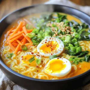 - 2 packs of instant ramen noodles (avoid using flavor packets) - 4 cups vegetable broth - 1 cup coconut milk - 2 tablespoons gochujang (Korean chili paste) - 1 tablespoon soy sauce - 1 tablespoon sesame oil - 1 tablespoon minced garlic - 1 teaspoon grated ginger - 1 medium carrot, julienned - 1 cup baby spinach - 2 eggs (optional, for soft-boiled) - Chili flakes for extra heat - Sesame seeds - Sliced green onions For this creamy Korean spicy ramen, I love using fresh and vibrant ingredients. The instant ramen noodles make it quick, while the vegetable broth adds depth. Gochujang brings the heat, and coconut milk gives it that rich creaminess. If you want a protein boost, soft-boiled eggs are great. Don't forget the chili flakes if you like it fiery! For a lovely finish, sesame seeds and green onions not only add flavor, but they also make your dish look appealing. When preparing this dish, remember that the key is in the balance of flavors. The combination of spicy, creamy, and fresh ingredients makes this ramen special. For step-by-step instructions, check out the Full Recipe. First, we need to build a flavorful base. Heat 1 tablespoon of sesame oil in a large pot over medium heat. Add 1 tablespoon of minced garlic and 1 teaspoon of grated ginger. Sauté these for about one minute. The aroma will fill your kitchen. Be careful not to burn the garlic. Next, pour in 4 cups of vegetable broth. Increase the heat until this mixture simmers gently. Now, it's time to layer in the flavors. Stir in 2 tablespoons of gochujang and 1 tablespoon of soy sauce. Mix it well to dissolve the gochujang into the broth. This will give your ramen that spicy kick. Then, slowly add 1 cup of coconut milk to the pot. Stir constantly to blend everything together. Take a moment to taste the broth. If you want it spicier, add more gochujang to fit your taste. Next, we’ll add some vegetables and the noodles. Toss in 1 medium carrot, julienned, and let it simmer for about 3-4 minutes. This will soften the carrot just right. Now, add 2 packs of instant ramen noodles. Cook the noodles according to the package instructions, usually 3-4 minutes. Stir them often to keep them from sticking. In the last minute of cooking, add 1 cup of baby spinach. Stir until it wilts, keeping its bright green color. For a rich finish, serve the ramen in bowls. Add optional soft-boiled eggs on top. Garnish with sliced green onions, sesame seeds, and optional chili flakes for extra heat. Enjoy your creamy Korean spicy ramen! For a complete guide, refer to the Full Recipe. - Adjust spice levels to taste. If you want more heat, add more gochujang. - Use fresh ingredients for more depth. Fresh garlic and ginger boost flavor. - Monitor noodle cook time closely. Overcooked noodles turn mushy. Check them often. - For perfect soft-boiled eggs, cook for 6-7 minutes. Then, cool them in cold water. This helps with peeling. By following these tips, you can elevate your Creamy Korean Spicy Ramen from good to great. Whether you want more kick or perfect noodles, these tricks make it easy. Try out the [Full Recipe] to get started! {{image_4}} You can make your ramen even better by adding protein. Here are some options: - Chicken: Use cooked, shredded chicken for a heartier meal. - Tofu: For a plant-based choice, add cubed, firm tofu. - Shrimp: Fresh or frozen shrimp cooks quickly and adds a nice touch. Adding vegetables boosts flavor and nutrition. Consider these delicious options: - Mushrooms: Shiitake or button mushrooms add umami and texture. - Bok Choy: This leafy green adds crunch and a mild flavor. Make your ramen as spicy as you like! Here are two great ways: - Customize with different chili pastes: Try a mix of gochujang and Sriracha for a unique kick. - Use spicy broth options: Look for spicy vegetable or chicken broth for extra heat. These variations let you personalize your creamy Korean spicy ramen. Check out the Full Recipe for complete cooking details! After enjoying your creamy Korean spicy ramen, you may have some leftovers. To keep them fresh, store any leftovers in an airtight container. This will help prevent moisture loss and keep the flavors intact. Make sure to cool the ramen to room temperature before sealing it up. When you're ready to enjoy your ramen again, you can reheat it on the stove or in the microwave. For the stove, pour the ramen into a pot and heat it over low to medium heat. Stir often to keep it from sticking. This helps maintain the creamy texture. If you use the microwave, place the ramen in a bowl and cover it with a damp paper towel. Heat it in 30-second intervals, stirring in between, until it's hot. This method keeps the ramen from drying out. Enjoy your delicious meal once more! The best gochujang is the one that suits your taste. I recommend using a high-quality brand that features natural ingredients. Look for gochujang with a good balance of spice and sweetness. Some brands even offer mild or spicy options. You can find it in most Asian grocery stores or online. Yes, you can easily make this ramen vegetarian. Simply replace the vegetable broth with a rich, homemade vegetable stock. Ensure your gochujang and soy sauce are free from animal products. You can also add more veggies like mushrooms or tofu to boost flavor and texture. If you want to skip coconut milk, use heavy cream or a dairy-free alternative like cashew cream. Both options will give you that creamy texture. You can also blend silken tofu with a bit of broth for a healthier choice. Adjust the seasoning to maintain flavor. Absolutely! This ramen is great for meal prep. Cook the soup base and store it in the fridge for up to three days. Just add the noodles and spinach when you’re ready to eat. This way, you can enjoy a fresh bowl of ramen anytime. Check out the Full Recipe for detailed steps. This blog post showed you how to make tasty ramen with simple steps. We started with the key ingredients, like instant ramen and gochujang. I shared how to prepare the broth and cook the noodles perfectly. There are many ways to customize this ramen with proteins and veggies. I hope you feel inspired to try this easy recipe. With a few tweaks, you can make it your own. Enjoy your delicious bowl of homemade ramen!