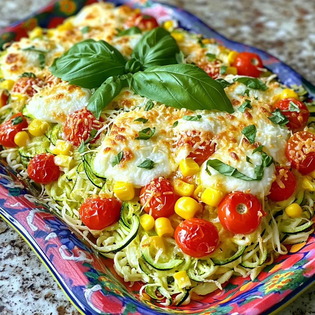 - 2 medium zucchinis, coarsely grated - 1 cup cherry tomatoes, halved - 1 cup corn kernels (fresh or frozen) - 1 small onion, finely chopped - 2 cloves garlic, minced - 4 large eggs - 1 cup shredded mozzarella cheese - 1/2 cup finely grated parmesan cheese - 1 teaspoon dried oregano - 1 teaspoon sea salt - 1/2 teaspoon freshly ground black pepper - 2 tablespoons extra virgin olive oil This crustless zucchini pie shines with fresh produce. You get to enjoy the taste of summer in every bite. Zucchini is the star, but the cherry tomatoes and corn add bright flavors and textures. I love how easy it is to prepare these ingredients. Just grab your fresh zucchinis and have fun grating them. Next, halving the cherry tomatoes is quick and gives a lovely pop of color. If using frozen corn, there’s no need to cook it first. Just toss it in! The onion and garlic bring depth to the dish. When you sauté them, they will fill your kitchen with a warm, inviting scent. Now, the dairy brings creaminess to the pie. Eggs create a light and fluffy structure. The mozzarella cheese makes it gooey, while parmesan adds a sharp bite. Together, they balance out the veggies perfectly. Don’t forget the seasoning! Oregano, salt, and pepper enhance the dish's overall flavor. Using good olive oil adds richness. You’ll want to drizzle it generously when preparing your pie. This is a nourishing dish that captures the essence of summer. For the full recipe, check out the details and enjoy making this delightful meal! - Preheat your oven to 350°F (175°C). - Grease a 9-inch pie dish with olive oil. Start with setting the right temperature for baking. Preheating is key to even cooking. Greasing the dish helps the pie release easily after baking. - Heat olive oil and sauté onion and garlic. - Add grated zucchini until softened. In a medium skillet, heat olive oil over medium heat. Add the finely chopped onion and minced garlic. Cook for about 3-4 minutes. The onion should be soft and fragrant. Next, add the coarsely grated zucchini. Stir for about 3 minutes until it softens. This step brings out the flavors, making your pie taste fresh and vibrant. - Combine egg mixture with sautéed vegetables. - Pour into the pie dish and bake for 30-35 minutes. In a large bowl, whisk together the eggs, mozzarella, parmesan, oregano, salt, and pepper. Mix well until frothy. Gently fold in the cooled zucchini mixture and any other veggies you want. Pour this mix into your greased pie dish. Bake for 30-35 minutes. Check for a golden top and use a toothpick to ensure it’s fully cooked. This baking step makes everything come together nicely. Enjoy this nourishing dish from the Full Recipe for a delicious summer meal! To get that perfect texture, watch the bake time. You want it gooey but firm. Aim for about 30 to 35 minutes. Check for a golden-brown top. Use a toothpick to test. Insert it into the center; if it comes out clean, your pie is ready. To boost the taste, try adding fresh herbs. Thyme and parsley add great depth. If you like heat, jalapeños can add a nice kick. Mix them in for a zesty surprise. I love serving this pie warm or at room temperature. It tastes great either way. Pair it with a fresh side salad or some crusty bread. Both add a nice crunch to your meal. Enjoy this dish with friends or family, and savor the summer flavors! For the full recipe, check out the detailed steps above. {{image_4}} Dietary substitutions make this dish even more friendly for everyone. You can make it gluten-free by skipping the crust altogether. Just use the ingredients as they are. If you're dairy-free, replace the mozzarella and parmesan with your favorite vegan cheese. It melts well and keeps the flavor. You can also play with alternate ingredients. Try using different vegetables like bell peppers or spinach. They add color and taste to the pie. If you want added sweetness, substitute sweet potatoes for the corn. This change gives a nice twist to the flavor. Cooking methods can change how you enjoy this dish. If you’re short on time, try making it in an air fryer. It cooks faster and gives a crispy edge. For a different texture, cook it on the stovetop in a skillet. This will create a frittata-style dish that's just as tasty. For the full recipe, check out the earlier sections. Enjoy experimenting with these variations! Refrigerator Storage Store leftovers covered in the fridge for up to 3 days. This keeps the pie fresh and tasty. To enjoy it warm, reheat in the oven or microwave. Just be sure to check it often while reheating. Freezing Guidance If you want to save some for later, you can freeze slices. Use airtight containers to keep the pie fresh for up to 3 months. When you're ready to eat it, thaw the slices overnight in the refrigerator. This helps maintain the flavor and texture. Preventing Sogginess To keep your pie from getting soggy, allow it to cool completely before covering it. If you stack slices, use parchment paper between the layers. This will help keep the crust firm and delicious. For the best results, enjoy your Summer Garden Crustless Zucchini Pie fresh, but these tips can help you save some for later. Yes, you can prepare it in advance and bake it just before serving. This makes it easy for gatherings. Simply prepare the mixture, cover it, and store it in the fridge. When you’re ready, pour it into the dish and bake. The pie will still taste fresh and delicious. Summer squash or eggplant can be excellent substitutes. Both bring a nice texture and flavor. If you want to try something different, you can also use grated carrots. They add a sweet touch and pair well with the other ingredients. Yes, this recipe is vegetarian-friendly; incorporate more veggies as desired. You can add bell peppers, spinach, or mushrooms to enhance the flavors. This pie is a great way to use up any extra veggies you have in your fridge. Simply scale up the ingredient amounts based on the desired number of servings. If you want to serve more people, double or triple the recipe. Just ensure your pie dish can hold the extra mixture. You can also use smaller dishes for individual servings. This article covered a tasty zucchini pie recipe. You learned about ingredients, step-by-step instructions, and helpful tips. Plus, we discussed fun variations and storage tips. Cooking can be easy and fun. Try these ideas to make the dish your own. Enjoy every bite, and share it with family or friends. You will love the flavors and textures!