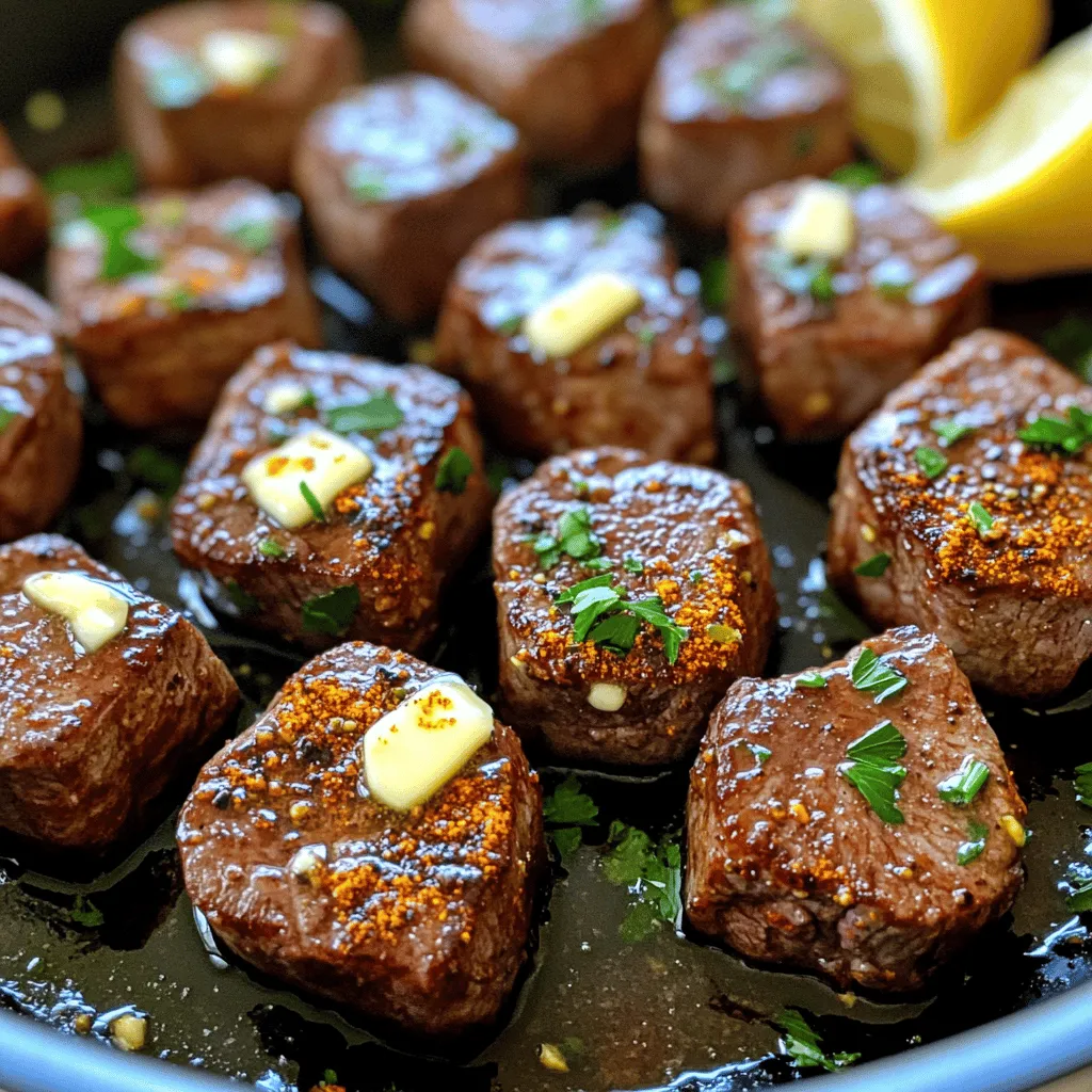 - 1 lb sirloin steak, cut into 1-inch cubes - 4 tablespoons unsalted butter - 4 cloves garlic, minced - 1 tablespoon Cajun seasoning - 1 teaspoon smoked paprika - Salt and freshly ground black pepper to taste - 2 tablespoons fresh parsley, finely chopped (for garnish) - Optional: Lemon wedges (for serving) Gathering the right ingredients makes all the difference. Start with 1 pound of sirloin steak. Cut it into 1-inch cubes. This size helps the steak cook evenly and allows for a great texture. Next, use 4 tablespoons of unsalted butter. This adds richness and flavor. You will also need 4 cloves of garlic, minced for that bold taste. For seasoning, you want 1 tablespoon of Cajun seasoning. This gives the steak its signature kick. Add 1 teaspoon of smoked paprika for a touch of smokiness. Don’t forget salt and freshly ground black pepper to taste. These spices enhance the meat's natural flavor. Finally, for a fresh touch, chop 2 tablespoons of parsley. This brightens up the dish and adds color. You can serve it with lemon wedges if you like a zesty kick. This mix of ingredients creates a rich and flavorful experience. You can find the full recipe to guide you through the cooking process. First, gather your ingredients. You need sirloin steak, Cajun seasoning, smoked paprika, salt, and pepper. In a large bowl, toss the steak bites with the Cajun seasoning, smoked paprika, salt, and pepper. Make sure to coat each piece evenly. This step is key. An even coating gives the steak bites a rich flavor. Next, heat your skillet. Set it over medium-high heat. Add two tablespoons of unsalted butter. Let it melt until it bubbles. Now, carefully add the seasoned steak cubes to the skillet. Cook for about 2-3 minutes on each side. This cooking time will give you a nice medium-rare steak. If you want it more cooked, adjust the time. Be sure not to crowd the pan. If needed, cook in batches for even results. Once the steak bites are cooked to your liking, take them out and set them aside. In the same skillet, pour in the remaining butter. Lower the heat to medium. Add the minced garlic and sauté gently. Stir constantly for about one minute. You want to release the garlic's nice aroma without letting it brown. After that, add the cooked steak back into the skillet. Toss the steak in the garlic butter mixture for one to two minutes. This helps infuse the steak with great flavor. To get your steak bites just right, timing is key. For medium-rare steak, cook each side for 2-3 minutes. Use a meat thermometer if you want to check the inside temperature. It should read 130°F for medium-rare. If you like it more done, add a minute or two. Cooking in batches can help too. If your skillet is crowded, the heat drops. This can lead to uneven cooking. Cook the steak bites in smaller groups. It makes sure they get that nice brown crust. Want to kick up the flavor? Try adding more spices. A pinch of cayenne can add heat. You can also use fresh herbs like thyme or rosemary. They add a nice touch to the garlic butter. When it comes to sides, think simple. A fresh salad or roasted veggies pairs well. You might also serve these steak bites with rice or mashed potatoes. They soak up the garlic butter nicely. For a fun twist, squeeze some lemon juice over the top. It brightens the dish and cuts through the richness. For the full process, check the Full Recipe. {{image_4}} You can switch up the protein in this dish. Chicken and shrimp work great! For chicken, cut it into 1-inch pieces. Use the same Cajun seasoning and follow the same steps. Cook it for about 5-7 minutes or until it’s no longer pink. For shrimp, use large, raw shrimp. Cook them for about 2-3 minutes on each side until they turn pink and opaque. Both options will taste fantastic with the garlic butter sauce. Adjust cooking times as needed to ensure everything is done just right. If you want to make your dish unique, try different seasonings. You can create your own Cajun blend with common spices. Mix paprika, onion powder, garlic powder, and cayenne pepper. You can also explore other flavors. For example, use Italian herbs like oregano and basil for an Italian twist. Or use a taco seasoning for a fun twist. The options are endless! Each blend will give your steak bites a new and exciting taste. To keep your Cajun Garlic Butter Steak Bites fresh, follow these steps: - Cool the Bites: Let the steak bites cool down to room temperature. This step helps prevent condensation in the container. - Choose the Right Container: Use an airtight container to store your leftovers. Glass containers work well, but plastic ones are fine too. - Refrigerate Promptly: Place the container in the fridge within two hours of cooking. This keeps the steak safe to eat. - Temperature Guidelines: Keep your fridge at 40°F (4°C) or lower to ensure food safety. These practices help maintain the flavor and texture of the steak bites, allowing you to enjoy them again later. When it comes to reheating, you want to keep the flavor and texture intact. Here are some effective methods: - Skillet Method: Heat a skillet over low heat. Add a bit of butter or oil, then add the steak bites. Heat for about 5 minutes, stirring often. This keeps them juicy. - Microwave Method: Place the steak bites in a microwave-safe dish. Cover it with a damp paper towel. Heat in 30-second bursts until warm, checking often to avoid drying out. If you have leftovers, consider repurposing them: - Steak Salad: Toss the bites on a bed of greens, adding your favorite dressing. - Tacos: Wrap them in tortillas with toppings like cheese and salsa for a quick meal. These ideas help you enjoy your Cajun Garlic Butter Steak Bites in new ways while reducing food waste. To make Cajun Garlic Butter Steak Bites spicy, you can adjust the seasoning. Here are some tips: - Add more Cajun seasoning to the steak bites. - Include crushed red pepper flakes for extra heat. - Use a spicy hot sauce in the garlic butter mix. - Try adding minced jalapeños or serrano peppers. Each option will bring out more heat. Just remember, start small. You can always add more spice, but you can't take it away. Yes, you can prepare Cajun Garlic Butter Steak Bites ahead of time. Here’s how: - Season the steak cubes and keep them in the fridge for up to 24 hours. - Cook the steak bites and let them cool, then store them in an airtight container for up to 3 days. - To reheat, warm them in a skillet over low heat. Add a bit of butter or oil to keep them juicy. This way, you save time when you’re ready to eat. For a great meal, consider these side dishes to go with your Cajun Garlic Butter Steak Bites: - Creamy mashed potatoes for a comforting touch. - Steamed green beans or broccoli for a fresh crunch. - A simple salad with mixed greens and vinaigrette for balance. - Rice or quinoa to soak up the garlic butter. These sides bring out the flavors of the steak bites and make your meal complete. Cajun Garlic Butter Steak Bites are easy and quick to make. You start with tender sirloin and flavorful spices. Cooking with butter and garlic adds rich taste. Remember to adapt cooking times for different proteins. Store leftovers properly and consider flavor upgrades for variety. These bites are great for any meal and easy to reheat. Enjoy your cooking adventure! You now have all the tips you need for success.