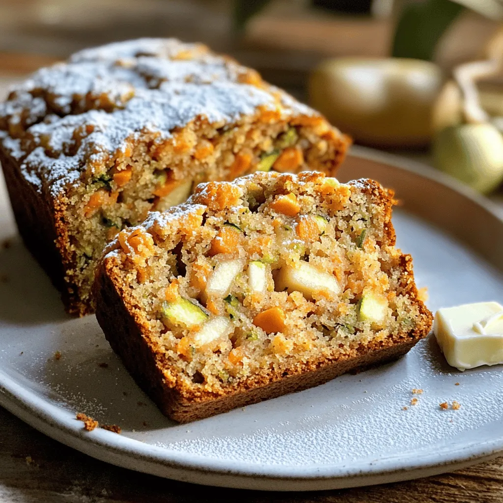- 1 cup of finely grated carrots - 1 cup of finely grated zucchini (make sure to squeeze out excess moisture) - 1 cup of peeled and finely grated apple (preferably Granny Smith for tartness) - 1/2 cup of packed brown sugar - 1/2 cup of granulated white sugar - 1/3 cup of vegetable oil (or melted coconut oil for a different flavor) - 2 large eggs, at room temperature - 1 teaspoon of pure vanilla extract - 1 1/2 cups of all-purpose flour - 1 teaspoon of baking powder - 1 teaspoon of baking soda - 1 teaspoon of ground cinnamon - 1/2 teaspoon of ground nutmeg - 1/4 teaspoon of salt - 1/2 cup of chopped walnuts or pecans (optional, for crunch) - 1/2 cup of raisins or dried cranberries (optional, for sweetness) Choosing the right ingredients makes a big difference. For carrots, select firm ones with a bright color. Look for zucchini that is smooth and dark green. Granny Smith apples add a nice tartness. They balance the sweet flavors in the bread. Fresh ingredients give your bread the best flavor. Grate your carrots and zucchini just before mixing. This keeps them moist and sweet. For the nuts and dried fruit, pick what you like best. Walnuts add a nice crunch, and raisins give a sweet burst. If you want a fun twist, try using a flavored oil. Coconut oil adds a slight sweetness. You can also use different apples for varied tastes. Each choice adds its own personality to this delightful bread. For the full recipe, check out the instructions to create this delicious treat! Preheating the Oven: Preheating is crucial. It helps the bread rise and bake evenly. Set your oven to 350°F (175°C). This temperature ensures a nice crust and moist interior. Mixing Techniques: Mixing wet and dry ingredients properly is key. Start by combining the grated carrots, zucchini, and apple in one bowl. In another bowl, whisk together the sugars, oil, eggs, and vanilla until smooth. Remember to mix gently. Overmixing can make your bread tough. Pouring and Smoothing the Batter: After mixing, pour the batter into your greased loaf pan. Use a spatula to smooth the top. This step helps the bread bake evenly and prevents any lumps. Baking Time: Bake your bread for 55-60 minutes. Check for doneness with a toothpick. Insert it into the center of the bread. If it comes out clean, your bread is ready! The top should be golden brown, which adds to the appeal of your Carrot Apple Zucchini Bread. For the full recipe, refer to the section above. Enjoy your baking! To bake the best carrot apple zucchini bread, avoid common mistakes. One big mistake is overmixing the batter. This can make the bread dense. Mix just until the wet and dry ingredients combine. Check your ingredient proportions. Use the right amounts for each item. Too much flour can dry out the bread. You can enhance the flavor by adding spices or extracts. A pinch of nutmeg brightens the taste. You could also add a splash of almond extract for a nice twist. For a great presentation, slice the bread into thick pieces. Serve it warm for the best taste. A pat of butter adds richness. Cream cheese also works well on each slice. Consider garnishing with powdered sugar. This gives a lovely touch. Pair the bread with a cup of herbal tea or a refreshing glass of apple juice. These drinks complement the bread's sweet notes perfectly. For the full recipe, check out the details above! {{image_4}} Gluten-Free Options You can make this bread gluten-free. Use a 1:1 gluten-free flour blend. This blend often includes rice flour, potato starch, and tapioca flour. It works well and keeps the bread moist. Sugar Alternatives If you want to cut sugar, try using honey or maple syrup. Use 1/3 cup of honey for every cup of sugar. Keep in mind that this will also add moisture. You can also use coconut sugar for a lower glycemic index. Adding Spices Spices can really change the flavor of the bread. Try adding ginger for a warm kick or cardamom for a floral note. A teaspoon of allspice can bring a cozy autumn vibe. Mix-ins To add even more flavor, think about mix-ins. You can stir in chocolate chips for sweetness or add chopped nuts for crunch. Dried cranberries or raisins can also add a lovely burst of flavor. To keep your carrot apple zucchini bread fresh, store it at room temperature. Wrap it well in plastic wrap or foil. This keeps moisture in and prevents it from drying out. It’s best to eat the bread within three days for the best taste. For long-term storage, you can freeze the bread. Slice it first for easy serving later. Wrap each slice in plastic wrap, then place them in a freezer bag. This method helps keep the bread fresh for up to three months. When you want to enjoy your bread again, reheating is simple. For the best taste, use the oven. Preheat it to 350°F (175°C). Place the bread on a baking sheet. Heat it for about 10-15 minutes. This warms the bread without making it too dry. If you’re short on time, the microwave works too. Place a slice on a microwave-safe plate. Heat it for 15-20 seconds. Check to see if it’s warm enough. Be careful not to overheat, as it can make the bread tough. Enjoy your delicious carrot apple zucchini bread every time! Can I use frozen zucchini in this recipe? Yes, you can use frozen zucchini. Just thaw it and squeeze out the extra water. This helps keep your bread from getting soggy. Fresh zucchini gives the best taste, but frozen works in a pinch. How can I tell when the bread is done baking? Your bread is done when a toothpick comes out clean from the center. The top should look golden brown. If it’s still wet, bake it a bit longer. Keep an eye on it to avoid over-baking. Can I make this recipe vegan? Yes, you can easily make it vegan. Replace the eggs with flax eggs or applesauce. Use a plant-based oil, like coconut oil, for added flavor. This keeps the bread moist and delicious. Why is my bread too dense? A dense bread may mean you overmixed the batter. Mix just until combined. Also, check your flour measurement. Too much flour can weigh down the bread. Use a kitchen scale for accuracy if needed. How can I make this recipe nut-free? To make it nut-free, simply skip the walnuts or pecans. You can add more dried fruit for sweetness instead. This keeps the texture nice without losing flavor. Enjoy your nut-free version! This blog post covered everything you need to make delicious, homemade bread. We outlined key ingredients, showed important baking steps, and gave useful tips to perfect your dish. You can also explore fun variations to suit your taste. Remember, proper storage helps keep your bread fresh. With these insights, you can bake with confidence. Enjoy sharing your tasty creations with family and friends!