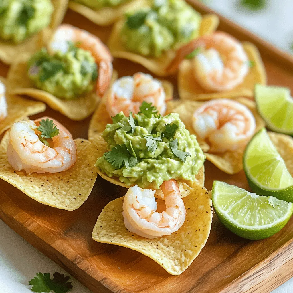 - 1 pound small shrimp, peeled and deveined - 1 ripe avocado - 1 lime, juiced Fresh ingredients make a big difference in taste. The shrimp should be small and fresh. They cook quickly and stay tender. A ripe avocado gives you a creamy texture. The lime juice adds a bright flavor. This balance makes every bite delightful. - Olive oil - Garlic powder - Smoked paprika - Salt and freshly cracked pepper Having the right pantry items is key. Olive oil helps cook the shrimp perfectly. Garlic powder gives it a nice kick. Smoked paprika adds a warm, rich taste. Salt and pepper enhance all the flavors. These staples are easy to find and elevate your dish. - Red onion - Jalapeño - Tortilla chips or cucumber slices for serving - Fresh cilantro for garnish You can add fun extras if you want. Red onion gives a sweet crunch. Jalapeño adds heat for spice lovers. Tortilla chips or cucumber slices serve as a base. They make the dish fun and easy to eat. Fresh cilantro adds color and freshness. These options let you create your perfect bite. For the full recipe, check out the Simple Shrimp and Guacamole Appetizers Delight section. Heat one tablespoon of olive oil in a medium skillet on medium heat. Once the oil is hot, add one pound of small shrimp, peeled and deveined. Sprinkle the shrimp with one teaspoon of garlic powder, one teaspoon of smoked paprika, a pinch of salt, and some freshly cracked pepper. Cook the shrimp for about two to three minutes on each side. They should turn pink and opaque when done. Remove them from the heat and move the shrimp to a plate to cool. In a mixing bowl, take one ripe avocado and mash it with a fork. Aim for a smooth yet slightly chunky texture. Next, mix in the juice of one lime, one small red onion finely diced, and one small minced jalapeño if you want some heat. Add a pinch of salt and pepper. Stir everything until it's well combined and creamy. Taste and adjust the seasoning if needed. Now it's time to put everything together. On each mini tortilla chip or cucumber slice, spread a generous dollop of the guacamole. Make sure to cover the surface well. Then, top each piece with one cooked shrimp. This creates a secure and tasty bite. Garnish with freshly chopped cilantro for a splash of color and flavor. For the complete recipe, check out the Full Recipe. To cook shrimp well, avoid overcooking. Overcooked shrimp can become tough and rubbery. Aim for just 2-3 minutes on each side. When the shrimp turn pink and opaque, they are ready. I love using smoked paprika for a rich flavor. It adds a nice depth to the dish that you will enjoy. When making guacamole, you want the right texture. Some like it chunky, while others prefer it smooth. You can mash the avocado to your liking. For freshness, add lime juice. It brightens the flavor and helps keep the guacamole from browning. A pinch of salt enhances the taste, too. Presentation matters, especially for appetizers. Serve your shrimp and guacamole bites on a colorful plate. This makes the dish pop! You can also garnish with fresh cilantro. It adds color and flavor. Arrange the bites neatly. Adding lime wedges on the side can make it look even fresher and more inviting. {{image_4}} You can spice up your shrimp with heat. Try adding different types of peppers for flavor. Jalapeños bring a nice kick, but you can go hotter with serranos or habaneros. If you want even more spice, sprinkle cayenne or chili powder on the shrimp. These spices add depth and a fun twist to your dish. Want a different taste? You can mix yogurt or sour cream into your guacamole. This adds creaminess and a tangy flavor. You can also try adding herbs like cilantro or basil for a fresh twist. Spices like cumin or smoked paprika can change the whole taste. Experiment to find your favorite mix; it’s all about personal touch! To make your appetizers pop, think about sides or drinks. Pair them with a light salad or fresh salsa for color. A cold drink, like lemonade or a light beer, can balance the flavors. If you want to turn this appetizer into a main dish, serve it over rice or lettuce wraps. This way, everyone gets a tasty meal with great textures! For the full recipe, check out the details above. To keep your shrimp and guacamole fresh, follow these best practices. First, let the shrimp cool down to room temperature. Then, put the shrimp in an airtight container. For the guacamole, use a small bowl and cover it tightly with plastic wrap. Press the wrap directly onto the surface to limit air exposure. This helps slow browning. Store both in the fridge. Use them within two days for the best taste. When reheating shrimp, avoid using a microwave. Instead, warm them in a skillet on low heat. This keeps them tender and prevents overcooking. Stir gently for about one minute. To preserve guacamole's green color, add a little more lime juice before serving. This adds flavor while keeping it fresh and bright. For parties, you can prepare shrimp and guacamole in advance. Cook the shrimp the day before and store them in the fridge. Make the guacamole on the same day to keep it fresh. You can freeze cooked shrimp for up to three months. Thaw them in the fridge before using. Guacamole does not freeze well, so it's best to make it fresh. With these tips, you will always have a tasty appetizer ready to go! This dish is quick to prepare. The total time is just 15 minutes. You can spend about 10 minutes prepping the shrimp and guacamole. Then, cook the shrimp in about 5 minutes. It’s perfect for when you need a fast snack or appetizer. Yes, you can use frozen shrimp. Start by thawing them. Place the shrimp in a bowl of cold water for about 10 to 15 minutes. This method is safe and quick. After thawing, peel and devein them if needed. Then, follow the cooking steps in the Full Recipe. Yes, this appetizer is gluten-free! You can enjoy it without worry. Just make sure to use gluten-free mini tortilla chips. If you prefer a lighter option, cucumber slices work great too. If you don’t have lime juice, you can use lemon juice. It gives a nice tang. You might also try vinegar like apple cider or white vinegar. These options add acidity to your guacamole and keep it fresh. Using fresh shrimp and ripe avocados creates a tasty appetizer. We detailed the essential ingredients, step-by-step cooking, and tips for flavor. I shared ideas for variations and storage, along with helpful FAQs. With these simple methods, you'll impress guests at your next gathering. Remember, you can adjust flavors and textures for your taste. Enjoy making this dish, and bring a burst of flavor to your table!