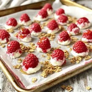 To make Raspberry Yogurt Clusters, you need only a few key items: - 2 cups fresh raspberries - 1 cup Greek yogurt (plain or vanilla) - 2 tablespoons honey or maple syrup - 1 teaspoon vanilla extract - Pinch of salt These ingredients blend perfectly to create a light and flavorful treat. You can add fun twists to your clusters: - 1/4 cup granola for extra crunch - A sprinkle of cinnamon for warmth - Chopped nuts like almonds or walnuts for added texture Feel free to mix and match these options based on your taste. If you have special dietary needs, don’t worry! Here are some swaps: - Use dairy-free yogurt if you're lactose intolerant. - Swap honey for agave syrup to keep it vegan. - Replace granola with seeds for a nut-free option. These changes help you enjoy Raspberry Yogurt Clusters without any worries. For the full recipe, check out the details above. Start by rinsing the raspberries under cold water. This helps remove dirt and bugs. Gently pat them dry with a paper towel. Be careful not to crush them. Set the cleaned raspberries aside. This step ensures they are ready for coating. In a medium bowl, mix Greek yogurt, honey or maple syrup, and vanilla extract. Add a pinch of salt for flavor. Use a whisk or spoon to stir until smooth. This yogurt mixture should be creamy and well-blended. It’s the heart of this recipe, adding sweetness and tang. Take a small fork or skewer to dip each raspberry into the yogurt mixture. Make sure each berry is fully coated. Lift it out and let excess yogurt drip back into the bowl. Line a baking sheet with parchment paper. Place each coated raspberry on the sheet, leaving space between them. If you want extra crunch, sprinkle granola on top of each cluster. Once all raspberries are coated, put the baking sheet in the freezer. Let them freeze for at least 2-3 hours. This makes sure they are firm and cold. When ready to serve, take them out and let them sit for about 5 minutes. This softens them slightly, making them easier to eat. Enjoy these Raspberry Yogurt Clusters as a fresh snack or dessert. For the full recipe, check the earlier section. To dip your raspberries well, choose fresh, firm ones. Wash them gently under cool water. After rinsing, pat them dry with a paper towel. Any water can thin the yogurt and ruin the dip. Dip each raspberry one at a time. Use a fork or skewer for a good grip. Make sure to coat the raspberry fully. This helps the yogurt stick better. For even coating, make sure the yogurt is smooth and creamy. Stir the yogurt mixture well before dipping. If you want a thicker coat, let the dipped raspberry sit for a moment. This lets some yogurt drip off. Place the coated raspberries on parchment paper, spaced apart. This keeps them from sticking together while they freeze. These yogurt clusters are great on their own. You can also serve them with dips like chocolate sauce or honey. For a fun twist, try adding a sprinkle of cinnamon or nutmeg. Pair these clusters with granola for a crunchy treat. They also work well with fresh mint leaves for a refreshing touch. Enjoy these clusters as a snack or light dessert. Check out the Full Recipe for more details on making these easy delights! {{image_4}} You can use many berries or fruits in this recipe. Try strawberries, blueberries, or blackberries. These fruits work well because they are sweet and juicy. You can also use sliced bananas or diced peaches for a twist. Just remember to coat them in yogurt like the raspberries. This adds fun flavors and colors to your clusters. You can mix and match to find your favorites. The yogurt can change how your clusters taste. Greek yogurt is creamy and tangy. Plain yogurt keeps it simple. If you want a sweeter taste, try vanilla yogurt. You can also add flavors like lemon or almond extract to the yogurt mix. A little cinnamon can add warmth, too. These flavor changes can make each batch unique and exciting. Nuts and seeds add a nice crunch to your clusters. You can use chopped almonds, walnuts, or pecans for a nutty flavor. If you prefer seeds, try chia seeds or sunflower seeds. Mix them into the yogurt or sprinkle them on top before freezing. This extra texture makes your clusters even more delightful. You can find the full recipe to see how to create these yummy treats. To keep your Raspberry Yogurt Clusters fresh, store them in an airtight container. Use a container that fits the clusters well, so they do not move around too much. Add parchment paper between layers if you stack them. This helps prevent sticking and keeps them looking great. Freezing is a great way to keep these treats tasty for longer. After making your clusters, put the baking sheet in the freezer first. Once they are frozen, transfer them to a freezer-safe bag. Remove as much air as possible before sealing. They can last for up to two months in the freezer. When you want a delicious cluster, take it out of the freezer. Let it sit at room temperature for about five minutes. This softens the yogurt and makes it easy to eat. You can also enjoy them cold if you prefer a refreshing snack. For the full recipe, check out the detailed steps above. Yes, you can make raspberry yogurt clusters ahead of time. They freeze well and stay tasty for weeks. Just prepare them, freeze, and store in a container. When you want a snack, simply take out what you need. Let them sit for a few minutes to soften before enjoying. Raspberry yogurt clusters offer many health benefits. Raspberries are low in calories and high in fiber. They are packed with vitamins and antioxidants. Greek yogurt provides protein and probiotics, which help digestion. Honey or maple syrup adds natural sweetness without refined sugar. This snack is both nutritious and satisfying. You can find pre-made raspberry yogurt clusters at some grocery stores. Look in the frozen or snack sections. Many health food stores also carry them. If you prefer homemade, the full recipe is easy to follow. Making them at home ensures you use fresh ingredients and control the flavors. You've learned about making delicious raspberry yogurt clusters. We covered essential and optional ingredients, plus smart substitutions for diets. We walked through step-by-step instructions, from preparing raspberries to serving tips. I shared helpful tricks for perfect clusters and tasty variations using other fruits. Lastly, we discussed storage methods to keep your treats fresh. By trying this recipe, you can enjoy a simple, tasty snack anytime. Happy snacking!