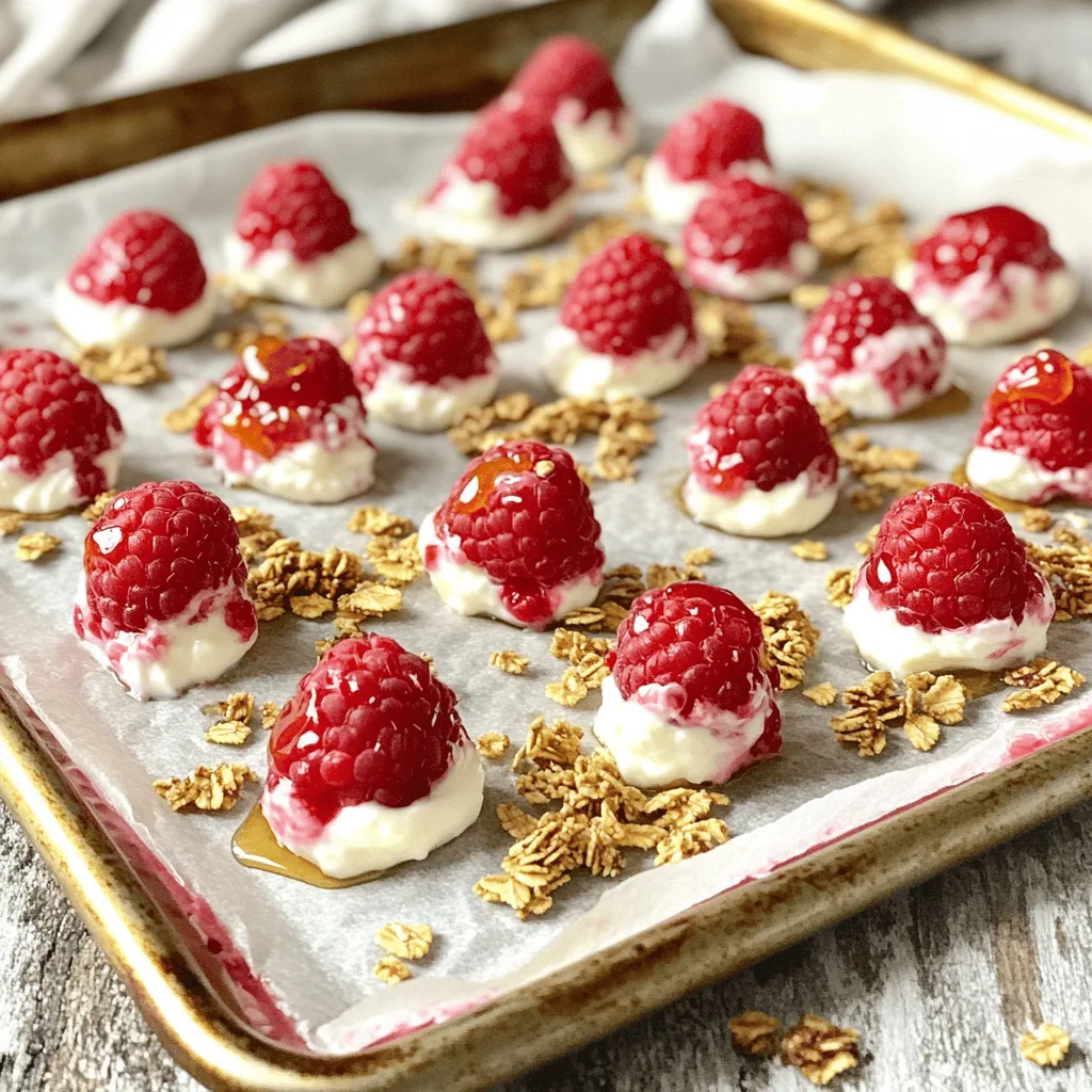 To make Raspberry Yogurt Clusters, you need only a few key items: - 2 cups fresh raspberries - 1 cup Greek yogurt (plain or vanilla) - 2 tablespoons honey or maple syrup - 1 teaspoon vanilla extract - Pinch of salt These ingredients blend perfectly to create a light and flavorful treat. You can add fun twists to your clusters: - 1/4 cup granola for extra crunch - A sprinkle of cinnamon for warmth - Chopped nuts like almonds or walnuts for added texture Feel free to mix and match these options based on your taste. If you have special dietary needs, don’t worry! Here are some swaps: - Use dairy-free yogurt if you're lactose intolerant. - Swap honey for agave syrup to keep it vegan. - Replace granola with seeds for a nut-free option. These changes help you enjoy Raspberry Yogurt Clusters without any worries. For the full recipe, check out the details above. Start by rinsing the raspberries under cold water. This helps remove dirt and bugs. Gently pat them dry with a paper towel. Be careful not to crush them. Set the cleaned raspberries aside. This step ensures they are ready for coating. In a medium bowl, mix Greek yogurt, honey or maple syrup, and vanilla extract. Add a pinch of salt for flavor. Use a whisk or spoon to stir until smooth. This yogurt mixture should be creamy and well-blended. It’s the heart of this recipe, adding sweetness and tang. Take a small fork or skewer to dip each raspberry into the yogurt mixture. Make sure each berry is fully coated. Lift it out and let excess yogurt drip back into the bowl. Line a baking sheet with parchment paper. Place each coated raspberry on the sheet, leaving space between them. If you want extra crunch, sprinkle granola on top of each cluster. Once all raspberries are coated, put the baking sheet in the freezer. Let them freeze for at least 2-3 hours. This makes sure they are firm and cold. When ready to serve, take them out and let them sit for about 5 minutes. This softens them slightly, making them easier to eat. Enjoy these Raspberry Yogurt Clusters as a fresh snack or dessert. For the full recipe, check the earlier section. To dip your raspberries well, choose fresh, firm ones. Wash them gently under cool water. After rinsing, pat them dry with a paper towel. Any water can thin the yogurt and ruin the dip. Dip each raspberry one at a time. Use a fork or skewer for a good grip. Make sure to coat the raspberry fully. This helps the yogurt stick better. For even coating, make sure the yogurt is smooth and creamy. Stir the yogurt mixture well before dipping. If you want a thicker coat, let the dipped raspberry sit for a moment. This lets some yogurt drip off. Place the coated raspberries on parchment paper, spaced apart. This keeps them from sticking together while they freeze. These yogurt clusters are great on their own. You can also serve them with dips like chocolate sauce or honey. For a fun twist, try adding a sprinkle of cinnamon or nutmeg. Pair these clusters with granola for a crunchy treat. They also work well with fresh mint leaves for a refreshing touch. Enjoy these clusters as a snack or light dessert. Check out the Full Recipe for more details on making these easy delights! {{image_4}} You can use many berries or fruits in this recipe. Try strawberries, blueberries, or blackberries. These fruits work well because they are sweet and juicy. You can also use sliced bananas or diced peaches for a twist. Just remember to coat them in yogurt like the raspberries. This adds fun flavors and colors to your clusters. You can mix and match to find your favorites. The yogurt can change how your clusters taste. Greek yogurt is creamy and tangy. Plain yogurt keeps it simple. If you want a sweeter taste, try vanilla yogurt. You can also add flavors like lemon or almond extract to the yogurt mix. A little cinnamon can add warmth, too. These flavor changes can make each batch unique and exciting. Nuts and seeds add a nice crunch to your clusters. You can use chopped almonds, walnuts, or pecans for a nutty flavor. If you prefer seeds, try chia seeds or sunflower seeds. Mix them into the yogurt or sprinkle them on top before freezing. This extra texture makes your clusters even more delightful. You can find the full recipe to see how to create these yummy treats. To keep your Raspberry Yogurt Clusters fresh, store them in an airtight container. Use a container that fits the clusters well, so they do not move around too much. Add parchment paper between layers if you stack them. This helps prevent sticking and keeps them looking great. Freezing is a great way to keep these treats tasty for longer. After making your clusters, put the baking sheet in the freezer first. Once they are frozen, transfer them to a freezer-safe bag. Remove as much air as possible before sealing. They can last for up to two months in the freezer. When you want a delicious cluster, take it out of the freezer. Let it sit at room temperature for about five minutes. This softens the yogurt and makes it easy to eat. You can also enjoy them cold if you prefer a refreshing snack. For the full recipe, check out the detailed steps above. Yes, you can make raspberry yogurt clusters ahead of time. They freeze well and stay tasty for weeks. Just prepare them, freeze, and store in a container. When you want a snack, simply take out what you need. Let them sit for a few minutes to soften before enjoying. Raspberry yogurt clusters offer many health benefits. Raspberries are low in calories and high in fiber. They are packed with vitamins and antioxidants. Greek yogurt provides protein and probiotics, which help digestion. Honey or maple syrup adds natural sweetness without refined sugar. This snack is both nutritious and satisfying. You can find pre-made raspberry yogurt clusters at some grocery stores. Look in the frozen or snack sections. Many health food stores also carry them. If you prefer homemade, the full recipe is easy to follow. Making them at home ensures you use fresh ingredients and control the flavors. You've learned about making delicious raspberry yogurt clusters. We covered essential and optional ingredients, plus smart substitutions for diets. We walked through step-by-step instructions, from preparing raspberries to serving tips. I shared helpful tricks for perfect clusters and tasty variations using other fruits. Lastly, we discussed storage methods to keep your treats fresh. By trying this recipe, you can enjoy a simple, tasty snack anytime. Happy snacking!