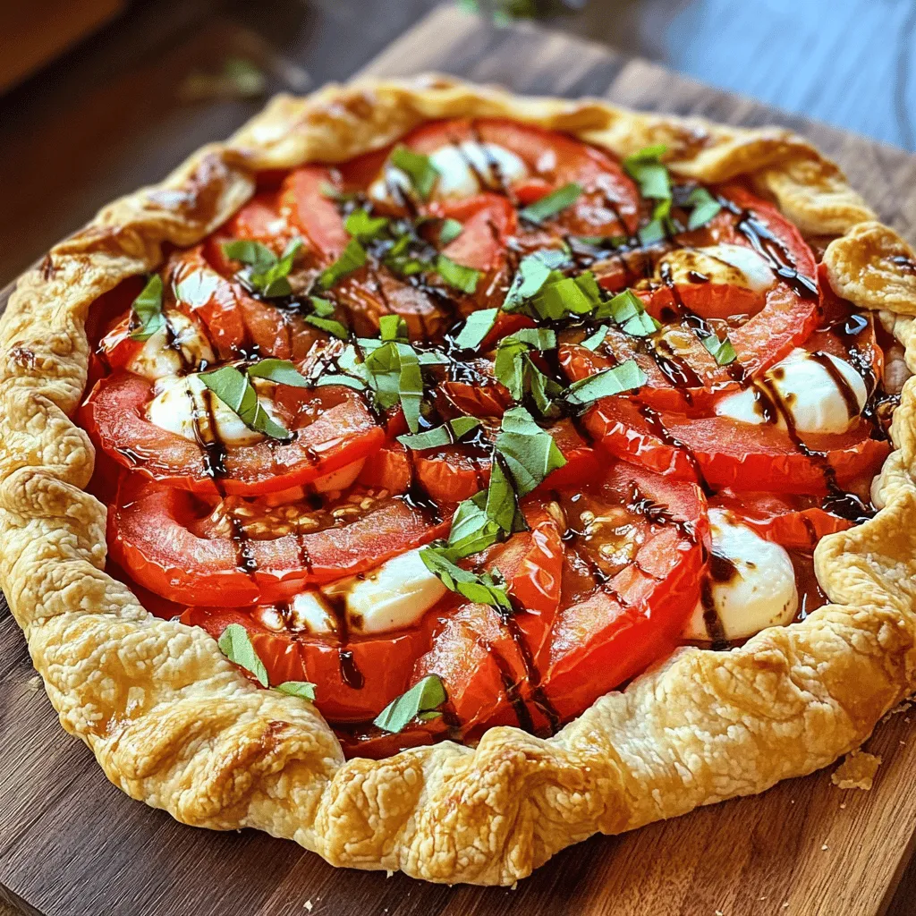 - 1 ½ cups all-purpose flour - ½ teaspoon salt - ¼ teaspoon black pepper - ½ cup unsalted butter, chilled and cut into small cubes - 5-6 tablespoons ice water - 4 medium ripe tomatoes, thinly sliced - 1 cup fresh mozzarella cheese, torn into bite-sized pieces - ¼ cup fresh basil leaves, finely chopped - 1 tablespoon balsamic glaze - Salt and pepper to taste - 1 egg, beaten (to brush the crust) To make a savory tomato galette, you need a mix of simple ingredients. First, you’ll need flour, salt, and pepper for the crust. The butter gives it a flaky texture. Ice water helps bring the dough together. For the filling, ripe tomatoes are key. They add juiciness and flavor. Fresh mozzarella gives creaminess, while basil adds a fresh touch. Balsamic glaze brings a sweet tang. Don't forget to season with salt and pepper to enhance all the flavors. - Large mixing bowl - Pastry cutter or fork - Rolling pin - Parchment paper - Baking sheet Using the right tools makes cooking easier. A large mixing bowl is great for combining your dough ingredients. A pastry cutter or fork helps mix the butter into the flour. A rolling pin is essential for rolling out the dough evenly. Parchment paper keeps your galette from sticking to the baking sheet. A sturdy baking sheet ensures even cooking. With these tools, you can create a beautiful and tasty tomato galette. If you want to see how to make it, check the Full Recipe for detailed steps. - Whisk together 1 ½ cups flour, ½ teaspoon salt, and ¼ teaspoon black pepper. - Cut in ½ cup chilled butter until the mixture resembles coarse crumbs. - Gradually mix in 5-6 tablespoons of ice water until a dough forms. - Shape the dough into a disk. - Wrap it in plastic and refrigerate for 30 minutes. - Lay out 4 sliced tomatoes and sprinkle with salt. - Roll the chilled dough on a floured surface to about 12 inches wide. - Layer 1 cup mozzarella and the tomatoes, then fold the edges over the filling. - Preheat your oven to 400°F (200°C). - Brush the edges with 1 beaten egg. - Bake for 30-35 minutes until golden brown. For the full recipe, check out the detailed instructions above! To make a great crust, start with cold butter. This helps create a flaky texture. Cut the butter into small cubes and mix it with the flour. The colder the butter, the better. Rest the dough in the fridge for at least 30 minutes. This makes it easier to roll out. Soggy crusts can ruin your galette. To avoid this, use paper towels. Lay the sliced tomatoes on them to absorb extra moisture. Sprinkle a little salt on the tomatoes and let them sit for 10 minutes. This step improves flavor and reduces sogginess. You can also pre-bake the crust for a short time. This gives the crust extra crispness before adding the filling. Don't be afraid to play with flavors! Try using different herbs like thyme or oregano. You can also switch up the cheese. Goat cheese adds a nice tang. Seasonings like garlic powder or red pepper flakes can bring extra kick. These small changes can elevate your tomato galette and make it your own. For the full recipe, check out the section above. {{image_4}} You can make your galette even better by adding vegetables. Consider using zucchini, bell peppers, or spinach. These veggies add color and extra flavor. Zucchini brings a bit of crunch, while bell peppers add sweetness. Spinach offers a nice, earthy taste. You can mix and match these options to find your favorite combo. Just remember to slice them thinly, like the tomatoes. This way, they cook evenly and blend well with the other flavors. Switching up the cheese can give your galette a fresh twist. Goat cheese or feta works great here. Goat cheese is creamy and tangy, which pairs nicely with sweet tomatoes. Feta adds a salty bite that contrasts well with the crust. You can crumble either cheese on top of the tomatoes. This will create a rich, savory flavor that takes your dish to the next level. Don’t limit yourself to just tomatoes. In fall, you can swap tomatoes for fresh peaches or apples. Peaches add a sweet, juicy twist, making the galette feel like dessert. Apples offer a tart flavor that balances well with cheese. This change keeps your galette exciting throughout the year. Each season brings new tastes to explore, so feel free to experiment! For more details on making your galette, check out the Full Recipe. To keep your galette fresh, let it cool completely. Once cooled, wrap it tightly in plastic wrap. You can also store it in an airtight container. This will keep it from drying out and maintain its flavor. If you want to save some for later, freeze the galette before baking. Wrap it well and store it for up to three months. When you're ready to bake, just pop it in the oven straight from the freezer. Just add a few extra minutes to the cooking time. To enjoy your galette again, reheat it in the oven. Set your oven to 350°F (175°C). Heat it until warmed through. This method keeps the crust crisp and the filling tasty. For more details on making this dish, check the Full Recipe. A tomato galette is a rustic pastry. It features a flaky crust filled with fresh tomatoes and cheese. The open-faced style makes it simple and beautiful. This dish highlights the flavors of ripe tomatoes, basil, and cheese. The crust is golden and crisp, making it a perfect treat for any meal. Yes, you can make the dough ahead of time. Prepare the dough and shape it into a flat disk. Wrap it tightly in plastic wrap. Store it in the fridge for up to two days. You can also freeze the dough for up to three months. Just remember to thaw it in the fridge before using. I suggest pairing your tomato galette with a simple salad. A green salad with mixed greens and a light vinaigrette works well. You can also serve it with a side of hummus or a yogurt dip. For a heartier option, try roasted veggies or a bowl of soup. Your galette is done when the crust is golden brown. The tomatoes should be tender and juicy. You can check the crust by looking for a deep color. If the edges are crisp and golden, you are all set to enjoy your dish! This blog post covered making a delicious tomato galette. You learned about the key ingredients, equipment, and step-by-step instructions. I shared helpful tips to perfect your crust and avoid sogginess. You even discovered variations and storage methods. In the end, cooking should be fun and easy. Try this recipe, and enjoy the tasty results. Cooking brings people together, and sharing this galette would surely delight your friends and family.