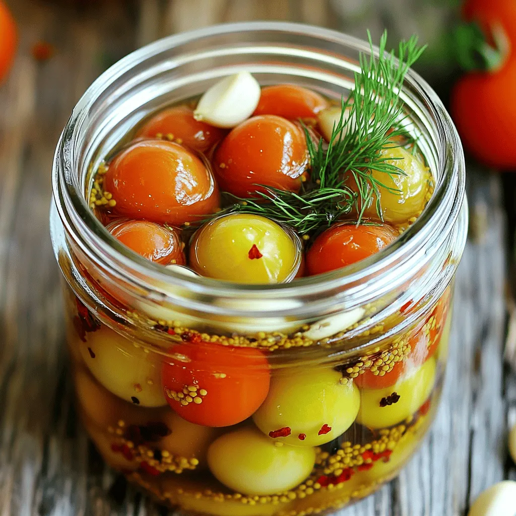- 1 pint fresh cherry tomatoes - 1 cup filtered water - 1 cup apple cider vinegar - 2 tablespoons coarse sea salt - 2 tablespoons granulated sugar - 1 teaspoon mustard seeds - 1 teaspoon coriander seeds - 1 teaspoon red pepper flakes - 2 garlic cloves, peeled and smashed - 1 sprig of fresh dill or 1 teaspoon of dried dill Choosing the best cherry tomatoes Select firm, bright cherry tomatoes. Look for ones with no blemishes or soft spots. Importance of using fresh, quality ingredients Fresh ingredients add flavor. They also make your pickles look appealing and taste great. Substitutions for vinegar and seasonings If you don’t have apple cider vinegar, use white vinegar or rice vinegar. For spices, feel free to adjust based on what you like. Try adding oregano or bay leaves for a twist. Using quality ingredients helps create the best pickled cherry tomatoes. You can follow the Full Recipe to make it easy! - Sterilizing the jar To start, you need a clean jar. Wash it in hot, soapy water. Rinse it well to remove all soap. You can also use a dishwasher on the high-heat setting. This step stops germs from ruining your pickles. - Making the brine In a medium saucepan, mix one cup of filtered water and one cup of apple cider vinegar. Add two tablespoons of coarse sea salt and two tablespoons of granulated sugar. Heat the mix on medium. Stir until the salt and sugar dissolve. Once dissolved, take it off the heat and let it cool for 10 to 15 minutes. - How to properly pack cherry tomatoes Rinse one pint of fresh cherry tomatoes and remove their stems. Place them in the sterilized jar. Pack them snugly but don’t squash them. Leave about an inch of space at the top. - Adding spices and flavorings After packing the tomatoes, sprinkle in one teaspoon of mustard seeds, one teaspoon of coriander seeds, and one teaspoon of red pepper flakes. Adjust the red pepper flakes based on your taste. Add two smashed garlic cloves and a sprig of fresh dill or one teaspoon of dried dill for extra flavor. - Pouring the brine Carefully pour the cooled brine over the tomatoes. Make sure they are completely covered. Leave half an inch of headspace at the top. This space allows for expansion. - Sealing and cooling instructions Seal the jar tightly with a clean lid. Let it cool at room temperature, away from sunlight. Once cool, place the jar in the fridge. Let it sit for at least 24 hours before tasting. For the best flavor, wait a few days. The longer they sit, the more tasty they become. For the complete recipe, check out the Full Recipe section. To adjust spice levels, start with less red pepper. You can always add more later. If you want more heat, sprinkle in some extra flakes. For a fresh twist, try adding fresh herbs like basil or oregano. These herbs bring a bright taste to the tomatoes. You can mix and match spices for a fun twist. Try garlic powder or even a dash of cumin for a unique flavor. Letting your pickles sit is key. This time helps the flavors blend and deepen. I suggest waiting at least 24 hours before tasting them. For the best taste, let them sit for three to four days. Store your pickles in the fridge. Keep them in a sealed jar. This keeps them fresh and crunchy. You can serve pickled cherry tomatoes in many ways. They make a great snack on their own. Toss them into salads for a pop of color. You can also add them to sandwiches for a burst of flavor. Pair them with cheese or meats on a charcuterie board. They add a tangy kick that everyone will love. {{image_4}} You can change the flavor of your pickled cherry tomatoes by using different vinegars. Here are some options: - White wine vinegar - Balsamic vinegar - Rice vinegar If you want to add more depth, consider these herbs and spices: - Oregano - Thyme - Bay leaves These simple swaps can create a whole new taste! For a sweet and spicy twist, add honey or maple syrup. This gives a nice balance. You can also increase the red pepper flakes for a kick! Mediterranean-style pickled cherry tomatoes are another option. Use olive oil, lemon zest, and capers. This adds a fresh, bright flavor that pairs well with many dishes. Pickled cherry tomatoes taste great in salads. Toss them with greens, cheese, and nuts for a tasty dish. They also shine in sandwiches. Layer them with meats and cheeses for a gourmet touch. These tomatoes can elevate your meals in fun ways! To keep your pickled cherry tomatoes fresh, store them in the fridge. Place them in a clean, airtight jar. This helps to seal in the flavor and keeps them safe. You can enjoy them for up to two months if stored correctly. Over time, the flavors will deepen. Can you freeze pickled cherry tomatoes? Yes, you can freeze them! However, freezing may change their texture. To prepare for freezing, first, drain the brine. Then, place the tomatoes in a freezer-safe bag. Remove as much air as possible. Label the bag with the date, and they can last up to six months in the freezer. What should you look for in spoiled pickles? Check for any off smells, changes in color, or mold. If you see bubbles in the jar, this can also mean spoilage. To safely discard pickled items, throw them in the trash. Do not compost, as this can spread bacteria. Always prioritize your health when consuming pickled foods. What is the best time to use pickled cherry tomatoes? You can use pickled cherry tomatoes anytime! They shine during summer and fall. They add a burst of flavor to salads, sandwiches, and charcuterie boards. Their tangy taste brightens up any dish. Can I reuse the brine for new batches? Yes, you can reuse the brine! Just remember to strain it to remove any bits. However, the flavor may weaken with each use. For best results, I suggest making a fresh batch of brine after a few uses. How spicy are pickled cherry tomatoes? The spice level depends on your taste. The red pepper flakes in the recipe offer a mild kick. If you like it spicier, add more flakes or fresh chili peppers to the mix. Health benefits of pickled cherry tomatoes Pickled cherry tomatoes are low in calories and high in vitamins. They contain vitamin C, which boosts your immune system. They also have antioxidants that help fight free radicals. Plus, the fermentation process supports gut health. Caloric and nutritional breakdown per serving One serving (about 4 tomatoes) has roughly 30 calories. Here's a simple breakdown: - Calories: 30 - Fat: 0g - Carbohydrates: 7g - Fiber: 1g - Sugar: 3g - Protein: 1g For the full recipe, including steps and tips, check out the [Full Recipe]. It’s easy to follow and makes pickling a breeze! Pickling cherry tomatoes is fun and simple. You learned about the key ingredients needed and how to prepare them. I shared tips to enhance flavor and variations to try. Remember to store your pickles correctly to keep them fresh. Enjoy these tasty tomatoes in salads, sandwiches, or as snacks. With a bit of patience, you can create delicious treats at home. The joy of pickling brings fresh flavors to your table. Happy pickling!