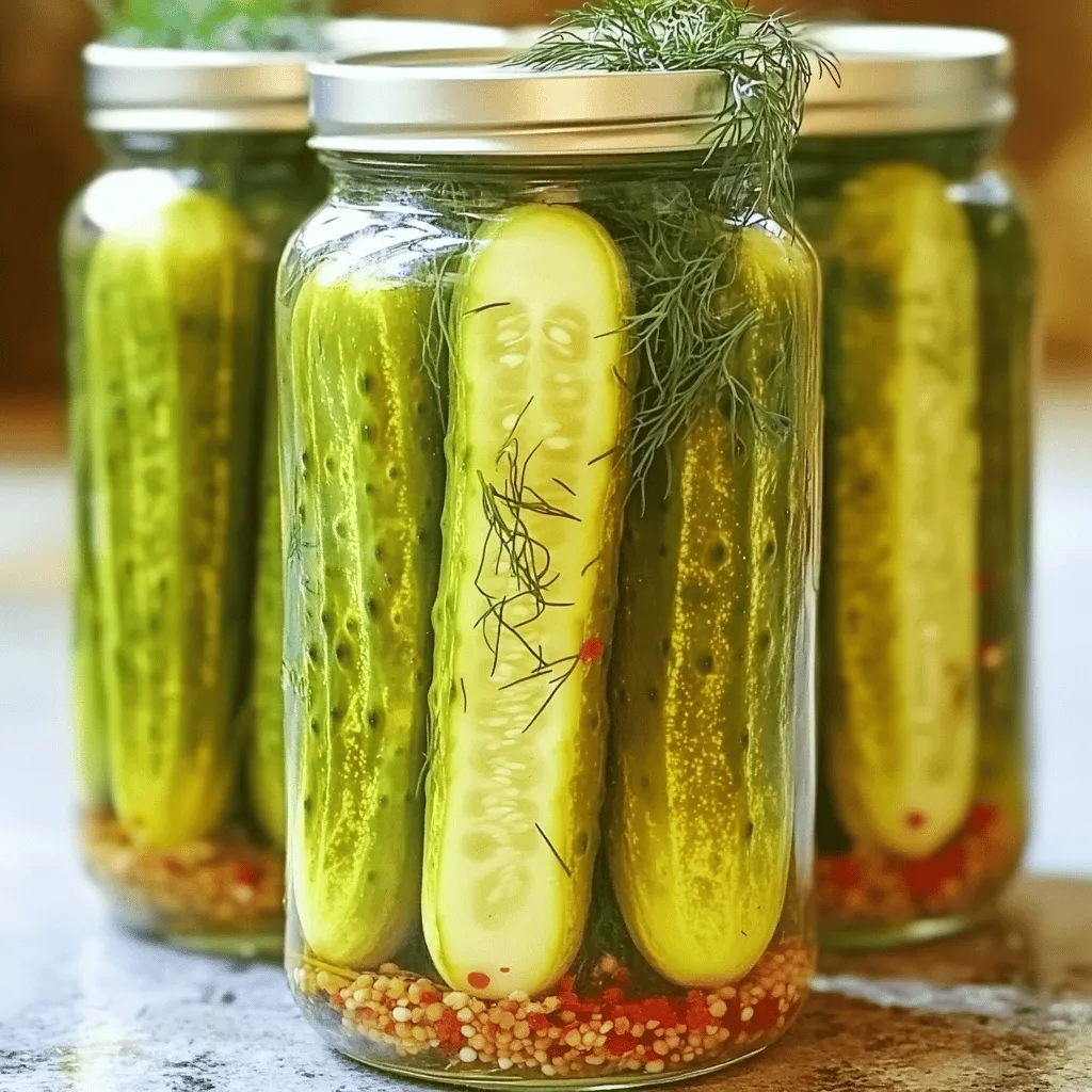 To make crunchy dill pickles, you need these simple ingredients: - 4 cups small cucumbers (preferably pickling cucumbers for the best texture) - 2 cups water - 1 cup white vinegar - ¼ cup sea salt - 3 cloves garlic, crushed - 2 teaspoons dill seeds - ½ teaspoon red pepper flakes (optional, for those who love a bit of heat) - 1 teaspoon mustard seeds - 1 tablespoon sugar - Fresh dill sprigs for garnish (optional and adds a lovely aroma) Choose small cucumbers for the best crunch. Look for pickling cucumbers, as they have a firm texture. Avoid large, soft cucumbers. Check for a bright color and no blemishes. Fresh cucumbers should feel firm when you squeeze them. Buy them at a local market or farm for quality. Vinegar is key for that tangy flavor and preservation. Use white vinegar for a clean taste. It helps keep the pickles crisp. Seasonings like dill seeds and garlic add depth. Red pepper flakes can give a nice kick if you like heat. The balance of these flavors makes the pickles delightful. To make crunchy pickles, start with fresh, small cucumbers. Wash them under cold water. Soak them in a bowl of cold water for two hours. This helps them stay firm. After soaking, cut off the blossom end of each cucumber. This step is key to keeping the pickles crisp. Next, you need to make the brine. In a saucepan, mix water, white vinegar, sea salt, sugar, crushed garlic, dill seeds, mustard seeds, and red pepper flakes if you like heat. Heat this mix on medium. Stir until the salt and sugar dissolve. Once dissolved, bring it to a gentle boil. Then, remove it from heat and let it cool to room temperature. Now, it’s time to pack the jars. First, sterilize your glass jars to keep them clean. You can boil them or use a dishwasher. Once they are cool, pack the cucumbers in the jars. Place fresh dill sprigs between the cucumbers for extra flavor. After packing, pour the cooled brine into each jar. Make sure the cucumbers are fully submerged. Leave half an inch of space at the top. This helps the pickles stay fresh. Wipe the rims of the jars with a clean cloth. Seal them with lids. Let them cool completely before putting them in the fridge. Now, your pickles will need to sit for at least 48 hours to soak up the brine. The longer they sit, the better they taste! For the full recipe, refer to the earlier section. To make your pickles crunchy, start by choosing small, firm cucumbers. Pickling cucumbers work best because they have fewer seeds and thick skin. Soaking the cucumbers in cold water for two hours helps too. Cut off the blossom end; this step is key for crunch. The blossom end contains enzymes that can soften your pickles. One common mistake is not soaking the cucumbers. Skipping this step can lead to soggy pickles. Another error is using the wrong type of vinegar. White vinegar is best for a clean taste. Overcrowding jars can also ruin crunch. Make sure to leave enough space for brine to circulate. Finally, don’t rush the pickling process. Let your pickles sit in the fridge for at least 48 hours. To add flavor, consider adding spices like mustard seeds or dill seeds. Garlic can give your pickles a nice kick. If you like heat, try adding red pepper flakes. Fresh herbs like dill sprigs add both taste and aroma. You can also experiment with a bit of sugar for a sweet touch. Remember, the balance of flavors makes your pickles truly delightful. For the full recipe, check out Crunchy Dill Pickle Delight. {{image_4}} To make spicy dill pickles, add red pepper flakes. You can use half a teaspoon for a mild kick or up to a tablespoon for more heat. Just mix the flakes into the brine before pouring it over the cucumbers. This simple change gives your pickles a bold flavor that can spice up any meal. If you prefer sweet pickles, swap the sea salt and vinegar for sugar and apple cider vinegar. Use one cup of sugar for every cup of vinegar. Add a touch of cinnamon and cloves for extra sweetness. This mix creates a delightful contrast to the tartness of the cucumbers. Sweet pickles are perfect for sandwiches or as a tasty snack. You can enhance your pickles with various herbs and spices. Try adding whole black peppercorns, coriander seeds, or mustard seeds to the brine. Fresh herbs like thyme or basil can also work well. By experimenting with these flavors, you can create unique pickles that suit your taste. Each batch becomes a new adventure in flavor! For the complete process to make these crunchy pickles, check the Full Recipe. To keep your crunchy pickles fresh, store them in the fridge. Use clean glass jars with tight lids. Make sure the cucumbers are fully submerged in the brine. This keeps them from drying out. You can also place a piece of parchment paper under the lid for extra sealing. Avoid storing them in warm places. They thrive in cool, dark areas. Homemade pickles can last for up to 2 months in the fridge. If you see any change in color or texture, check them closely. They may spoil sooner if not properly sealed. Always label your jars with the date you made them. This helps track their freshness. Look for a few signs to know if your pickles are bad. If there’s a foul smell or bubbles, it’s best to discard them. If you see mold on the surface, throw them out immediately. A change in color can also indicate spoilage. Trust your senses; if something does not seem right, it’s safer to toss them. For more tips, check out the Full Recipe on how to make crunchy pickles! You should let your pickles sit for at least 48 hours. This time allows them to soak up the brine. If you wait longer, the flavor gets better! Some even say a week is best for taste. Just remember, the longer they sit, the more flavorful they become. Yes, you can use many types of cucumbers. However, small pickling cucumbers work best. They stay crunchy and absorb brine well. If you use larger cucumbers, cut them into spears or slices. They may not be as crunchy, but they will still taste great! If your pickles are not crunchy, check a few things. First, did you soak them in cold water? This step is key for crunch. Second, did you remove the blossom end? This part can make them soft if left on. Lastly, make sure your brine is cool before you pour it over the cucumbers. If you follow the Full Recipe, you should get great crunchy pickles! You learned how to make crunchy dill pickles and why each step matters. Choosing the right cucumbers and using quality vinegar is key. Remember to pack your jars tightly for the best result. Avoid common mistakes to keep that crunch. Explore variations like spicy or sweet pickles to suit your taste. In the end, proper storage keeps your pickles fresh. With these tips, enjoy delicious pickles anytime!