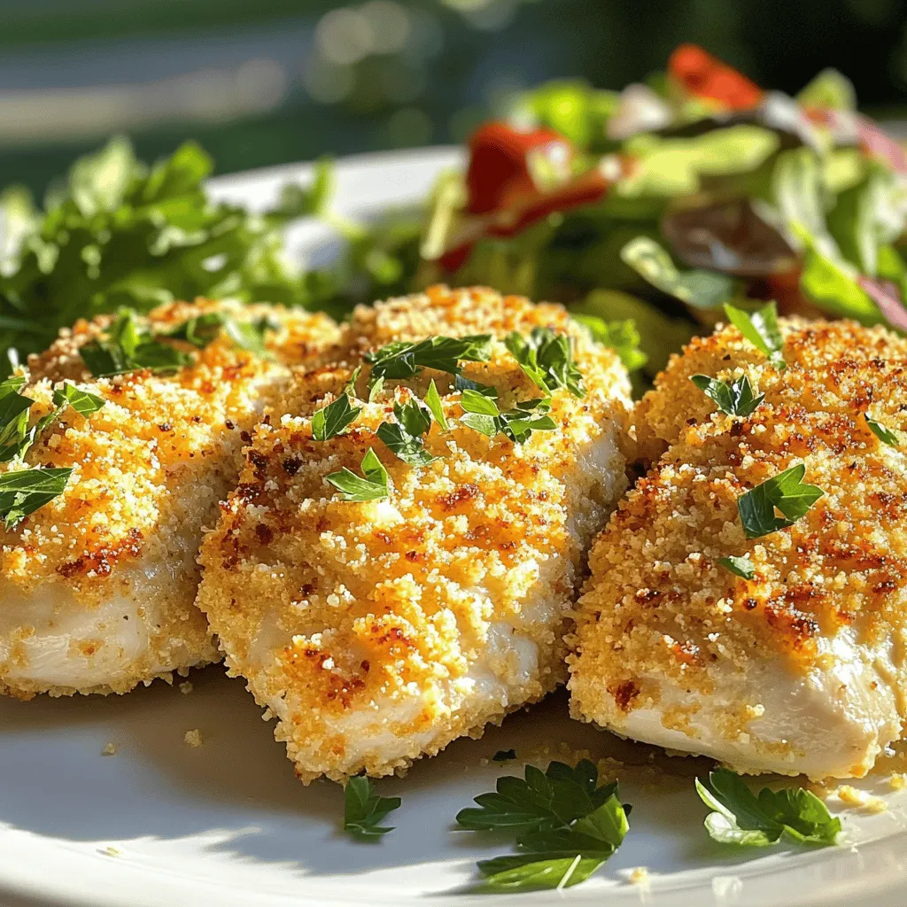 - 4 boneless, skinless chicken breasts - 1 packet ranch seasoning mix - 1 cup buttermilk - 1 cup breadcrumbs (panko preferred) - 1/2 cup grated Parmesan cheese - 1 teaspoon garlic powder - 1 teaspoon onion powder - Salt and black pepper to taste - Fresh parsley for garnish To make your own buttermilk, mix 1 cup of milk with 1 tablespoon of vinegar. Let it sit for a few minutes, and you’ll have a great substitute. You will need a mixing bowl, a baking sheet, and parchment paper for easy cleanup. Using these simple ingredients and tools, you can create a dish that is both easy to make and full of flavor. The ranch seasoning adds a nice kick, while the buttermilk keeps the chicken juicy. This recipe makes a great weeknight meal. For the full recipe, check out the details above. Set your oven to 400°F (200°C). This temperature helps the chicken cook evenly and get golden brown. In a medium mixing bowl, combine 1 cup of buttermilk and 1 packet of ranch seasoning. Mix well until they blend nicely. This marinade will give the chicken lots of flavor. Soak 4 boneless, skinless chicken breasts in the marinade. Make sure they are fully coated. Cover the bowl and refrigerate for at least 30 minutes. You can also leave it for up to 4 hours. The longer, the better the flavor. In a shallow dish, mix 1 cup of breadcrumbs, 1/2 cup of grated Parmesan cheese, 1 teaspoon of garlic powder, 1 teaspoon of onion powder, and a sprinkle of salt and pepper. This crunchy coating adds a tasty texture. Take the marinated chicken out of the bowl. Let any extra marinade drip off. Dredge each chicken breast in the breadcrumb mixture. Press lightly to ensure an even coating all over. Place the coated chicken on a greased baking sheet lined with parchment paper. Bake in the preheated oven for 25-30 minutes. Check that the chicken reaches an internal temperature of 165°F (75°C) to ensure it is fully cooked. You can find the full recipe here for all the details. For the best taste, let the chicken marinate longer. I suggest at least 4 hours. The ranch seasoning and buttermilk will soak in, making the chicken juicy and full of flavor. If you can, marinate overnight for even richer taste. If you want a faster meal, try air frying. It cooks the chicken quickly while keeping it moist. Set your air fryer to 375°F (190°C) and cook for about 20 minutes. Always check the chicken’s inner temperature to make sure it's safe. This dish pairs well with a fresh salad or steamed veggies. A colorful salad adds crunch and brightness to your plate. For extra zest, serve with lemon wedges. Just a squeeze of lemon can brighten the flavors of the chicken and make it more enjoyable. {{image_4}} To make your baked ranch chicken even more exciting, try adding spices. Paprika gives a nice color and mild flavor. If you want a kick, sprinkle in some cayenne pepper. Both spices will enhance the taste without overpowering the ranch flavor. Not a fan of chicken breasts? No problem! You can use chicken thighs or drumsticks instead. These cuts are juicier and full of flavor. Just adjust the cooking time slightly. Thighs and drumsticks may need a few extra minutes to cook through. If you're looking for a gluten-free option, switch to gluten-free breadcrumbs. They work just as well in this recipe. This simple swap lets everyone enjoy the dish without worry. Remember to check the seasoning mix for gluten ingredients too. For the full recipe, check the section above. To store your baked ranch chicken leftovers, let it cool first. Once cool, place the chicken in an airtight container. It stays fresh in the fridge for up to three days. If you want to keep it longer, consider freezing it. For freezing, wrap individual pieces in plastic wrap, then place them in a freezer bag. This method helps prevent freezer burn. When you're ready to eat, thaw the chicken in the fridge overnight. Reheat it in the oven at 350°F (175°C) until hot. This keeps the chicken juicy and tasty. Use airtight containers for the best storage. Glass containers work well because they don’t stain. Aluminum foil is good for wrapping too. It’s light and easy to use. Keeping your ranch chicken well stored ensures you enjoy it later! For the full recipe, check out the previous sections. - 25-30 minutes at 400°F. Baking ranch chicken is quick and easy. This method keeps the chicken juicy and flavorful. The high heat helps to create a nice, crispy outside. - Yes, you can use a homemade buttermilk substitute. If you don't have buttermilk, it's simple to make your own. Just mix 1 cup of milk with 1 tablespoon of vinegar. Let it sit for a few minutes. This will work great in the recipe. - Should reach an internal temperature of 165°F (75°C). To ensure your chicken is safe to eat, always check the internal temperature. An instant-read thermometer makes this easy. Place it in the thickest part of the chicken to get an accurate reading. - Yes, marinating overnight will intensify the flavors. Longer marinating really enhances the taste of the chicken. Just remember to keep it in the fridge. A flavorful marinade can make this dish even better. For the best results, try marinating for at least four hours. This ranch chicken recipe is simple and tasty. You learned about the key ingredients, like chicken breasts and ranch seasoning. I shared how to prepare, marinate, and bake the chicken. Remember to let it marinate longer for more flavor. Feel free to try different spices or chicken cuts. Proper storage will keep leftovers fresh. With these tips, you can make a delicious meal that impresses. Enjoy your cooking adventure!