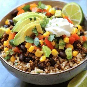 - 1 lb ground beef - 1 tablespoon olive oil - 1 small onion, finely diced - 2 cloves garlic, minced - 1 bell pepper (any color), finely diced - 1 cup uncooked brown rice - 2 cups beef broth or water - 1 can (15 oz) black beans, drained and rinsed - 1 cup corn (canned or frozen) - 1 teaspoon ground cumin - 1 cup diced tomatoes (fresh or canned) - ½ cup shredded cheese (cheddar or Monterey Jack) - ½ cup sour cream or Greek yogurt - 1 ripe avocado, sliced - Fresh cilantro, chopped for garnish - Lime wedges for serving Gathering these ingredients is the first step to a tasty meal. I love using ground beef for its rich flavor. The olive oil helps sauté the veggies and adds a nice touch. Onions, garlic, and bell pepper blend together well, creating a fragrant base. The brown rice gives the dish a hearty feel. I usually opt for beef broth over water for a deeper taste. Black beans bring fiber and protein, while corn adds a sweet crunch. Ground cumin ties all these flavors together. Do not forget the toppings! Diced tomatoes brighten the bowl, and cheese adds creaminess. A dollop of sour cream or Greek yogurt gives a cooling effect. The avocado slices offer a creamy texture. Finally, fresh cilantro brightens up the dish, and lime wedges add a punch. For the full recipe, check out the Beefy Fiesta Burrito Bowl. - Heat 1 tablespoon olive oil in a large skillet over medium heat. - Add 1 small onion, finely diced, and sauté until soft, about 3-4 minutes. - Mix in 2 cloves garlic, minced, and 1 bell pepper, finely diced. Cook for another 2-3 minutes. - Increase heat to medium-high. Add 1 lb ground beef. Brown it for 6-8 minutes, breaking it apart. - Stir in 1 teaspoon ground cumin, 1 teaspoon chili powder, ½ teaspoon smoked paprika, salt, and pepper. Let the spices mix well for 1-2 minutes. - In a separate pot, bring 2 cups beef broth or water to a boil. - Once boiling, add 1 cup uncooked brown rice. Reduce heat to low and cover the pot. - Let it simmer for about 45 minutes, or until the rice is soft and liquid is absorbed. - After cooking the rice, stir in 1 can black beans (drained and rinsed), 1 cup corn (canned or frozen), and 1 cup diced tomatoes. - Mix well and heat everything through for about 5 minutes. This ensures all ingredients blend nicely. - Now, your hearty base is ready for assembling the bowl! For the complete recipe, check out the Full Recipe section. Want to mix things up? You can swap ground beef for other proteins. Try chicken or turkey for a lighter meal. Quinoa is a great plant-based option too. It adds protein and keeps the bowl hearty. If you prefer a vegetarian dish, omit the beef. Focus on beans and veggies instead. Increase black beans and add more bell peppers, corn, or even zucchini. This keeps it filling and tasty. Looking for low-carb options? Use cauliflower rice instead of brown rice. It gives you that base without the carbs. Just sauté riced cauliflower for a few minutes until tender. To cut down on sodium, use low-sodium beef broth. You can also rinse canned beans to reduce salt. For fewer calories, skip the cheese or use a lighter version. Make your bowl pop with color. Start with a layer of seasoned rice, then add the beef mixture. Arrange toppings like cheese, avocado, and sour cream on top. Use vibrant bowls to show off each layer. A sprinkle of fresh cilantro adds a nice touch. Finish with a lime wedge to brighten up the flavors. For more fun, encourage everyone to squeeze lime over their bowl. For the full recipe, check the earlier section. {{image_4}} You can easily spice up your burrito bowl. Try adding jalapeños for some heat. Hot sauce also works well if you like it extra spicy. For a Southwestern twist, use chipotle peppers or extra spices. This will bring a nice smoky flavor to your dish. You can change the theme of your bowl to make it special. A Southwest-style bowl can include black olives and taco seasoning. Just mix these in with your beef for a tasty kick. If you prefer a Mediterranean twist, add feta cheese and olives. These flavors will surprise your taste buds and make your meal unique. Consider what you want to serve with your bowl. Tortilla chips are a great side. They add crunch and pair well with the flavors. You can also serve it with Mexican corn for a sweet touch. Add-on ideas include fresh salsa or creamy guacamole. These toppings can enhance the taste and texture of your meal. To store your Ground Beef Burrito Bowl leftovers, let them cool down first. Place them in an airtight container. This keeps the flavors fresh. Store the bowl in the fridge for up to three days. After that, the taste may fade, and the texture could change. For longer storage, consider freezing individual parts. You can freeze the beef mix and rice separately. Use freezer-safe containers and label them with the date. When you’re ready to eat, thaw the components in the fridge overnight. This helps keep the flavor intact. When reheating, use the microwave or stovetop. For the microwave, heat in short bursts. Stir in between to ensure even warmth. If you use the stovetop, add a splash of broth or water. This keeps the beef juicy. Avoid sogginess by reheating rice in a pan with a bit of oil. This gives it a nice texture again. Making a Ground Beef Burrito Bowl takes about 1 hour and 10 minutes. - Prep Time: 20 minutes - Cook Time: 50 minutes This includes time for chopping, cooking, and assembling. The brown rice takes about 45 minutes to cook. While it's cooking, you can prep the beef and veggies. This makes it easy to manage your time. Yes, you can use other proteins in this recipe. Ground turkey or chicken works well too. If you want a vegetarian option, try black beans or lentils. These alternatives add great flavor and texture. Toppings can really make your burrito bowl pop! Here are some great options: - Shredded cheese (cheddar or Monterey Jack) - Sour cream or Greek yogurt - Fresh avocado slices - Diced tomatoes - Chopped fresh cilantro - Lime wedges for a zesty touch These toppings add fun flavors and colors to your meal. Mix and match to find your favorites! For the Full Recipe, check out the detailed instructions above. This blog explains how to make a delicious Ground Beef Burrito Bowl. We covered the main and additional ingredients, step-by-step cooking instructions, and tips for customization. I shared fun variations to keep your meals exciting. To top it all off, proper storage and reheating tips will help you enjoy your leftovers. Creating flavorful meals at home doesn’t have to be hard. With these simple steps, you can make quick and tasty dinners that impress. Enjoy experimenting with your burrito bowl!