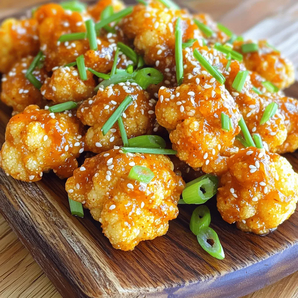 - 1 large head of cauliflower, cut into bite-sized florets - 1 cup all-purpose flour - 1/2 cup cornstarch - 1 teaspoon garlic powder - 1 teaspoon onion powder - 1/2 teaspoon smoked paprika - 1/4 teaspoon cayenne pepper (adjust to taste for spiciness) - Salt and black pepper to taste - 1 cup cold water - Vegetable oil (for frying) - 1 cup mayonnaise - 2 tablespoons sweet chili sauce - 1 tablespoon sriracha (add more for extra heat) - 1 tablespoon honey or maple syrup - 2 green onions, thinly sliced - Sesame seeds (for garnish, optional) Bang Bang Cauliflower is a treat that packs a punch. The crisp cauliflower gets a flavorful kick from the sauce. You can easily adjust the spice level to fit your taste. The ingredients are simple but create a dish that feels special. When you gather these items, you set the stage for an amazing cooking adventure. - Blanching Techniques Start by filling a large pot with water. Add a generous pinch of salt and bring it to a boil. Once boiling, add the cauliflower florets. Blanch them for about 2-3 minutes. You want them slightly tender but still crisp. After blanching, drain the florets in a colander. Let them cool completely before moving on. - Cooling Process Cooling is key. If you don’t cool the florets, the batter won't stick well. Spread them out on a clean kitchen towel for quick cooling. This step keeps the cauliflower from steaming and helps it stay crispy when fried. - Combining Dry Ingredients In a large mixing bowl, whisk together the all-purpose flour, cornstarch, garlic powder, onion powder, smoked paprika, cayenne pepper, salt, and black pepper. Make sure all the dry ingredients mix well. This blend adds depth to the flavor. - Achieving the Right Consistency Gradually pour in cold water while stirring. Keep mixing until the batter is smooth and lump-free. You want it to be thick enough to coat the cauliflower but not so thick that it clumps. Adjust with more water if needed. - Heating the Oil Pour about 1-2 inches of vegetable oil into a large skillet. Heat the oil over medium-high heat. Aim for a temperature of 350°F (175°C). To test, drop a small spoonful of batter into the oil. It should bubble and sizzle right away. - Frying Process Carefully dip each cauliflower floret into the batter. Let the excess batter drip off. Gently place it into the hot oil. Fry in batches to avoid overcrowding. Cook for 4-5 minutes until golden brown and crispy. Flip them occasionally for even cooking. - Removing Excess Oil Once fried, use a slotted spoon to take the cauliflower out. Place them on a plate lined with paper towels. This helps absorb any excess oil and keeps them crunchy. - Mixing Ingredients In a small bowl, combine mayonnaise, sweet chili sauce, sriracha, and honey or maple syrup. Stir until fully mixed. This sauce adds a nice kick, balancing the crunch of the cauliflower. - Adjusting Spice Levels Taste your sauce. If you like more heat, add extra sriracha. For a milder flavor, reduce the amount. This step lets you personalize the dish to your taste. - Tossing with Sauce Place the crispy cauliflower into a large mixing bowl. Drizzle the Bang Bang sauce over them. Gently toss the cauliflower to coat each piece evenly. This step ensures every bite is flavorful. - Ensuring Even Coverage Make sure all the pieces have sauce. You want that delicious flavor on every floret. If needed, add more sauce until you reach your desired coating. - Suggested Presentation Transfer the sauced cauliflower to a serving platter. For a nice touch, garnish with sliced green onions and sesame seeds. This makes the dish look appealing and inviting. - Additional Serving Ideas You can serve this dish as an appetizer or a side. Pair it with extra Bang Bang sauce in a small bowl for dipping. It’s a perfect snack for gatherings or movie nights. For the complete recipe, check the Full Recipe. - Temperature Control: Keep your oil hot, around 350°F (175°C). This helps the batter cook fast and stay crispy. If the oil is too cool, the cauliflower absorbs oil and becomes soggy. - Frying Techniques: Fry in small batches. Overcrowding the pan lowers the oil temperature. This can lead to uneven cooking. Frying just a few pieces at a time helps each floret get that golden color. - Spice Adjustments: Want a kick? Add more cayenne to the batter. If you like it milder, cut back. Taste the batter and adjust to your liking before frying. - Alternative Sauces: Try different sauces for variety. A yogurt-based sauce can add creaminess. Or, mix in peanut sauce for an Asian twist. - Best Frying Pan or Skillet: Use a deep skillet or a heavy pot. This ensures even heat distribution. A non-stick surface helps the cauliflower cook without sticking. - Essential Cooking Tools: Have a slotted spoon ready. This helps drain excess oil after frying. A thermometer is also handy for checking oil temperature. It ensures perfect frying every time. For more detailed steps, check the [Full Recipe]. {{image_4}} You can easily make Bang Bang Cauliflower vegan. Just swap the mayonnaise for plant-based options. Many brands offer creamy vegan mayo that works well. You can also use blended silken tofu. It gives a nice texture and flavor. If you need gluten-free options, replace all-purpose flour with a gluten-free blend. You can use almond flour or rice flour too. They help achieve a crispy batter. To make your Bang Bang Cauliflower stand out, try different flavors. You can add Asian-inspired ingredients like sesame oil or ginger. These will enhance the taste and make it more exciting. Experiment with spice mixes too. Try curry powder for a warm twist or smoked chili for a smoky flavor. These changes can add depth and fun to your dish. Bang Bang Cauliflower shines when paired with tasty dipping sauces. Sweet chili sauce or a tangy ponzu sauce works well. You can also serve it with a creamy ranch dip for a twist. For a hearty meal, create a cauliflower bowl. Start with a base of rice or quinoa. Top it with the saucy cauliflower, fresh veggies, and a drizzle of your favorite sauce. This makes for a colorful and satisfying dish. Check out the Full Recipe for more details on how to make this dish shine! Refrigerator Storage Tips After enjoying your Bang Bang Cauliflower, store leftovers in an airtight container. This keeps them fresh for up to three days. Make sure the cauliflower cools down first. If you want to keep the crispiness, store the sauce separately. Freezing Options You can freeze Bang Bang Cauliflower for longer storage. Place the cooled, cooked florets on a baking sheet. Ensure they do not touch each other. Freeze them for about an hour, then transfer to a freezer-safe bag. They stay good for about three months. When ready to eat, thaw in the fridge overnight before reheating. Best Practices for Crispiness To keep your cauliflower crispy, use the oven. Preheat it to 400°F (200°C). Spread the florets on a baking sheet in a single layer. Heat for about 10-15 minutes until they are hot and crispy again. Microwave vs. Oven The microwave is faster but can make the cauliflower soggy. If you are in a hurry, use it for quick reheating. Place the florets on a microwave-safe plate. Heat in 30-second bursts until warm. For the best taste and texture, the oven is the better choice. Now you're ready to store and enjoy your Bang Bang Cauliflower at any time! For the full recipe, check out the complete guide. Bang Bang Cauliflower is a tasty dish made with fried cauliflower. It has a crispy texture and a spicy, creamy sauce. The key flavors are savory, spicy, and a bit sweet. The sauce combines mayonnaise, sweet chili sauce, and sriracha for a burst of flavor. Yes, you can prep this recipe ahead of time. Blanch the cauliflower earlier in the day. Store it in the fridge until you are ready to fry. The sauce can also be made in advance. Just mix the ingredients and keep it in a sealed container. You can use broccoli or Brussels sprouts instead of cauliflower. They both work well in this recipe. Adjust cooking times based on the size of the pieces. Smaller pieces will cook faster, while larger ones may need more time. Bang Bang Cauliflower can be a healthy choice. Cauliflower is low in calories and high in fiber. The dish does use oil for frying, which adds calories. You can also bake the cauliflower for a lighter option. Use the sauce sparingly to keep it healthier. For the complete cooking instructions and ingredient list, check out the Full Recipe. This blog post covered how to make Bang Bang Cauliflower from scratch. We explored the list of ingredients, detailed the step-by-step preparation, and shared useful tips for the perfect dish. You learned about flavor variations and how to store leftovers. Remember, this dish is versatile and can fit many diets. Enjoy experimenting with spices and sauces. Try serving it in fun ways to impress others. Creating tasty meals can be easy and rewarding. Happy cooking!