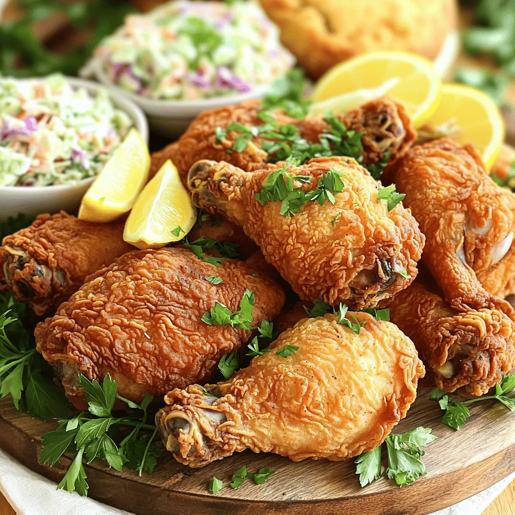To make tasty Southern fried chicken, gather these key ingredients: - 4 chicken thighs, skin-on - 4 chicken drumsticks - 2 cups buttermilk - 1 tablespoon hot sauce - 2 cups all-purpose flour - 1 tablespoon garlic powder - 1 tablespoon onion powder - 1 teaspoon smoked paprika - 1 teaspoon cayenne pepper - 1 teaspoon salt - 1 teaspoon black pepper - Vegetable oil, for frying These ingredients create a flavorful chicken that is juicy inside and crispy outside. The buttermilk helps tenderize the chicken, while the spices bring warmth and depth. You can enhance your fried chicken with these optional ingredients: - Fresh herbs like thyme or rosemary - Lemon zest for brightness - A pinch of sugar to balance flavors Adding these ingredients can elevate your dish. Fresh herbs offer aroma, while lemon adds a zesty kick. A hint of sugar can round out the spice profile nicely. When choosing chicken, I recommend looking for: - Skin-on cuts for extra crunch - Bone-in pieces for more flavor - Fresh chicken over frozen for the best taste Skin-on cuts lock in moisture and create that desired crispy texture. Bone-in pieces also provide rich flavor, making your fried chicken even more delicious. Always ask your butcher for the freshest options available. For the complete recipe, check out the Full Recipe. To start, you need to make a tasty marinade. In a large bowl, mix 2 cups of buttermilk with 1 tablespoon of hot sauce. Whisk until it blends well. Next, add your chicken thighs and drumsticks into the bowl. Make sure each piece is covered in the marinade. Cover the bowl with plastic wrap and place it in the fridge. Let the chicken marinate for at least 2 hours, but overnight is best for great flavor. After marinating, it’s time to coat the chicken. In a medium bowl, mix together 2 cups of all-purpose flour, 1 tablespoon of garlic powder, 1 tablespoon of onion powder, 1 teaspoon of smoked paprika, 1 teaspoon of cayenne pepper, 1 teaspoon of salt, and 1 teaspoon of black pepper. Stir these ingredients until they are evenly mixed. Take each piece of chicken from the marinade and let excess liquid drip off. Dredge the chicken in the seasoned flour, pressing lightly for a good coat. Shake off any extra flour. Now, let’s fry the chicken! In a large skillet or Dutch oven, heat about 1 inch of vegetable oil over medium-high heat. Use a thermometer to check the oil temperature. You want it to reach 350°F (175°C). Carefully place the chicken pieces into the hot oil in batches. Avoid overcrowding the pan. Fry each batch for about 10-12 minutes per side. The chicken should turn a lovely golden brown. Use a meat thermometer to check that the inside reaches 165°F (75°C). Adjust the heat to keep the oil temperature steady. Once cooked, place the chicken on a wire rack over a baking sheet. This helps drain the excess oil. Let the chicken rest for 5 minutes before serving. This keeps it juicy and delicious. To get that perfect crispy coating, start with the right marination. Use buttermilk; it tenderizes chicken. The acid breaks down proteins and adds flavor. Let your chicken soak for at least two hours. Overnight is even better. When coating the chicken, press the flour mix onto the surface. This helps the coating stick well. Avoid shaking off too much flour; you want a thick layer for crunch. The right oil makes a big difference. Use oils with a high smoke point, like vegetable oil or peanut oil. These oils can withstand heat without burning. I prefer vegetable oil for its neutral taste and great frying ability. Avoid olive oil; it burns too quickly. Heat about one inch of oil to 350°F (175°C) for best results. This hot oil will create that golden, crispy crust we all love. A cooking thermometer is key for perfect fried chicken. Use one to check oil temperature. If the oil is too cold, your chicken will be greasy. Too hot, and it will burn outside but stay raw inside. Once your chicken is frying, check the internal temperature too. It should reach 165°F (75°C) in the thickest part. This ensures your chicken is safe to eat and perfectly cooked. {{image_4}} If you love a kick, try spicy Southern fried chicken. Add heat with more cayenne pepper or hot sauce. You can mix in some chili powder for extra flavor. I often use jalapeños in the buttermilk for a zesty twist. This gives your chicken a bold taste that pairs well with cooling sides like coleslaw. You can enjoy Southern fried chicken even if you avoid gluten. Simply swap the all-purpose flour for gluten-free flour. I recommend using a blend that mimics regular flour. It keeps the texture crispy and light. Make sure to check that your hot sauce and other seasonings are also gluten-free. You won’t miss out on flavor at all! If you want a healthier choice, try oven-baked Southern fried chicken. Preheat your oven to 425°F (220°C). Once your chicken is coated, place it on a wire rack set in a baking sheet. Bake for about 30-40 minutes or until golden brown. This method cuts down on oil but still gives you that crispy texture you crave. You can enjoy your fried chicken with less guilt! For more delicious ideas, check out the Full Recipe for Southern Comfort Fried Chicken. To keep your leftover fried chicken fresh, let it cool to room temperature. Place it in an airtight container or wrap it tightly in plastic wrap. This prevents air from drying it out. Store the container in the fridge. Properly stored, your chicken can last for up to four days. When you want to reheat your chicken, use the oven. Preheat it to 375°F (190°C). Place the chicken on a baking sheet. Heat for about 15-20 minutes. This method keeps the skin crispy while warming the meat. You can also use an air fryer. Set it to 350°F (175°C) and heat for about 10 minutes. Both ways ensure a tasty bite. If you have more chicken than you can eat, freezing is a great option. First, let the chicken cool down. Wrap each piece tightly in plastic wrap. Then, place the wrapped chicken in a freezer bag or container. This prevents freezer burn. You can freeze it for up to three months. To enjoy later, thaw it in the fridge overnight before reheating. For a delicious meal anytime, follow the Full Recipe for perfect results! Yes, you can use boneless chicken. Boneless thighs or breasts work well. They cook quickly and still taste great. Just remember to adjust the cooking time. Boneless chicken needs less time than bone-in. Keep an eye on the temperature. You want it to reach 165°F for safe eating. You can marinate the chicken for at least 2 hours. However, overnight is best for the best flavor. The longer you marinate, the more tender and tasty the chicken becomes. Just make sure to keep it in the fridge. This keeps it cold and safe to eat. Southern fried chicken pairs nicely with many side dishes. Here are some favorites: - Creamy coleslaw - Fluffy cornbread - Mashed potatoes with gravy - Collard greens - Baked beans - Sweet potato fries These sides add flavor and balance to your meal. They create a truly Southern feast. For more ideas, check the Full Recipe for inspiration. This blog post covered the essential ingredients and step-by-step instructions for making Southern fried chicken. You learned how to choose chicken cuts, prepare a great marinade, and fry your chicken to crispy perfection. I shared tips for coating as well as oil choices. You explored variations and storage info, plus answered your burning questions. Now, you have all the tools to make delicious fried chicken. Enjoy your cooking and share this easy recipe with friends!