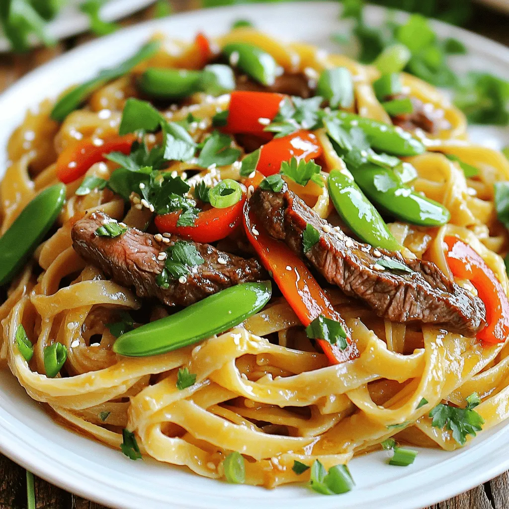 - 8 oz spaghetti or fettuccine - 1 lb sirloin steak, sliced into thin strips - 4 cloves garlic, minced - 1 tablespoon honey - 2 tablespoons soy sauce - 1 teaspoon red pepper flakes (adjust to taste) - 1 tablespoon olive oil - 1 bell pepper, thinly sliced - 1 cup snap peas or green beans, trimmed - Salt and pepper to taste - 2 green onions, chopped for garnish - Fresh cilantro or parsley for garnish (optional) When you make Sweet and Spicy Garlic Steak Pasta, you need the right ingredients. The fresh garlic adds a punch. Honey balances the heat and adds a sweet touch. Sirloin steak gives the dish a hearty flavor. Red pepper flakes let you adjust the spice to your liking. The bell pepper and snap peas bring color and crunch. I love how simple this list is. You can find these items at any grocery store. If you want a twist, try adding other veggies or spices to make it your own. This recipe is versatile and fun! You can find the full recipe in the article. Cooking this Sweet and Spicy Garlic Steak Pasta is easy and fun. Each step brings new flavors to life. - Bring salted water to a boil. - Cook spaghetti or fettuccine al dente and drain. Start by boiling salted water. The salt makes the pasta taste better. Use a big pot for this. Add your spaghetti or fettuccine and cook it until al dente. This means it should be firm but not hard. Once done, drain the pasta, but save half a cup of the water for later. - Combine steak, minced garlic, honey, soy sauce, and red pepper flakes. - Allow to marinate for at least 15 minutes. Next, we’ll marinate the steak. In a bowl, mix the sliced steak with minced garlic, honey, soy sauce, and red pepper flakes. This mix gives the steak a sweet and spicy kick. Stir it well and let it sit for at least 15 minutes. If you have time, let it marinate for up to an hour. This makes the flavors richer. - Heat olive oil over medium-high heat. - Sear marinated steak for 3-4 minutes until cooked through. Heat some olive oil in a large skillet over medium-high heat. Once hot, add the marinated steak. Sear it for 3 to 4 minutes. You want it to be brown all over and cooked through. Once done, take the steak out and set it aside on a plate. - Add bell pepper and snap peas to the skillet. - Sauté for 2-3 minutes until tender yet crisp. Now, in the same skillet, add your sliced bell pepper and snap peas. Sauté them for about 2 to 3 minutes. You want them to be tender but still crunchy. This keeps the colors bright and the taste fresh. - Return steak to the skillet with vegetables. - Toss in drained pasta and reserved pasta water. Time to combine it all! Put the seared steak back into the skillet with the sautéed veggies. Add the drained pasta and the half cup of reserved pasta water. Toss everything together gently for about 2 minutes. This helps the pasta soak up all the flavors from the steak and veggies. - Sprinkle with chopped green onions. - Optionally garnish with cilantro or parsley. Finally, take the skillet off the heat. Sprinkle chopped green onions on top for a burst of freshness. If you like, add some cilantro or parsley for extra flavor. This dish is now ready to enjoy! For the full recipe, check out the detailed instructions. To make your pasta just right, cook it al dente. This means it should be firm to the bite, not mushy. Follow the package instructions carefully. Usually, this takes about 8-10 minutes. Remember to taste a piece before you drain it! For marinating the steak, I suggest letting it sit for at least 15 minutes. This allows the flavors to soak in. If you have more time, let it marinate for up to an hour. This gives a deeper flavor that you will love. Want to adjust the spice? You can add more or less red pepper flakes based on your taste. If you like it mild, start with half a teaspoon. If you crave heat, feel free to add more! You can also add herbs for extra flavor. Try fresh basil or parsley. These herbs brighten the dish and add a fresh touch. A pinch of oregano can also enhance the taste. Pair your Sweet and Spicy Garlic Steak Pasta with a simple salad. A green salad with a light vinaigrette works well. You can also serve it with garlic bread for a tasty side. For presentation, use deep bowls. This keeps the pasta from spilling over. Garnish with chopped green onions and fresh herbs. This adds color and makes your dish look fancy! Check out the Full Recipe for more tips to make this meal a hit! {{image_4}} You can easily swap steak for chicken or tofu. Chicken offers a milder taste. It soaks up the sweet and spicy sauce well. Tofu provides a nice vegetarian option. It absorbs flavors beautifully and adds a great texture. If you want to change the beef cut, try flank or ribeye. Both cuts add different tastes and tenderness. Ribeye has more fat, giving it a rich flavor. Flank steak is leaner but still very tasty. Seasonal vegetables can bring freshness to this dish. Use zucchini in summer or butternut squash in fall. Bell peppers add sweetness and color, but you can also use mushrooms. They add a nice umami flavor. Adding greens like spinach or kale boosts nutrition. Toss them in during the last few minutes of cooking. They wilt quickly and keep their bright color. Feel free to experiment with sauces. Swap soy sauce for tamari to make it gluten-free. You can also try coconut aminos for a sweeter taste. If you want a vegan version, use maple syrup instead of honey. You can also add more spices to enhance the flavor. The right sauce can change the whole dish. Check the [Full Recipe] for more ideas! To keep your Sweet and Spicy Garlic Steak Pasta fresh, store it in a fridge. Use airtight containers to prevent moisture loss. This helps to maintain the dish's flavors and textures. Make sure to let the pasta cool down before sealing it. You can enjoy leftovers for up to three days. When reheating, avoid the microwave if possible. Instead, use a skillet over medium heat. Add a splash of water or broth to keep it moist. Stir gently to prevent sticking. This method helps keep the pasta tender and flavorful. You can also reheat in the oven, covered with foil, to retain moisture. You can freeze this dish for up to three months. Portion the pasta into freezer-safe bags or containers. Remove as much air as possible to prevent freezer burn. When ready to eat, thaw it overnight in the fridge. Reheat using the skillet method to bring back the taste and texture. Enjoy this delightful meal later with ease! For the full recipe, check out the detailed steps to make this dish at home. It takes about 30 minutes to prepare this dish. You spend 15 minutes prepping the ingredients. Then, you cook everything for another 15 minutes. This quick timing makes it perfect for a busy weeknight. Yes, you can use other pasta types! Penne or linguine work well. If you want a gluten-free option, try rice noodles. Choose whatever pasta you love best. This dish can be spicy, but you control the heat! If you enjoy spice, use the full teaspoon of red pepper flakes. For a milder flavor, reduce it to half a teaspoon. You can also add more heat later if needed. This pasta pairs well with a fresh salad or garlic bread. A simple green salad with lemon dressing adds a nice touch. You might also like to serve some roasted veggies on the side. Yes, you can make this dish ahead of time. Cook the pasta and steak, then store them separately in the fridge. When ready to eat, just reheat everything in a pan. Add a splash of water to keep it moist. For the best taste, enjoy it within two days. For the full recipe, check out the details above. Sweet and Spicy Garlic Steak Pasta is a simple and tasty dish. You learned about key ingredients, helpful cooking tips, and how to customize flavors. Remember to marinate the steak for great taste and to cook pasta just right. You can swap proteins and add more veggies to fit your diet. Store leftovers properly to enjoy later. This dish is quick and fits different diets. I hope you enjoy making and sharing this meal with others.