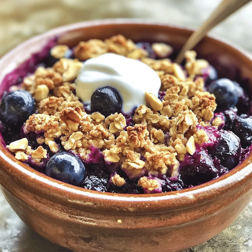 To make the ultimate healthy blueberry crumble, you need some simple, wholesome ingredients. Here’s the list that will bring your dish to life: - Fresh blueberries - 1 tablespoon honey or maple syrup - 1 teaspoon vanilla extract - 1 cup rolled oats - 1/2 cup almond flour - 1/4 cup coconut oil, melted - 1/4 cup chopped nuts (almonds or walnuts) - 1 teaspoon ground cinnamon - A pinch of salt - 1 tablespoon chia seeds (optional) These ingredients come together to make a delicious dessert. Fresh blueberries give a sweet and tart flavor. Honey or maple syrup adds just the right touch of sweetness. Vanilla extract and ground cinnamon bring warmth and depth to the dish. The base of rolled oats and almond flour creates a satisfying texture. Melted coconut oil binds everything together while adding healthy fats. Chopped nuts not only add crunch but also increase the nutritional value. If you want, you can add chia seeds for extra fiber and nutrients. I love how these simple ingredients create something so tasty and healthy. Each bite of blueberry crumble is a burst of flavor and goodness. For the full recipe, check the details shared earlier! Start by preheating your oven to 350°F (175°C). This step is key for even baking. Next, grab a 9-inch baking dish. Lightly grease it with a little coconut oil. This helps prevent sticking. In a medium bowl, add 2 cups of fresh blueberries. Drizzle 1 tablespoon of honey or maple syrup over them. Then, add 1 teaspoon of vanilla extract for flavor. Gently stir the blueberries to coat them well. Once mixed, spread the blueberry mixture evenly in the bottom of your greased baking dish. In a separate bowl, combine 1 cup of rolled oats and 1/2 cup of almond flour. Add 1/4 cup of melted coconut oil, along with 1/4 cup of chopped nuts. Sprinkle in 1 teaspoon of ground cinnamon and a pinch of salt. If you like, toss in 1 tablespoon of chia seeds for extra nutrition. Mix everything until it forms a crumbly texture. Now it’s time to layer your dish. Take the oat mixture and spread it over the blueberries. Gently press down on the crumble topping. This helps it stick together while baking. Place the baking dish in your preheated oven. Bake for about 25-30 minutes. You’ll know it's done when the topping turns golden brown and the blueberries bubble at the edges. After baking, remove the dish from the oven and let it cool for about 10 minutes. This cooling time helps the flavors blend and the crumble set. Enjoy your delicious healthy blueberry crumble! For the full recipe, check out the recipe section. - Ensuring Even Cooking: To cook your crumble evenly, spread the blueberries in a single layer. This allows heat to reach all parts of the fruit. Ensure the crumble topping covers the blueberries well. It will help form a nice crust. - Adjusting Cooking Time for Different Ovens: Every oven is unique. If your oven runs hot, check your crumble at 20 minutes. For cooler ovens, it may need a few extra minutes. Look for that golden brown topping and bubbling blueberries as signs of doneness. - Substituting Different Nuts or Sweeteners: You can switch nuts based on your taste. Try pecans or hazelnuts for a different flavor. If you want less sugar, use stevia or agave in place of honey. These swaps can make your crumble even more delightful. - Pairing with Yogurt or Ice Cream: Serve your warm crumble with Greek yogurt for a creamy touch. If you prefer ice cream, low-carb vanilla pairs nicely with the warm blueberries. This combo adds richness and balances the tartness of the fruit. Enjoy your beautiful creation! For the complete recipe, check out the [Full Recipe]. {{image_4}} If you want to make this crumble gluten-free, you can swap the rolled oats with certified gluten-free oats. Almond flour works great, but you can also try coconut flour or ground flaxseed. These options keep your crumble tasty and light. For vegan choices, you can replace honey with maple syrup or agave nectar. Use coconut oil as a perfect substitute for butter. This keeps your dish plant-based while still being delicious. Adding spices gives your crumble a special twist. You can mix in a little nutmeg, ginger, or lemon zest. These spices add warmth and brightness to the dish. You can also get creative with fruits. Mix blueberries with raspberries, strawberries, or even peaches. This creates a mixed fruit crumble that is colorful and full of flavor. For the full recipe, check out the details above. Store leftover blueberry crumble in an airtight container. Place it in the fridge. This keeps it fresh for about 3-5 days. Make sure it's completely cooled before sealing. If you want to keep it longer, freezing is a great option. To freeze the crumble, let it cool completely first. Then, cut it into portions. Wrap each piece in plastic wrap. This prevents freezer burn. Place the wrapped portions in a freezer-safe bag. You can freeze the crumble for up to 3 months. When you're ready to enjoy it, let it thaw in the fridge overnight. Reheat the crumble in the oven for the best texture. Preheat your oven to 350°F (175°C). Place the crumble in a baking dish and cover it with foil. Heat it for about 15-20 minutes. This helps it stay warm and crispy. You can also use the microwave. Just heat for 30 seconds at a time until warm. Enjoy your delicious crumble again! Blueberries are super healthy. They are low in calories and high in fiber. They also have antioxidants that help fight free radicals in our bodies. Almonds add healthy fats and protein. They support heart health and can help control blood sugar. Together, these ingredients make this crumble not just tasty but good for you. Yes, you can prepare this crumble ahead of time. Mix the blueberry filling and the crumble topping separately. Store both in the fridge for up to a day. When you’re ready, just layer them in the baking dish and bake. This makes it easy to serve for guests or a quick dessert. Absolutely! You can swap blueberries for seasonal fruits like peaches, apples, or cherries. Each fruit brings its own flavor. Just adjust the sweetener based on the fruit's sweetness. This way, you can enjoy a new crumble every time you bake. The prepared crumble lasts for about three days in the fridge. Make sure to cover it well. If you want to keep it longer, you can freeze it. Just wrap it tightly and it can last for up to three months. When you're ready, thaw it in the fridge overnight and reheat before serving. This blog post covered how to make a delicious blueberry crumble. We listed ingredients, provided clear steps, and shared tips for baking. You learned about variations and storage options to keep your crumble fresh. Don’t hesitate to try new flavors or adjust the recipe to your taste. Experimenting makes cooking fun! Enjoy your homemade crumble, and share it with friends and family. Remember, baking is an art. Have fun with it!