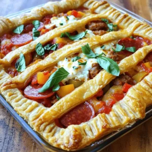 To make the perfect Pizza Pot Pie, gather these tasty ingredients: - 1 store-bought pie crust (or homemade for a personal touch) - 1 cup marinara sauce - 1 cup cooked Italian sausage, crumbled - 1 cup sliced pepperoni - 1 cup bell peppers, diced (choose your favorite colors) - 1 cup shredded mozzarella cheese - 1 cup ricotta cheese - 1 teaspoon Italian seasoning - 1 teaspoon garlic powder - Salt and pepper to taste - 1 egg (for egg wash) These ingredients create layers of flavor. The pie crust gives a nice crunch, while the marinara sauce adds rich taste. You can use any meats you like. I suggest cooked Italian sausage and pepperoni for a classic touch. The bell peppers add color and a fresh crunch. For the cheese, mozzarella melts beautifully, while ricotta adds creaminess. Italian seasoning and garlic powder bring out the best flavor. Don’t forget to season with salt and pepper. This balance makes each bite enjoyable. Want to elevate your dish? Try using fresh herbs as a garnish. They add a pop of color and flavor. My favorite is chopped basil. It pairs well with the pizza flavor. Follow this detailed list, and you’re set for a delicious Pizza Pot Pie. For a complete cooking experience, check the Full Recipe. 1. Preheating the oven: Start by preheating your oven to 400°F (200°C). This step is key for a nice, crispy crust. 2. Preparing the pie crust: If you use a store-bought crust, gently unroll it and fit it into a 9-inch pie dish. Let some of the edges hang over the rim. If you make your own crust, roll it out to the right size. 1. Mixing the sauce and meat: In a medium bowl, combine 1 cup of marinara sauce with 1 cup of cooked Italian sausage and 1 cup of sliced pepperoni. Stir to mix well. 2. Adding veggies and cheese: Next, toss in 1 cup of diced bell peppers, 1 cup of shredded mozzarella, and 1 cup of ricotta cheese. Add 1 teaspoon of Italian seasoning and 1 teaspoon of garlic powder. Season with salt and pepper to taste. Mix again until everything is evenly combined. 1. Pouring in the filling: Carefully pour the filling into the pie crust. Use a spatula to spread it out evenly. Be careful not to overfill. 2. Sealing the edges: Fold the overhanging crust edges over the filling. Place the second pie crust on top. Crimp the edges to seal them well. Cut a few slits in the top crust for steam to escape. 1. Egg wash application: In a small bowl, beat 1 egg. Brush this egg wash over the top crust. This gives it a lovely golden color. 2. Baking time and temperature: Place the pie on a baking sheet to catch drips. Bake in the preheated oven for 30-35 minutes. Look for a golden-brown and flaky crust. Now, you’re ready to enjoy your Pizza Pot Pie with comfort in every bite. For the full recipe, you can refer back to the beginning. To get the best crust, use an egg wash. An egg wash gives the crust a golden color. Just beat one egg and brush it over the crust. This simple step adds a nice shine. Preventing sogginess is key. To do this, pre-bake the crust for a few minutes. This helps it stay crisp. You can also sprinkle some breadcrumbs on the bottom before adding the filling. This absorbs extra moisture. Adding spices can boost the taste. Try adding red pepper flakes for heat or dried oregano for a classic touch. A pinch of smoked paprika can add so much depth. Don’t be afraid to mix it up! If you have dietary needs, look at ingredient swaps. Use ground turkey instead of sausage for a leaner option. You can also choose vegan cheese for a dairy-free version. The pizza pot pie will still taste amazing! Pair your pizza pot pie with sauces. A side of warm marinara sauce makes for a great dip. You can also serve it with ranch or garlic sauce for extra flavor. For sides, consider a simple salad. A fresh green salad adds a nice crunch. You can also serve garlic bread to soak up the delicious sauce. These sides will make your meal even more satisfying. {{image_4}} You can mix up the filling for your Pizza Pot Pie. There are many options. For a vegetarian twist, use veggies like mushrooms, zucchini, and spinach. You can also add tofu or tempeh for protein. These choices keep the dish hearty and tasty. If you prefer a vegan option, swap the cheese for vegan cheese. Use a plant-based sauce too. This way, everyone can enjoy this comfort food. For meat lovers, try different meats. Ground beef or chicken works great. You can also use turkey or ham. Each meat adds its own flavor. Mix and match to find your favorite filling. Different regions have unique pizza styles. For example, a Chicago deep-dish pizza has a thick, buttery crust. This style makes a rich and filling pot pie. The layers of cheese and sauce create a gooey center. If you like heat, add spicy sausage or red pepper flakes. This gives your pot pie a kick. On the other hand, if you want a milder taste, keep it simple. Use classic Italian herbs like basil and oregano. You can also try different cheeses. Using sharp cheddar or creamy goat cheese can change the taste. These small changes make each pot pie special. For the full recipe, be sure to check out the complete instructions and tips. After enjoying your Pizza Pot Pie, store leftovers in the fridge. Let the pie cool to room temperature. Wrap it tightly with plastic wrap or store it in an airtight container. It will stay fresh for up to three days. When you're ready to enjoy it again, preheat your oven to 350°F (175°C). Place slices on a baking tray and heat for about 15-20 minutes. This will make the crust crispy once more. If you want to save your Pizza Pot Pie for later, freezing is a great option. First, let it cool completely. Wrap the pie tightly in plastic wrap, then cover it with aluminum foil. This helps prevent freezer burn. It can last in the freezer for up to three months. When you're ready to eat it, remove the foil and plastic. Thaw it in the fridge overnight. To reheat, preheat your oven to 350°F (175°C). Bake for about 25-30 minutes until heated through. Enjoy your flavorful comfort in every bite! For the full recipe, check back for more details. Can I make the pie crust ahead of time? Yes, you can make the pie crust ahead. Prepare it a day before. Wrap it tightly in plastic wrap and keep it in the fridge. This saves time on baking day. How do I know when the pot pie is done? The pot pie is done when the crust turns golden brown. The filling should bubble slightly around the edges. Use a knife to check if the filling is hot. If it is, your pot pie is ready. What can I use instead of ricotta cheese? If you don’t have ricotta, try cottage cheese. You can also use cream cheese for a richer taste. Another option is blending tofu for a dairy-free choice. Can I use a different sauce for the filling? Absolutely! If you prefer a different flavor, use pesto or Alfredo sauce. These can add a unique twist to your pizza pot pie, enhancing the overall taste. In this guide, I shared how to make a delicious pizza pot pie. We covered the ingredients, from crust to filling, and explored tips for perfecting each step. Don't forget to try different flavors that fit your taste. Always save any leftovers for future meals. Keeping these basics in mind, you can easily wow your family and friends with this tasty dish. Enjoy creating your own pizza pot pie!