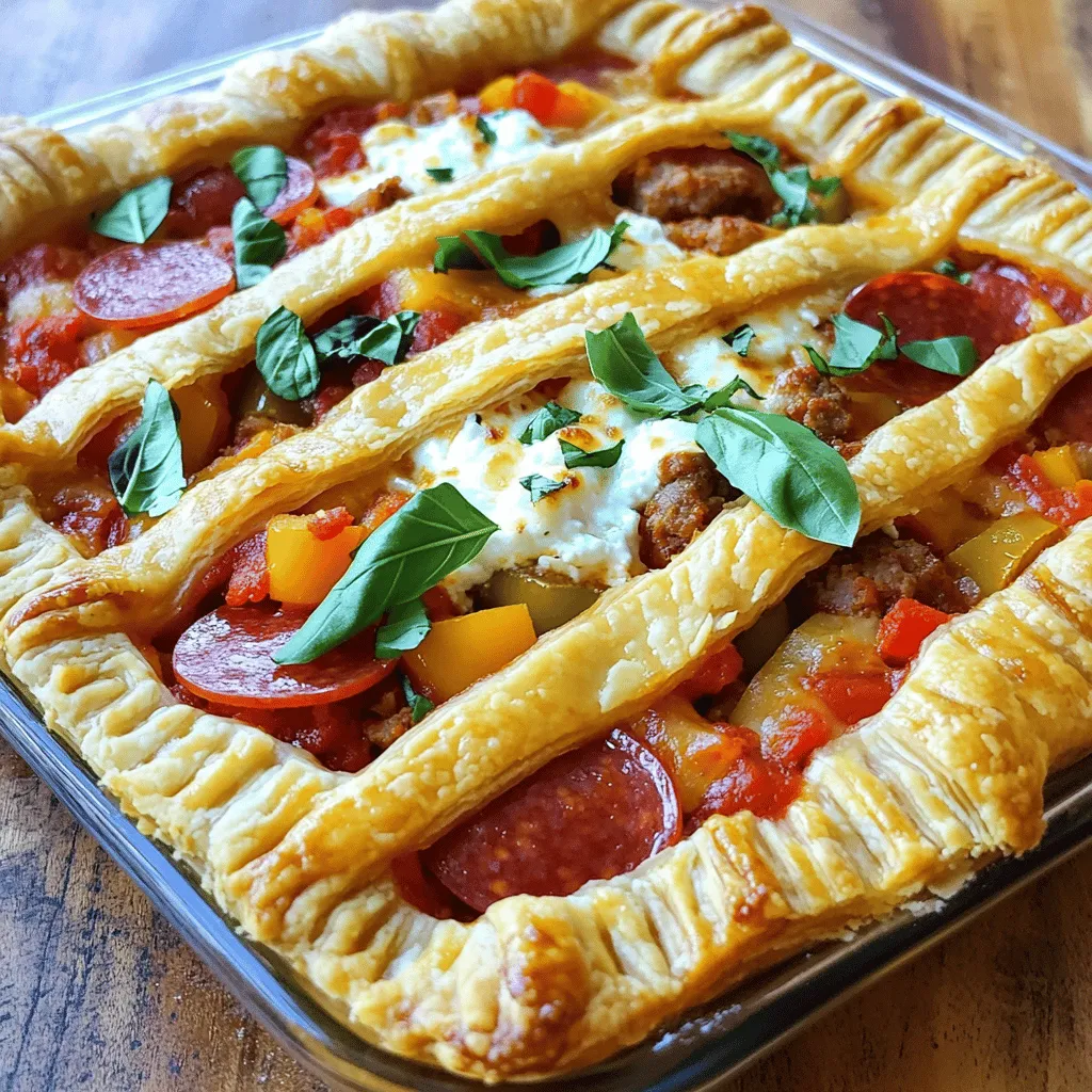 To make the perfect Pizza Pot Pie, gather these tasty ingredients: - 1 store-bought pie crust (or homemade for a personal touch) - 1 cup marinara sauce - 1 cup cooked Italian sausage, crumbled - 1 cup sliced pepperoni - 1 cup bell peppers, diced (choose your favorite colors) - 1 cup shredded mozzarella cheese - 1 cup ricotta cheese - 1 teaspoon Italian seasoning - 1 teaspoon garlic powder - Salt and pepper to taste - 1 egg (for egg wash) These ingredients create layers of flavor. The pie crust gives a nice crunch, while the marinara sauce adds rich taste. You can use any meats you like. I suggest cooked Italian sausage and pepperoni for a classic touch. The bell peppers add color and a fresh crunch. For the cheese, mozzarella melts beautifully, while ricotta adds creaminess. Italian seasoning and garlic powder bring out the best flavor. Don’t forget to season with salt and pepper. This balance makes each bite enjoyable. Want to elevate your dish? Try using fresh herbs as a garnish. They add a pop of color and flavor. My favorite is chopped basil. It pairs well with the pizza flavor. Follow this detailed list, and you’re set for a delicious Pizza Pot Pie. For a complete cooking experience, check the Full Recipe. 1. Preheating the oven: Start by preheating your oven to 400°F (200°C). This step is key for a nice, crispy crust. 2. Preparing the pie crust: If you use a store-bought crust, gently unroll it and fit it into a 9-inch pie dish. Let some of the edges hang over the rim. If you make your own crust, roll it out to the right size. 1. Mixing the sauce and meat: In a medium bowl, combine 1 cup of marinara sauce with 1 cup of cooked Italian sausage and 1 cup of sliced pepperoni. Stir to mix well. 2. Adding veggies and cheese: Next, toss in 1 cup of diced bell peppers, 1 cup of shredded mozzarella, and 1 cup of ricotta cheese. Add 1 teaspoon of Italian seasoning and 1 teaspoon of garlic powder. Season with salt and pepper to taste. Mix again until everything is evenly combined. 1. Pouring in the filling: Carefully pour the filling into the pie crust. Use a spatula to spread it out evenly. Be careful not to overfill. 2. Sealing the edges: Fold the overhanging crust edges over the filling. Place the second pie crust on top. Crimp the edges to seal them well. Cut a few slits in the top crust for steam to escape. 1. Egg wash application: In a small bowl, beat 1 egg. Brush this egg wash over the top crust. This gives it a lovely golden color. 2. Baking time and temperature: Place the pie on a baking sheet to catch drips. Bake in the preheated oven for 30-35 minutes. Look for a golden-brown and flaky crust. Now, you’re ready to enjoy your Pizza Pot Pie with comfort in every bite. For the full recipe, you can refer back to the beginning. To get the best crust, use an egg wash. An egg wash gives the crust a golden color. Just beat one egg and brush it over the crust. This simple step adds a nice shine. Preventing sogginess is key. To do this, pre-bake the crust for a few minutes. This helps it stay crisp. You can also sprinkle some breadcrumbs on the bottom before adding the filling. This absorbs extra moisture. Adding spices can boost the taste. Try adding red pepper flakes for heat or dried oregano for a classic touch. A pinch of smoked paprika can add so much depth. Don’t be afraid to mix it up! If you have dietary needs, look at ingredient swaps. Use ground turkey instead of sausage for a leaner option. You can also choose vegan cheese for a dairy-free version. The pizza pot pie will still taste amazing! Pair your pizza pot pie with sauces. A side of warm marinara sauce makes for a great dip. You can also serve it with ranch or garlic sauce for extra flavor. For sides, consider a simple salad. A fresh green salad adds a nice crunch. You can also serve garlic bread to soak up the delicious sauce. These sides will make your meal even more satisfying. {{image_4}} You can mix up the filling for your Pizza Pot Pie. There are many options. For a vegetarian twist, use veggies like mushrooms, zucchini, and spinach. You can also add tofu or tempeh for protein. These choices keep the dish hearty and tasty. If you prefer a vegan option, swap the cheese for vegan cheese. Use a plant-based sauce too. This way, everyone can enjoy this comfort food. For meat lovers, try different meats. Ground beef or chicken works great. You can also use turkey or ham. Each meat adds its own flavor. Mix and match to find your favorite filling. Different regions have unique pizza styles. For example, a Chicago deep-dish pizza has a thick, buttery crust. This style makes a rich and filling pot pie. The layers of cheese and sauce create a gooey center. If you like heat, add spicy sausage or red pepper flakes. This gives your pot pie a kick. On the other hand, if you want a milder taste, keep it simple. Use classic Italian herbs like basil and oregano. You can also try different cheeses. Using sharp cheddar or creamy goat cheese can change the taste. These small changes make each pot pie special. For the full recipe, be sure to check out the complete instructions and tips. After enjoying your Pizza Pot Pie, store leftovers in the fridge. Let the pie cool to room temperature. Wrap it tightly with plastic wrap or store it in an airtight container. It will stay fresh for up to three days. When you're ready to enjoy it again, preheat your oven to 350°F (175°C). Place slices on a baking tray and heat for about 15-20 minutes. This will make the crust crispy once more. If you want to save your Pizza Pot Pie for later, freezing is a great option. First, let it cool completely. Wrap the pie tightly in plastic wrap, then cover it with aluminum foil. This helps prevent freezer burn. It can last in the freezer for up to three months. When you're ready to eat it, remove the foil and plastic. Thaw it in the fridge overnight. To reheat, preheat your oven to 350°F (175°C). Bake for about 25-30 minutes until heated through. Enjoy your flavorful comfort in every bite! For the full recipe, check back for more details. Can I make the pie crust ahead of time? Yes, you can make the pie crust ahead. Prepare it a day before. Wrap it tightly in plastic wrap and keep it in the fridge. This saves time on baking day. How do I know when the pot pie is done? The pot pie is done when the crust turns golden brown. The filling should bubble slightly around the edges. Use a knife to check if the filling is hot. If it is, your pot pie is ready. What can I use instead of ricotta cheese? If you don’t have ricotta, try cottage cheese. You can also use cream cheese for a richer taste. Another option is blending tofu for a dairy-free choice. Can I use a different sauce for the filling? Absolutely! If you prefer a different flavor, use pesto or Alfredo sauce. These can add a unique twist to your pizza pot pie, enhancing the overall taste. In this guide, I shared how to make a delicious pizza pot pie. We covered the ingredients, from crust to filling, and explored tips for perfecting each step. Don't forget to try different flavors that fit your taste. Always save any leftovers for future meals. Keeping these basics in mind, you can easily wow your family and friends with this tasty dish. Enjoy creating your own pizza pot pie!