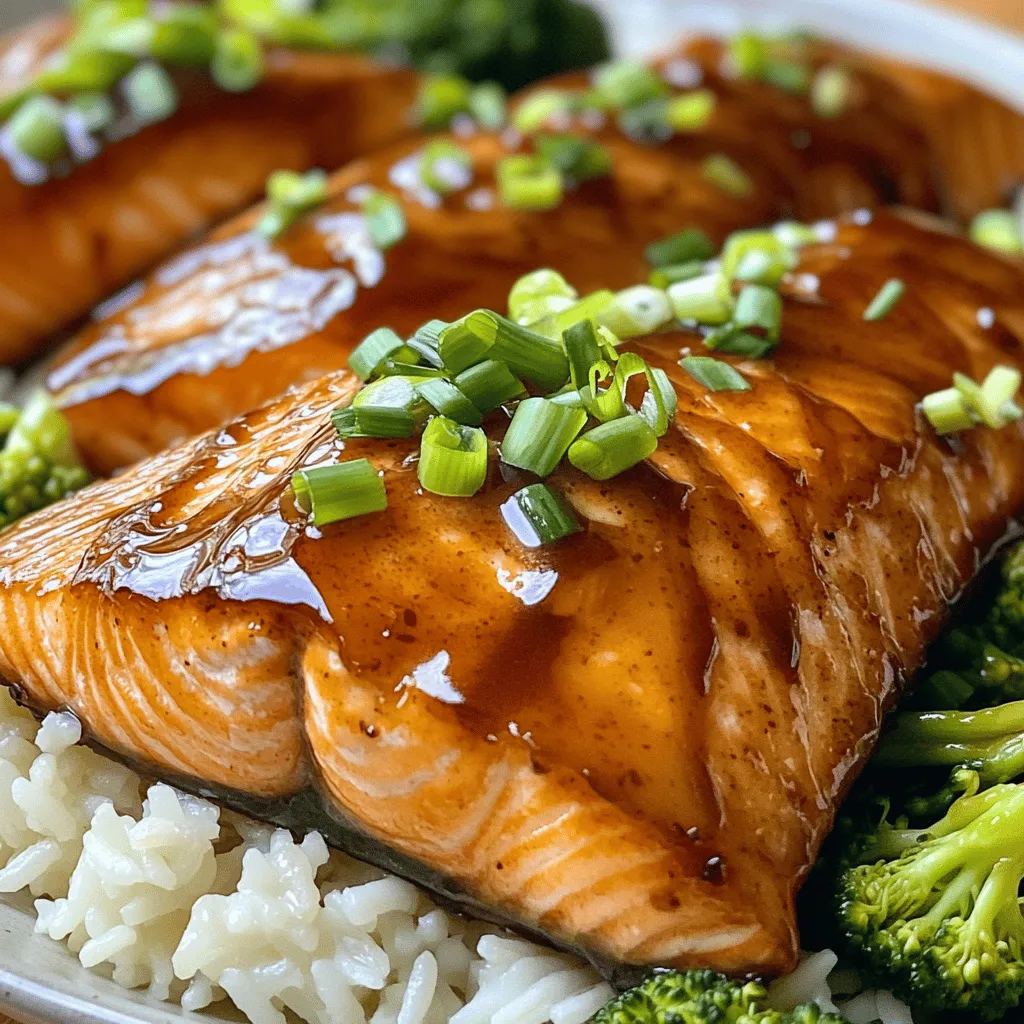 - Salmon fillets - Brown sugar - Soy sauce - Dijon mustard - Olive oil - Garlic powder - Black pepper - Sea salt - Lemon juice - Green onions (for garnish) I love this recipe because it uses simple, fresh ingredients. For the salmon, I recommend using fillets that are about 6 ounces each. They cook evenly and stay moist. Brown sugar gives the glaze a sweet touch. It balances the salty soy sauce and tangy Dijon mustard. This mix creates a rich flavor that you will enjoy. Olive oil adds a nice depth and helps the glaze stick. Garlic powder brings warmth and a hint of spice. Black pepper and sea salt enhance the overall taste. Fresh lemon juice brightens the dish. It adds a zesty note that cuts through the sweetness. Finally, green onions are perfect for garnish. They add color and a mild onion flavor. Check out the Full Recipe for more details on measurements and cooking tips. First, you need to preheat your oven to 400°F (200°C). This step is key for even cooking. While the oven warms up, grab a baking sheet. Line it with parchment paper. This will make cleanup easier and prevent sticking. Next, let's make the glaze. In a small mixing bowl, add these ingredients: - 1/4 cup packed brown sugar - 2 tablespoons soy sauce - 2 tablespoons Dijon mustard - 1 tablespoon olive oil - 1 teaspoon garlic powder - 1/2 teaspoon freshly ground black pepper - 1/4 teaspoon sea salt - 1 tablespoon freshly squeezed lemon juice Whisk them together until you get a smooth mixture. The glaze should be thick yet pourable. This will give your salmon a sweet and savory taste. Now, it's time to bake the salmon. Arrange 4 salmon fillets skin-side down on your lined baking sheet. Use a brush or a spoon to apply the glaze generously over each fillet. Make sure they are fully coated for great flavor. Place the salmon in the oven and bake for 12 to 15 minutes. The salmon is done when it looks opaque and flakes easily with a fork. Check it around the 12-minute mark to avoid overcooking. For a delicious finish, switch your oven to broil after baking. Put the salmon under the broiler for about 2 minutes. Keep a close eye on it to prevent burning. After broiling, let the salmon rest for a couple of minutes. This helps the juices settle, making it moist and tasty. Just before serving, sprinkle finely sliced green onions over the salmon. This adds a fresh touch to your dish. For the full recipe, you can refer to the earlier section. Enjoy your Brown Sugar Glazed Salmon! To get the right glaze, you want it thick and sticky. This texture helps the glaze cling to the salmon. If it’s too runny, add more brown sugar until you reach the desired consistency. For the best coating, use a brush to spread the glaze. Make sure to cover every inch of the salmon. This ensures each bite is full of flavor. You can bake or grill salmon. Baking is easier and keeps it moist. Set your oven to 400°F (200°C) for the best results. If you prefer grilling, preheat the grill to medium-high. The key is to watch the salmon closely. To check if it’s done, look for a pale color. When it flakes easily with a fork, it’s ready. Pair your salmon with sides that complement its sweet glaze. Steamed rice or quinoa works great. Add sautéed broccoli or seasonal veggies for color. For a beautiful plate, stack the salmon on the rice and drizzle leftover glaze over everything. Finally, garnish with green onions for a fresh touch. This makes the dish not just tasty, but also visually appealing. {{image_4}} You can make your Brown Sugar Glazed Salmon even better with a few tweaks. - Adding spices or herbs: Try adding paprika or cayenne for heat. Fresh herbs like rosemary or thyme can lift the dish. Just sprinkle them in the glaze or on the fish before cooking. - Incorporating citrus zest: Lemon or orange zest brightens the flavor. Just a teaspoon added to the glaze makes a big difference. It brings a fresh taste that pairs well with the sweetness of the brown sugar. You can cook salmon in different ways to fit your style. - Air frying salmon: An air fryer cooks the salmon quickly and gives a nice crisp. Set it to 375°F (190°C) and cook for about 8-10 minutes. The glaze still caramelizes beautifully. - Pan-searing techniques: For a lovely crust, heat olive oil in a pan on medium-high. Sear the salmon skin-side down for about 4-5 minutes. Then flip it and brush on the glaze. Cook for another 3-4 minutes until done. You can adjust this recipe to fit your dietary needs. - Gluten-free substitutions: Use tamari instead of soy sauce for a gluten-free option. It has the same flavor and works well in the glaze. - Low-sugar options for glaze: Substitute brown sugar with a sugar alternative like monk fruit sweetener. This keeps the glaze sweet without the added sugar. Just use the same amount to maintain balance. For the Full Recipe, feel free to explore how these variations change the dish! To keep your brown sugar glazed salmon fresh, use an airtight container. Glass or plastic containers both work well. Make sure the lid seals tightly. Store the salmon in the refrigerator for up to three days. After that, the taste and texture may change. Reheating salmon can be tricky. You want to keep it moist. The best way is to use an oven or microwave. If using an oven, preheat it to 275°F (135°C). Place the salmon on a baking sheet. Cover it with foil to prevent it from drying out. Heat for about 10-15 minutes. For the microwave, place the salmon on a microwave-safe plate. Add a splash of water and cover it. Heat in short bursts of 30 seconds until warm. Freezing is a great option if you have extra salmon. Wrap each fillet tightly in plastic wrap. Then, place the wrapped salmon in a freezer bag. Make sure to remove as much air as possible. Salmon can last in the freezer for up to three months. When you’re ready to cook, thaw it overnight in the refrigerator for the best texture. If you're in a hurry, you can use the cold water method. Place the sealed bag in cold water for about an hour. You can use several types of salmon. I recommend wild-caught salmon for its rich flavor. King salmon, also known as Chinook, is very tasty but can be pricey. Sockeye salmon has a deep red color and strong flavor. Farmed salmon is more affordable and works well too. The choice depends on your taste and budget. Yes, you can! While brown sugar gives a nice caramel flavor, you can use white sugar or honey. Each will change the taste a bit. Coconut sugar is another great option. It adds a unique taste and is often less processed. Feel free to experiment with what you have on hand. You can tell salmon is done when it turns opaque and flakes easily. A fork should easily break apart the fish. The center should be slightly translucent but not raw. If you have a food thermometer, aim for 145°F (63°C) in the thickest part. This ensures it's safe and juicy. Yes, you can prepare the glaze a day before and store it in the fridge. You can also marinate the salmon in the glaze for up to two hours before cooking. Just don’t wait too long, or the fish may become too salty from the soy sauce. Cooking the salmon ahead is not advised, as it tastes best fresh. If you're missing something, don’t worry! You can skip the garlic powder or use fresh garlic instead. If you don’t have Dijon mustard, any mustard works. Soy sauce can be replaced with tamari for a gluten-free option. Get creative! Just keep the main flavors in mind for the glaze. For the full recipe, check the earlier section. In this post, we explored a simple salmon recipe. We covered the essential ingredients like salmon, brown sugar, and soy sauce. You learned how to make a tasty glaze and bake the salmon perfectly. We shared tips for cooking and serving, plus easy variations to try. Cooking salmon can be quick and fun. With these steps, you can impress your guests or enjoy a great meal. Try out different flavors and methods to find your favorite. Enjoy your cooking adventure with salmon!