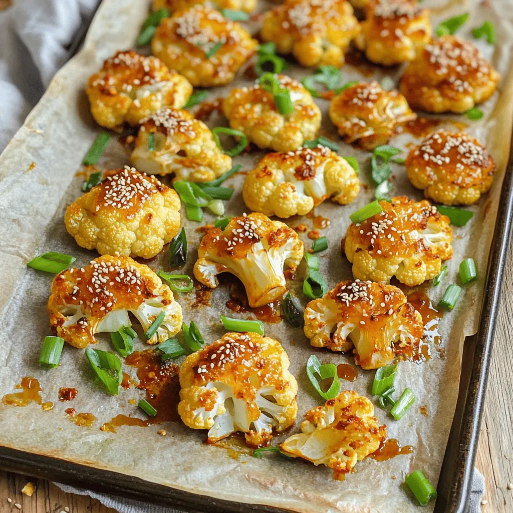 - 1 large head of cauliflower - Extra virgin olive oil - Gochujang - Soy sauce - Maple syrup - Toasted sesame oil - Garlic - Ginger - Rice vinegar - Salt - Pepper - Toasted sesame seeds - Green onions - Tamari for gluten-free option - Honey instead of maple syrup In this recipe, the main ingredient is cauliflower. You want a large head, cut into bite-sized florets. This helps it cook evenly. The marinade is where the magic happens. I use extra virgin olive oil for richness and gochujang for that famous Korean heat. Soy sauce adds saltiness. Maple syrup brings sweetness. If you prefer, honey works well too. You cannot forget garlic and ginger! They add depth and warmth. Rice vinegar gives a nice tang. Don't forget salt and pepper to taste. For garnishing, I love toasted sesame seeds and green onions. They add flavor and a pop of color. For a gluten-free option, swap soy sauce with tamari. It tastes just as good! 1. Preheat the oven to 425°F (220°C). This heat will help the cauliflower get nice and crispy. 2. In a large bowl, mix the marinade ingredients. Combine olive oil, gochujang, soy sauce, maple syrup, sesame oil, garlic, ginger, rice vinegar, salt, and pepper. Whisk it all until smooth. 1. Next, cut the cauliflower into bite-sized florets. Make sure they are all roughly the same size for even cooking. 2. Toss the florets in the marinade. Use your hands or a spatula to coat every piece well. 1. Spread the marinated florets on a lined baking sheet. Make sure they are in a single layer to roast evenly. 2. Bake for 25-30 minutes. Flip the cauliflower halfway through. This helps them brown nicely and stay crispy. Check out the Full Recipe for more details! To get the best results, keep the cauliflower in a single layer on the baking sheet. This helps it roast evenly and become crispy all over. If you crowd the florets, they will steam instead of roast, which leaves them soft. For crispy edges, flip the cauliflower halfway through baking. This way, all sides get golden and crunchy. You can boost the flavor by adding spices or herbs. Try adding a pinch of paprika or some fresh cilantro for a new twist. If you want more heat, adjust the gochujang. Start with less if you prefer mild. You can always add more if you like it spicy. This Korean baked cauliflower pairs well with many mains. It goes great with grilled chicken, rice bowls, or even as a filling for tacos. For dips, a creamy yogurt sauce or a spicy kimchi salsa works well. These add different flavors and make the dish even more fun to eat. For the full recipe, be sure to check out the detailed cooking instructions. {{image_4}} You can change the flavor of Korean baked cauliflower in fun ways. For a sweet and spicy version, add more maple syrup and a dash of extra gochujang. This makes each bite a delightful mix of tastes. You can also toss in bell peppers. Their crunch and sweetness pair well with the spicy cauliflower. Just cut them into strips and add them to the marinade. This adds color and more nutrients. If you want to make this dish vegan, it’s easy to do! Simply replace the honey with maple syrup. Both work well in the marinade. If you need a gluten-free option, use tamari instead of soy sauce. Tamari has a similar taste and fits perfectly in this recipe. You can cook Korean baked cauliflower in different ways. An air fryer is a great choice if you want a faster method. Set it to 400°F (200°C) and cook for about 15-20 minutes. Shake the basket halfway through for even cooking. If you prefer grilling, that works too! Toss the marinated cauliflower on a hot grill. Cook for about 10-15 minutes, turning often. This gives a smoky flavor that I love. Each method brings out unique tastes, so feel free to try them all! For the full recipe, refer to Korean Baked Cauliflower Delight. To store leftovers, let the cauliflower cool first. Place it in an airtight container. This keeps it fresh and prevents odors. I recommend using glass containers as they are sturdy and eco-friendly. You can enjoy your Korean baked cauliflower for up to three days in the fridge. If you want to freeze baked cauliflower, allow it to cool completely. Place it in a freezer-safe bag or container. Remove as much air as possible to prevent freezer burn. For reheating, simply place frozen cauliflower in a preheated oven at 350°F (175°C) for about 20 minutes. You can also microwave it for quick warmth. In the fridge, your leftovers will last about three days. If you freeze them, they can stay good for around three months. Always check for any signs of spoilage before eating. This way, you can enjoy this savory dish at its best. Baking Korean baked cauliflower takes about 25 to 30 minutes. Preheat your oven to 425°F (220°C). This high heat helps the cauliflower brown nicely and get crispy. Flip the florets halfway through for even cooking. Yes, you can use frozen cauliflower! Just thaw it first and pat it dry. This step helps remove excess moisture. You may need to adjust the cooking time. Check for tenderness and browning. Korean baked cauliflower pairs well with many dishes. Here are some ideas: - Grilled chicken or tofu for protein. - Steamed rice or quinoa for a hearty meal. - A fresh salad for crunch and color. - Kimchi for a spicy, tangy kick. To add heat to the marinade, consider these options: - Increase the gochujang amount for more spice. - Add a pinch of red pepper flakes. - Mix in a chopped fresh chili or jalapeño. These options will enhance the flavor and give it that extra kick. For the full recipe, check the section above. This blog post shared simple steps for making Korean baked cauliflower. We covered the ingredients, cooking methods, and tips for the best outcome. Remember, you can easily modify this recipe to fit your taste. Try different spices or cooking methods as you like. Whether you serve it as a side or snack, it’s sure to impress. Enjoy your cooking, and don’t forget to share your results!