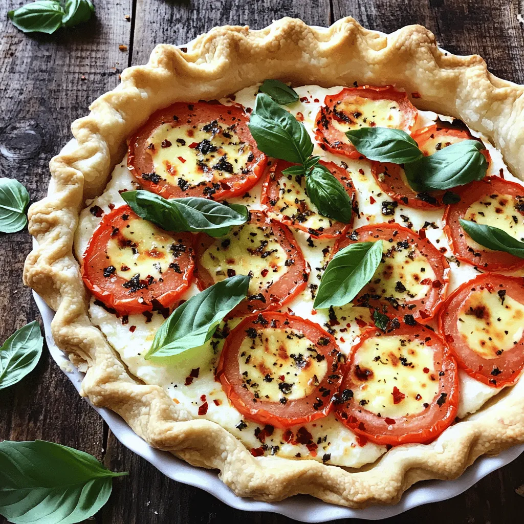 To make a savory tomato pie, gather these simple ingredients: - 6 ripe tomatoes, sliced thinly - 1 pre-made pie crust (store-bought or homemade) - 1 cup shredded mozzarella cheese - 1 cup ricotta cheese - 1/4 cup grated Parmesan cheese - 1/4 cup fresh basil, chopped - 1 tablespoon fresh thyme, finely chopped - 1 garlic clove, minced - 1 tablespoon extra virgin olive oil - Salt and freshly ground black pepper, to taste - A pinch of red pepper flakes (optional for added spice) You can add a few ingredients to give your pie a unique taste: - Sliced onions for sweetness - Fresh oregano for a herby touch - Sun-dried tomatoes for extra richness - A splash of balsamic vinegar for depth Selecting the right tomatoes can make your pie shine. Look for: - Firm, ripe tomatoes with a deep color - Varieties like heirloom or vine-ripened for flavor - Avoid overripe or mushy tomatoes Using fresh, high-quality tomatoes will elevate your dish. They should be juicy and sweet, creating a rich flavor in your pie. For the full recipe, check out the Heavenly Herbed Tomato Pie section above. Start by preheating your oven to 375°F (190°C). Take your pie crust and fit it into a 9-inch pie dish. Use a fork to poke holes in the bottom and sides. This step prevents bubbling as it bakes. Place the crust in the oven for about 10 minutes until it turns lightly golden. When done, take it out and let it cool for a few minutes. In a medium bowl, mix the ricotta cheese, half a cup of mozzarella, grated Parmesan, chopped basil, thyme, and minced garlic. Add the olive oil, salt, and pepper. Stir well to make a smooth mixture. This creamy filling is the heart of your pie and brings great flavor. Now, layer half of the sliced tomatoes evenly in your pre-baked pie crust. Sprinkle some salt and pepper on top to boost the taste. Next, spread the ricotta mixture over the tomatoes. Make sure it covers all the slices. Then, layer the rest of the tomato slices on top. Finish by adding the remaining mozzarella cheese evenly across the pie. If you like a bit of heat, add some red pepper flakes. Bake the pie for 30 to 35 minutes. You want the cheese to melt, bubble, and turn golden. The tomatoes should be tender. After baking, let the pie cool for around 10 minutes before slicing. This wait helps with clean cuts. Enjoy your homemade savory tomato pie! For a detailed recipe, check the Full Recipe. To make your savory tomato pie shine, focus on fresh ingredients. Use ripe tomatoes for the best taste. Slice them thinly to ensure even cooking. Adding herbs like basil and thyme brings freshness. A mix of cheeses creates a rich texture. Spread the ricotta and mozzarella evenly. For added depth, drizzle olive oil on top before baking. This helps the cheese melt beautifully and adds flavor. One mistake cooks often make is overcooking the tomatoes. They should be tender but not mushy. Another error is not pre-baking the crust. This step keeps the crust from getting soggy. Make sure to prick the bottom of the crust. This prevents air bubbles. Lastly, don’t skip the salt and pepper. They enhance the flavors of the dish. Feel free to customize your tomato pie! If you love spice, add more red pepper flakes. For a creamier texture, increase the ricotta cheese. You can also mix in other vegetables, like spinach or bell peppers. If you prefer a lighter pie, try using low-fat cheese. The beauty of this dish is its flexibility. Make it your own and enjoy every bite. {{image_4}} You can switch up the crust for your tomato pie. A flaky pastry crust adds a rich taste. For a lighter option, try a whole wheat crust. You can also use a gluten-free crust if you need it. For a fun twist, consider a cornbread base. This gives a sweet and savory mix. Each crust type changes the pie's flavor and texture. Get creative with your toppings! Fresh vegetables like zucchini or bell peppers add color and crunch. You can also try adding olives or artichokes for a Mediterranean flair. For an extra kick, jalapeños or spicy sausage work well. Fresh herbs like oregano or parsley can brighten the dish. The options are endless, so mix and match to find your favorite combo. While mozzarella and ricotta are classic, other cheeses can shine too. Feta cheese adds a nice tang. Goat cheese brings a creamy texture and bold flavor. You can even use sharp cheddar for a stronger taste. Mixing different cheeses can create new layers of flavor. Experiment to find the perfect blend that excites your palate! To store leftover tomato pie, let it cool first. Cover it tightly with plastic wrap or foil. You can also place it in an airtight container. This keeps the flavors fresh and prevents drying. Store it in the fridge for up to three days. If you need it longer, freezing is a great option. When you reheat tomato pie, aim for even warming. Preheat your oven to 350°F (175°C). Place the pie on a baking sheet for easy handling. Cover it loosely with foil to keep the top from burning. Heat for about 15-20 minutes, or until warm throughout. This method keeps the crust crisp and the cheese melty. To freeze tomato pie, wrap it tightly in plastic wrap, then foil. Label it with the date. You can freeze it for up to three months. To thaw, place it in the fridge overnight. Once thawed, reheat it in the oven as mentioned above. This way, you can enjoy your pie later with great taste. For the full recipe, refer back to the earlier section. Yes, you can use canned tomatoes. They make a good substitute. However, fresh tomatoes offer better flavor and texture. If you use canned, choose whole or diced tomatoes. Drain the liquid well before adding them to your pie. This keeps your pie from getting too watery. Tomato Pie can be kept in the fridge for about 3 to 5 days. Make sure to wrap it tightly with plastic wrap or store it in an airtight container. This helps keep it fresh longer. If you want to enjoy it later, consider freezing it instead. Tomato Pie goes great with many side dishes. Here are a few ideas: - A crisp garden salad - Roasted vegetables - Garlic bread - Creamy coleslaw - Steamed green beans These sides add nice contrast to the rich flavors of the pie. They also help make your meal more balanced and satisfying. For more ideas, check out the Full Recipe for tips on serving. In this blog post, we covered how to make a delicious tomato pie. We discussed the key ingredients and options for added flavor. I shared tips for preparing the crust and layering the filling. We explored how to avoid common mistakes and adjust flavors to your liking. Feel free to experiment with variations, whether it’s the crust or toppings. Remember to store leftovers properly. Enjoy making your tomato pie and share it with loved ones. Delicious food moments only enhance the joy of cooking!