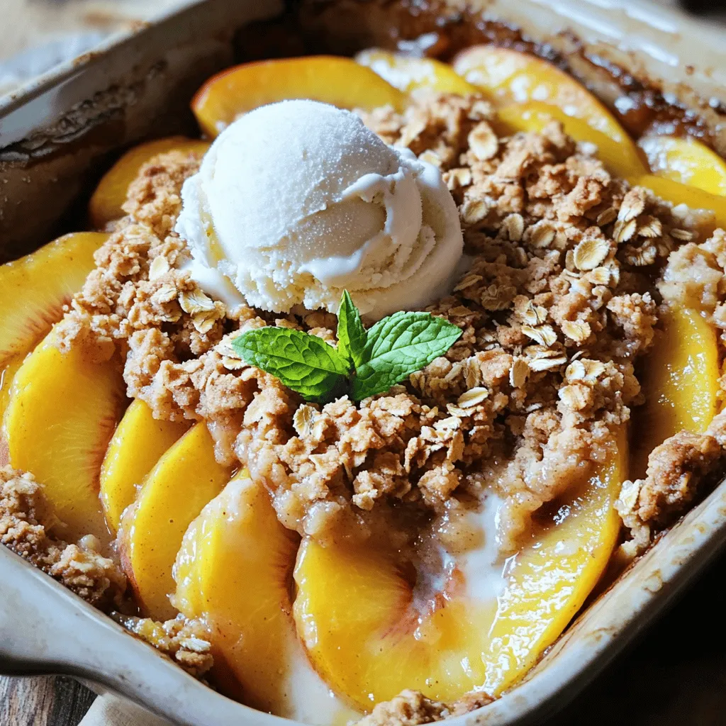 - 6 ripe peaches, pitted and sliced - 1 tablespoon fresh lemon juice - 1/2 cup granulated sugar You need ripe peaches for the best flavor. Their sweetness shines in this recipe. The fresh lemon juice adds a bright touch. It balances the sweetness of the peaches. You will also need granulated sugar for the filling. This will help draw out the natural juices of the peaches. - 1 cup rolled oats - 1/2 cup all-purpose flour - 1/3 cup light brown sugar, packed Rolled oats create a nice crunch in the topping. They absorb some juices, making it chewy. All-purpose flour adds structure to the crisp. Light brown sugar deepens the flavor. It gives a hint of caramel that pairs well with peaches. - 1 teaspoon ground cinnamon - 1/2 teaspoon pure vanilla extract - A pinch of salt Ground cinnamon adds warmth and spice. It brings out the peach flavor beautifully. Pure vanilla extract adds depth and aroma. A pinch of salt balances the sweetness. These simple ingredients make a big impact. For the full recipe, check the details above. Enjoy your cooking! 1. Preheating the oven: Start by setting your oven to 350°F (175°C). This warms it up for the crisp. 2. Tossing peaches with lemon juice and sugar: In a large bowl, mix 6 sliced peaches with 1 tablespoon of lemon juice. Add 1/2 cup of granulated sugar and 1 teaspoon of ground cinnamon. Toss the peaches gently until they are well coated. Spread this mixture evenly in a greased 9x13 inch baking dish. 1. Combining dry ingredients: In another bowl, whisk together 1 cup of rolled oats, 1/2 cup of all-purpose flour, and 1/3 cup of packed light brown sugar. 2. Mixing in butter and vanilla: Pour in 1/2 cup of melted unsalted butter and 1/2 teaspoon of pure vanilla extract. Add a pinch of salt. Mix everything until it looks crumbly and well combined. 1. Layering peaches and topping: Pour the oat mixture over the peach layer in the baking dish. Spread it evenly to cover the peaches. 2. Baking duration and temperature: Place the dish in your preheated oven and bake for 30 to 35 minutes. Look for a golden brown topping and bubbling peaches. Keep an eye on it to avoid burning! Your Peachy Paradise Crisp will come together easily following these steps. For the full recipe, make sure to check out the details provided earlier! To keep your peach crisp topping from getting soggy, follow these steps: - Use fresh peaches: Choose ripe but firm peaches. Overripe peaches release too much juice. - Add lemon juice: The lemon juice helps balance sweetness and prevents mushiness. - Layer smartly: Spread the peach slices evenly in the baking dish. This helps the heat circulate. For even baking, remember: - Preheat your oven: Always set your oven to 350°F (175°C) before baking. This helps everything cook evenly. - Check doneness: Look for a golden brown topping. The peaches should bubble slightly around the edges. Pair your peach crisp with these tasty options: - Ice cream: A scoop of creamy vanilla ice cream adds richness. - Whipped cream: Light and fluffy whipped cream complements the crisp nicely. To garnish for a beautiful presentation: - Mint leaves: Add a few fresh mint leaves for color and flavor. - Cinnamon sprinkle: A light dusting of cinnamon on top can enhance the aroma. Be careful not to: - Overmix the topping: Mix just enough to combine. Overmixing can make the topping tough. - Choose unripe peaches: Peaches should feel soft but not too mushy. They should smell sweet and fragrant. By following these tips, you can create a peach crisp that shines in flavor and looks beautiful too. Don't forget to check the Full Recipe for more details. {{image_4}} You can easily change the fruit in your crisp. Berries like blueberries or raspberries work great. Apples also make a tasty option. Mixing different fruits adds depth to the flavor. Try adding some strawberries or even pears. This way, you can make a unique dish each time. If you need a gluten-free option, switch the flour with almond flour or oat flour. This keeps the crisp tasty and safe. You can also reduce the sugar by using less granulated sugar. Consider using a sugar substitute, like stevia or monk fruit, for a healthier twist. Your crisp will still taste sweet and yummy. Adding nuts to the topping gives your crisp a nice crunch. Try using chopped pecans or walnuts. They add flavor and texture. You can also experiment with different spices. A dash of nutmeg or ginger can enhance the taste. Cinnamon is a classic choice, but mixing in new spices can surprise your taste buds. For the full recipe, check out the Peachy Paradise Crisp. To keep your Peach Crisp fresh, choose an airtight container. Glass or plastic containers work well. Avoid using metal containers, as they can affect flavor. Make sure the crisp cools down before you seal it. This helps prevent moisture buildup. Store it in the fridge for up to three days. For warming, the best method is using the oven. Preheat it to 350°F (175°C). Place the Peach Crisp in an oven-safe dish. Warm it for about 10-15 minutes. This keeps the topping crispy. You can also use a microwave, but it may make the topping soft. If using the microwave, heat in short bursts. Check often to avoid overcooking. You can freeze Peach Crisp before or after baking. If you freeze it before baking, wrap it tightly in plastic wrap. Then, place it in a freezer bag. You can bake it straight from the freezer; just add a few extra minutes to the baking time. If you freeze it after baking, let it cool first. Then, store it in an airtight container. To thaw, move it to the fridge overnight. Reheat in the oven for best results. You can tell when your Peach Crisp is done by looking for two signs. First, check the color of the topping. It should turn a nice golden brown. Second, look for bubbling around the edges. This means the juices from the peaches are hot and ready. If you see both signs, your crisp is perfect! Yes, you can make Peach Crisp ahead of time! For best results, prepare the filling and topping separately. You can store the filling in the fridge for up to a day. Cover it well to keep it fresh. The topping can also be made ahead and stored in an airtight container. If you want to store it after baking, let it cool first. Then, keep it covered in the fridge for up to three days. Just remember, baked Peach Crisp tastes best warm! Serving Peach Crisp warm is best for flavor and comfort. I recommend letting it cool for about ten minutes after baking. This helps the juices set up a bit. Pair it with a scoop of vanilla ice cream for a tasty treat. The cold ice cream melts over the warm crisp. It creates a perfect mix of flavors and textures. Enjoy your warm Peach Crisp with ice cream for a delightful dessert experience! This blog post covered everything you need for the perfect peach crisp. We went through fresh ingredients, the right steps, and helpful tips. You learned how to make a tasty topping and avoid common mistakes. Remember, fresh peaches and the right spices make all the difference. Experiment with different fruits and toppings to make it your own. Enjoy this dessert warm, perhaps with a scoop of ice cream. You can always store leftovers to enjoy later. Happy baking!