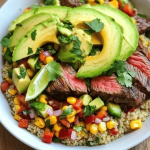 - 1 lb flank steak - 2 ripe avocados, thinly sliced - 1 can (15 oz) sweet corn, drained - 1 red bell pepper, diced into small cubes - 1 small red onion, finely chopped - 2 tablespoons extra virgin olive oil - 2 tablespoons taco seasoning - 1 lime, freshly juiced - Fresh cilantro, roughly chopped (for garnish) - Salt and freshly ground black pepper to taste - Cooked quinoa or brown rice, for the base - Spices for additional flavor (cumin, paprika) - Other vegetables (like cherry tomatoes or zucchini) - Cheese (feta or shredded cheddar) When I make this steak, avocado, and roasted corn bowl, I focus on fresh and simple ingredients. Each one adds something special to the dish. The flank steak provides great protein and flavor. Avocados give a creamy texture. Corn adds sweetness and crunch. I love the bright taste of lime juice. It really brings everything to life. Adding cilantro on top makes the bowl look fresh and colorful. If you want to switch things up, you can use spices like cumin or paprika. They can add a nice kick to your bowl. Don’t forget that you can use other veggies too! Cherry tomatoes or zucchini can fit right in. Cheese lovers can sprinkle some feta or shredded cheddar on top for extra flavor. Each ingredient works together to make a hearty and tasty bowl. This whole recipe is a feast for your eyes and taste buds. Check out the Full Recipe for all the details. 1. Preheat your oven to 400°F (200°C). 2. Take a large baking sheet and spread the drained sweet corn and diced red bell pepper evenly. 3. Drizzle with 1 tablespoon of extra virgin olive oil. 4. Add a pinch of salt. 5. Roast in the oven for 15-20 minutes. 6. Stir halfway through cooking for even roasting. 1. While the corn and bell pepper roast, prepare your flank steak. 2. Season it well with taco seasoning, salt, and pepper on both sides. 3. Heat the remaining tablespoon of olive oil in a skillet on medium-high heat. 4. Once hot, add the flank steak. 5. Sear for 4-5 minutes on each side for medium-rare. 6. Adjust cooking time for your preferred doneness. 7. After cooking, transfer the steak to a cutting board. 8. Let it rest for 5 minutes before slicing thinly against the grain. 1. In a mixing bowl, combine the roasted corn and finely chopped red onion. 2. Drizzle the mixture with fresh lime juice. 3. Toss gently to mix the flavors. 4. To build your bowl, start with a layer of cooked quinoa or brown rice. 5. Arrange your sliced flank steak on top. 6. Add the corn mixture and avocado slices. 7. Garnish with freshly chopped cilantro and an extra squeeze of lime juice. Enjoy this colorful bowl full of flavors! For the complete recipe, check the Full Recipe section. To make your bowl sing with flavor, marinate your steak ahead of time. A good marinade adds depth. You can use lime juice, olive oil, and spices. Let it sit for at least 30 minutes. Adjust the taco seasoning to match your taste. Want it spicier? Add more heat! Prefer it milder? Ease off on the spices. Cooking steak can change how it tastes. For medium-rare, cook it for about 4-5 minutes on each side. If you want it well done, give it a few more minutes. Use a meat thermometer for accuracy. For roasting veggies, spread them evenly on a baking sheet. Stir halfway through to ensure they cook evenly. Presentation matters! Serve your bowl in wide, shallow dishes. Layer the quinoa or brown rice first. Then add the steak, roasted corn, and avocado. This way, each bite has balanced flavor. Garnish with fresh cilantro and lime wedges. It makes the dish pop visually and adds a fresh taste! For the full recipe, check the details above. {{image_4}} When you want to mix things up, there are many fun options for your Steak, Avocado, and Roasted Corn Bowl. You can easily make this dish vegetarian by using grilled portobello mushrooms instead of steak. These mushrooms have a rich flavor and a meaty texture. You can also add beans for protein. Black beans or chickpeas work great. They add a nice creaminess and help fill you up. You don’t have to stick with quinoa or brown rice. Try using cauliflower rice for a low-carb option. Mixed greens also work well if you want a fresh crunch. Another fun idea is to serve the bowl as a wrap or in a tortilla. This makes it easy to eat on the go! Why not add some seasonal vegetables? You can choose what’s fresh and local. Zucchini or bell peppers can boost flavor and color. In summer, incorporate fruits like mango or pineapple. They add sweetness and a tropical twist to your bowl. These variations keep your meal exciting and let you enjoy different flavors year-round. For the full recipe, check out the original. To keep your Steak, Avocado, and Roasted Corn Bowl fresh, store leftovers in an airtight container. This will help keep the flavors intact and prevent spoilage. Make sure to eat the leftovers within three days for the best taste. When you want to reheat, put the steak in a skillet over low heat. Stir gently to warm it without drying it out. For the corn and veggies, a quick microwave will do. Heat them for about 30 seconds, then check if they are warm enough. For easy meal prep, chop and store your veggies in advance. Cut the red onion and bell pepper, and keep them in the fridge. You can also cook the quinoa or brown rice ahead of time. Store each component separately to keep flavors fresh. When you’re ready to eat, just assemble your bowl. This method saves time and keeps everything tasty. Can you freeze the bowl? Yes, but some ingredients freeze better than others. You can freeze the cooked steak and corn mixture. Place them in freezer-safe bags, and remove air before sealing. For best results, eat them within three months. When you want to use them, thaw in the fridge overnight. Avocado does not freeze well, so add it fresh when you serve the bowl. The best cooking method for flank steak is searing. Searing gives the steak a nice crust. It locks in the juices and enhances flavor. Grilling is also a great option. It adds a smoky taste that many love. However, it requires careful timing to avoid overcooking. Slow cooking is another method, but it takes longer. It works well if you want tender meat. Just remember, flank steak cooks best quickly. Yes, you can use canned corn in this recipe. Canned corn is easy and saves time. It is already cooked, so it just needs warming. However, fresh corn is better for flavor. Fresh corn gives a sweet crunch. If you have the time, use fresh corn when you can. If you need a substitute for quinoa or brown rice, try cauliflower rice. It is low in carbs and cooks quickly. You can also use bulgur wheat or farro. Both are great grains that add texture. If you want a gluten-free option, use riced broccoli. To make this dish gluten-free, use gluten-free taco seasoning. Many brands offer good options. Always check the label to be sure. For sauces, use gluten-free versions. You can find gluten-free soy sauce or hot sauce easily. This way, you can enjoy the bowl without worries. For the full recipe, check out the instructions above. This blog covered how to make a tasty steak burrito bowl. We explored great ingredients like flank steak, avocados, and crunchy corn. You learned step-by-step how to prepare the dish and tips to enhance the flavor. I shared fun variations and storage ideas so you can enjoy leftovers. Whether you choose to follow all the steps or mix in your own flair, this dish can be yours. Now, get cooking and enjoy a delicious meal that fits your taste!