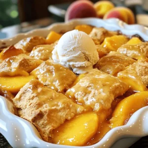 To make a great peach cobbler, you'll need fresh, ripe peaches. They should be sweet and juicy for the best flavor. Here’s what you will need: - 4 cups fresh peaches, peeled and sliced - 1 cup granulated sugar, divided into two 1/2 cup portions - 1 teaspoon fresh lemon juice - 1 teaspoon ground cinnamon - 1 cup all-purpose flour - 2 teaspoons baking powder - 1/4 teaspoon salt - 1 cup whole milk - 1/2 cup unsalted butter, melted - 1 teaspoon vanilla extract Measurement details for accuracy: Using precise measurements is key for the perfect cobbler. Make sure to level off the flour when measuring. This ensures you do not use too much or too little. Optional ingredient suggestions: For added flavor, consider using a splash of almond extract or swapping cinnamon for nutmeg. You can also try adding berries along with the peaches. They add a nice twist! To start, peel and slice four cups of fresh peaches. I find using a paring knife works best. First, cut a small "X" on the bottom of each peach. Boil them in water for about 30 seconds. This makes the skin easy to remove. After that, cool the peaches in ice water. Once cooled, the skin should slide right off. Slice the peaches into thin pieces. Next, mix the peach filling. In a large bowl, combine the sliced peaches, half a cup of sugar, one teaspoon of fresh lemon juice, and one teaspoon of ground cinnamon. Toss gently to coat the peaches. Let the mixture sit for ten minutes. This will enhance the peach flavor, making it even more delicious. Now, let's prepare the batter. In another bowl, combine one cup of all-purpose flour, two teaspoons of baking powder, one-quarter teaspoon of salt, and the remaining half cup of sugar. Whisk these dry ingredients until well mixed. This step is crucial for a light and fluffy texture. Then, mix in the wet ingredients. Pour in one cup of whole milk, half a cup of melted unsalted butter, and one teaspoon of vanilla extract. Stir gently until everything is just combined. It's okay if there are a few lumps. Avoid overmixing to keep the batter airy. Time to assemble! Spread the batter evenly into a greased 9x13-inch baking dish. Use a spatula for even distribution. Next, gently spoon the peach mixture over the top of the batter. Be careful not to stir; the batter will rise around the peaches as it bakes. Now, bake your cobbler. Preheat your oven to 350°F (175°C) and place the dish inside. Bake for 35 to 40 minutes. Look for a golden brown top, and check with a toothpick in the batter. If it comes out clean, your cobbler is ready. Let it cool slightly before serving. You can find the Full Recipe online for all the details. Enjoy! To get the best peach cobbler, watch for signs of doneness. The cobbler should turn golden brown on top. A toothpick inserted into the batter should come out clean. If it looks too wet or raw, it needs more time in the oven. Avoid common mistakes to keep your texture right. Don't overmix the batter. A few lumps are okay. Stir just enough until combined. Also, let the peach mixture sit for about 10 minutes. This step helps release their juices, making the filling juicy. Serving peach cobbler with a scoop of vanilla ice cream makes it even better. The cold ice cream pairs well with the warm cobbler. It adds creaminess and balances the sweetness. For garnishing, sprinkle a bit of cinnamon on top before serving. You can also add fresh mint leaves for color. This adds a nice touch and makes your dish look great. A beautiful presentation can impress your guests! For the full recipe, refer to the earlier section. {{image_4}} If you have dietary needs, you can still enjoy peach cobbler. Here are some easy swaps: - Gluten-free alternatives: Use a gluten-free flour blend instead of all-purpose flour. This keeps the texture light while accommodating gluten-free diets. - Vegan options: Substitute dairy milk with almond milk or oat milk. Replace butter with coconut oil or vegan butter. You still get great taste without animal products. Want to change up your peach cobbler? Here are some fun ideas: - Adding spices or extracts: Try adding nutmeg or ginger along with the cinnamon. You can also mix in some almond or coconut extract for a twist on the classic flavor. - Using different fruits or toppings: Swap peaches for other fruits like berries, apples, or cherries. You can also top with chopped nuts or a sprinkle of oats for added crunch. For more tips, check out the Full Recipe. Enjoy creating your perfect peach cobbler! To store your leftover peach cobbler, use an airtight container. I recommend a glass or plastic dish with a tight lid. This keeps the moisture in and prevents the cobbler from drying out. Make sure the cobbler cools completely before sealing it. You can store it in the fridge for up to four days. When you're ready to enjoy your peach cobbler again, reheating it is easy. You can use the oven, microwave, or even a skillet. - Oven Method: Preheat your oven to 350°F (175°C). Place the cobbler in a baking dish and cover it with foil. Heat for about 15-20 minutes. - Microwave Method: Put a slice on a microwave-safe plate. Heat for 30 seconds to 1 minute, checking often. - Skillet Method: Place a slice in a skillet over low heat. Cover with a lid for about 5 minutes. This helps keep the texture nice and soft. Enjoy your cobbler warm, and it will taste just as good as fresh! For the full recipe, check out the section above. Yes, you can use canned peaches. They save time and are easy to find. However, canned peaches may change the taste and texture. They often have added sugar and syrup, making the cobbler sweeter. Fresh peaches bring a bright flavor and a firmer bite. Choose whichever you prefer based on your time and taste. To check for doneness, look for a golden brown top. Insert a toothpick into the batter. If it comes out clean, the cobbler is ready. The edges should be bubbly, and the center should not jiggle. Keep an eye on it during baking to avoid overcooking. Yes, you can freeze peach cobbler. Allow the cobbler to cool completely first. Wrap it tightly in plastic wrap or foil. Place it in an airtight container or a freezer bag. It can last up to three months. To reheat, bake at 350°F (175°C) until warmed through. This keeps the texture nice. You can prepare the peach filling a day in advance. Mix the peaches, sugar, lemon juice, and cinnamon. Store the mixture in the fridge. For the batter, prepare it just before baking. This keeps it fresh and fluffy. Assemble the cobbler and bake when ready for a warm treat. For the Full Recipe, check the detailed steps above. In this blog post, we covered the key ingredients for peach cobbler, from fresh peaches to the batter. I shared step-by-step instructions for preparing and baking. You learned tips for perfect texture and flavor, plus variations for different diets. Don’t forget how to store and reheat leftovers properly. Now you can enjoy homemade peach cobbler year-round. Follow these steps, and you’ll impress family and friends with your skills and tasty treats. Enjoy your baking adventure!