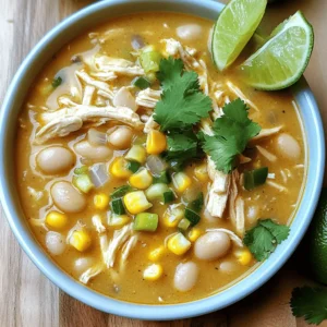 To make Easy White Chicken Chili, you need a few key ingredients. Here’s what you’ll need: - 1 pound cooked chicken breast, shredded - 1 can (15 oz) white beans, thoroughly drained and rinsed - 1 can (4 oz) diced green chilies, including juices - 1 medium onion, finely diced - 2 cloves garlic, minced - 4 cups rich chicken broth - 1 teaspoon ground cumin - 1 teaspoon chili powder - ½ teaspoon dried oregano - 1 cup heavy cream (or coconut milk for a lighter option) - 1 cup corn kernels (fresh or frozen) - Sea salt and freshly cracked pepper, to taste - Fresh cilantro, chopped, for garnish - Lime wedges, for serving These ingredients create a warm, tasty chili. The chicken adds protein, while beans bring fiber. Green chilies give a zesty kick that everyone loves. You can add optional ingredients to make the chili your own. Here are a few ideas: - Sliced jalapeños for heat - Bell peppers for sweetness - Avocado for creaminess - Shredded cheese for richness - A dash of hot sauce for extra spice Feel free to mix and match these options. Adding different items can change the flavor profile and make it more exciting. Not all ingredients are set in stone. Here are some swaps you can try: - Use turkey instead of chicken for a leaner option. - Swap white beans for black beans or chickpeas if you prefer. - Replace heavy cream with Greek yogurt for a tangy taste. - Use vegetable broth instead of chicken broth for a vegetarian version. These substitutions can help you adjust the recipe to your taste or dietary needs. Enjoy the flexibility while making this delicious dish. For the full recipe, click [Full Recipe]. First, gather all your ingredients. You will need: - 1 pound cooked chicken breast, shredded - 1 can (15 oz) white beans, thoroughly drained and rinsed - 1 can (4 oz) diced green chilies, including juices - 1 medium onion, finely diced - 2 cloves garlic, minced - 4 cups rich chicken broth - 1 teaspoon ground cumin - 1 teaspoon chili powder - ½ teaspoon dried oregano - 1 cup heavy cream (or coconut milk) - 1 cup corn kernels (fresh or frozen) - Sea salt and freshly cracked pepper, to taste - Fresh cilantro, chopped, for garnish - Lime wedges, for serving Next, dice the onion and mince the garlic. This adds a strong flavor base. You can use cooked chicken from a rotisserie or leftovers to save time. In a large pot, heat a drizzle of olive oil over medium heat. Add the diced onion and sauté for about 5 minutes. You want it soft and clear. Then, add the minced garlic and stir for about one minute. You should smell the garlic but not let it brown. Now, stir in the shredded chicken, drained white beans, diced green chilies, corn, chicken broth, cumin, chili powder, and oregano. Mix everything well. This ensures each bite is packed with flavor. Increase the heat and bring the mix to a gentle simmer. Cook uncovered for about 20 minutes. This step is key for blending the flavors. After that, lower the heat to minimum. Gradually stir in the heavy cream. Heat this gently for around 5 minutes. Avoid boiling to keep the cream smooth. Taste your chili and add sea salt and pepper as needed. Don’t be shy to adjust the seasoning. Serve your chili hot, garnished with chopped cilantro. The lime wedges on the side add a zesty kick. This dish is perfect for any meal. For the full recipe, check the details above. Enjoy! To get the chili just right, you want it creamy but not too thick. Start with the heavy cream. This gives your chili a silky finish. If you want a lighter option, use coconut milk. If your chili is too thick, add more chicken broth. A little bit at a time works best. Keep stirring as you add broth. This will help mix it well. You can also adjust the cooking time. Letting it simmer longer can thicken your chili, but check often. To make your chili burst with flavor, think about adding extra spices. A pinch of smoked paprika can add depth. You may also try a dash of cayenne pepper for heat. Fresh herbs like cilantro enhance the taste too. Squeeze a lime wedge right before you eat. It adds a refreshing zest. You can also top your chili with avocado or cheese. These toppings bring a creamy texture that complements the dish. Serve your white chicken chili hot in bowls. This dish pairs well with rice or cornbread. You could also offer tortilla chips for crunch. For a fun twist, set up a toppings bar. Let guests add their favorite extras, like diced tomatoes or jalapeños. Don't forget about drinks! A light beer or iced tea works well. The right drink can make your meal even better. For full details on making this dish, check the Full Recipe. {{image_4}} You can easily make this dish vegetarian. Just swap the chicken for firm tofu. Use vegetable broth instead of chicken broth. This keeps the flavor strong and rich. You can also add more veggies like bell peppers or zucchini. For a creamier texture, use coconut milk in place of heavy cream. This gives a nice taste and fits vegan diets. If you love heat, add fresh jalapeños. You can also use hotter green chilies. Just mix them in with the other ingredients. For extra spice, sprinkle in cayenne pepper or hot sauce. Start with a little, then taste as you go. This way, you can control the spice level. A spicier chili can wake up your taste buds and make every bite exciting. While white beans are great, you can try other beans too. Black beans or pinto beans bring different tastes and colors. You can even mix beans for more texture. Just remember to rinse and drain them well. This keeps your chili from getting too thick. Choose the beans that you enjoy the most for a personal touch. The Full Recipe allows for these fun swaps! To keep your chili fresh, let it cool first. Then, transfer it to an airtight container. This way, it stays tasty for up to three days in the fridge. Always label the container with the date. This helps you know how long it has been stored. If you have extra chili, freezing is a great option. Pour the cooled chili into freezer-safe bags or containers. Remove as much air as possible before sealing. It lasts well for up to three months in the freezer. When you're ready to eat it, just thaw it in the fridge overnight. Reheat your chili gently on the stove over low heat. Stir it often to keep it from sticking. You can also use the microwave if you're in a hurry. Just cover the bowl and heat it in short bursts, stirring in between. Add a splash of chicken broth if it looks too thick. Enjoy your flavorful chili just like the first time! Yes, you can make Easy White Chicken Chili in a slow cooker. Just add all the ingredients to the slow cooker. Set it on low for about 6 to 8 hours or high for 3 to 4 hours. This method gives the flavors time to blend well. You can shred the chicken right in the pot for ease. There are many great sides for white chicken chili. Here are a few ideas: - Cornbread: Sweet and fluffy, it pairs perfectly. - Tortilla Chips: Crunchy and great for dipping. - Rice: A simple side that soaks up the chili. - Salad: A fresh green salad adds a nice crunch. - Sour Cream: A dollop on top adds creaminess. Easy White Chicken Chili lasts about 3 to 4 days in the fridge. Store it in an airtight container. You can also freeze it for up to 3 months. To reheat, just warm it on the stove or in the microwave. Enjoy the rich flavors even days later! For the complete recipe, check the Full Recipe. Easy White Chicken Chili is simple and tasty. You learned about key ingredients, cooking steps, and tips. I shared variations for everyone, from vegans to spice lovers. You also got advice on storage and reheating methods. In summary, this chili offers many options to match your taste. Try it your way, and enjoy every bite. Happy cooking!