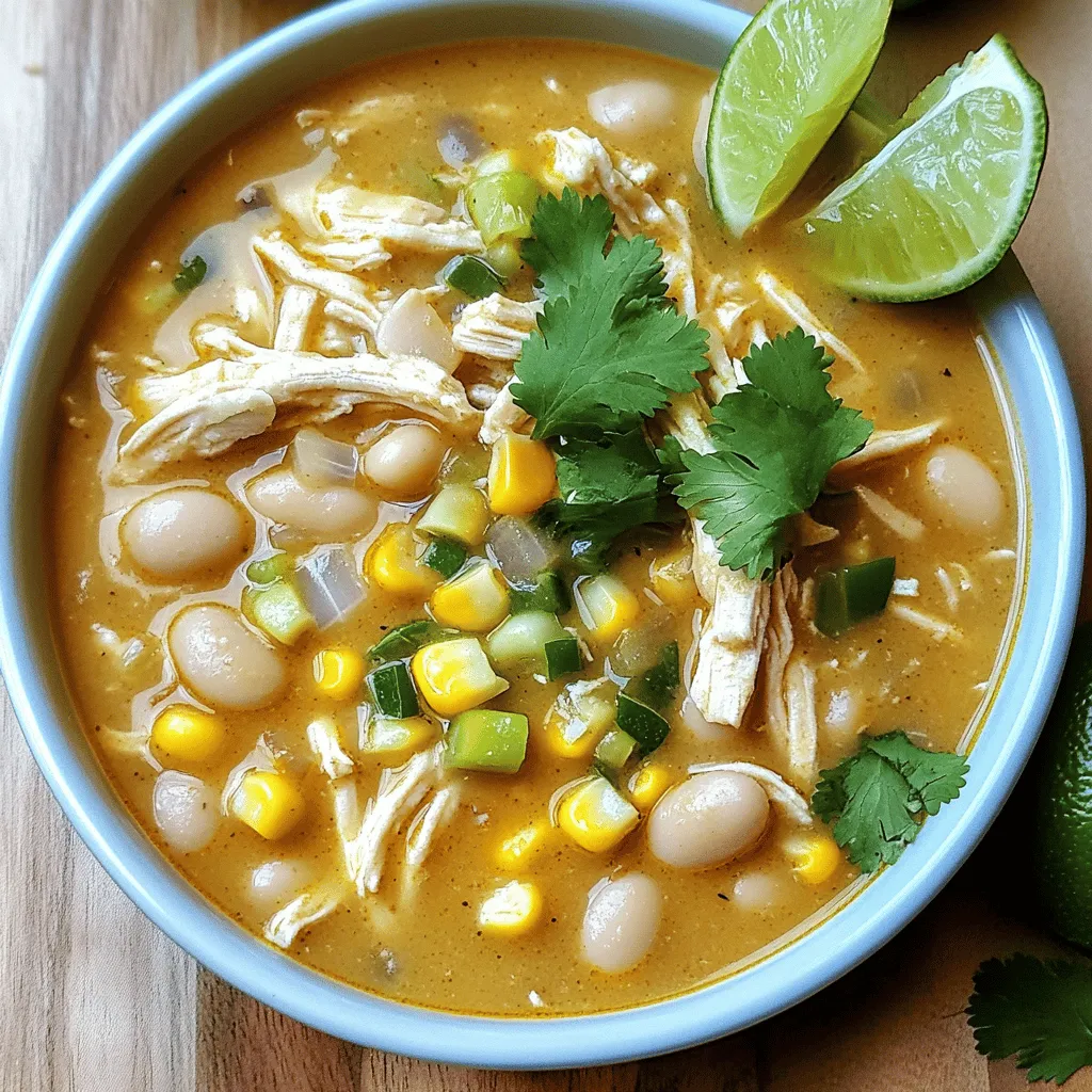 To make Easy White Chicken Chili, you need a few key ingredients. Here’s what you’ll need: - 1 pound cooked chicken breast, shredded - 1 can (15 oz) white beans, thoroughly drained and rinsed - 1 can (4 oz) diced green chilies, including juices - 1 medium onion, finely diced - 2 cloves garlic, minced - 4 cups rich chicken broth - 1 teaspoon ground cumin - 1 teaspoon chili powder - ½ teaspoon dried oregano - 1 cup heavy cream (or coconut milk for a lighter option) - 1 cup corn kernels (fresh or frozen) - Sea salt and freshly cracked pepper, to taste - Fresh cilantro, chopped, for garnish - Lime wedges, for serving These ingredients create a warm, tasty chili. The chicken adds protein, while beans bring fiber. Green chilies give a zesty kick that everyone loves. You can add optional ingredients to make the chili your own. Here are a few ideas: - Sliced jalapeños for heat - Bell peppers for sweetness - Avocado for creaminess - Shredded cheese for richness - A dash of hot sauce for extra spice Feel free to mix and match these options. Adding different items can change the flavor profile and make it more exciting. Not all ingredients are set in stone. Here are some swaps you can try: - Use turkey instead of chicken for a leaner option. - Swap white beans for black beans or chickpeas if you prefer. - Replace heavy cream with Greek yogurt for a tangy taste. - Use vegetable broth instead of chicken broth for a vegetarian version. These substitutions can help you adjust the recipe to your taste or dietary needs. Enjoy the flexibility while making this delicious dish. For the full recipe, click [Full Recipe]. First, gather all your ingredients. You will need: - 1 pound cooked chicken breast, shredded - 1 can (15 oz) white beans, thoroughly drained and rinsed - 1 can (4 oz) diced green chilies, including juices - 1 medium onion, finely diced - 2 cloves garlic, minced - 4 cups rich chicken broth - 1 teaspoon ground cumin - 1 teaspoon chili powder - ½ teaspoon dried oregano - 1 cup heavy cream (or coconut milk) - 1 cup corn kernels (fresh or frozen) - Sea salt and freshly cracked pepper, to taste - Fresh cilantro, chopped, for garnish - Lime wedges, for serving Next, dice the onion and mince the garlic. This adds a strong flavor base. You can use cooked chicken from a rotisserie or leftovers to save time. In a large pot, heat a drizzle of olive oil over medium heat. Add the diced onion and sauté for about 5 minutes. You want it soft and clear. Then, add the minced garlic and stir for about one minute. You should smell the garlic but not let it brown. Now, stir in the shredded chicken, drained white beans, diced green chilies, corn, chicken broth, cumin, chili powder, and oregano. Mix everything well. This ensures each bite is packed with flavor. Increase the heat and bring the mix to a gentle simmer. Cook uncovered for about 20 minutes. This step is key for blending the flavors. After that, lower the heat to minimum. Gradually stir in the heavy cream. Heat this gently for around 5 minutes. Avoid boiling to keep the cream smooth. Taste your chili and add sea salt and pepper as needed. Don’t be shy to adjust the seasoning. Serve your chili hot, garnished with chopped cilantro. The lime wedges on the side add a zesty kick. This dish is perfect for any meal. For the full recipe, check the details above. Enjoy! To get the chili just right, you want it creamy but not too thick. Start with the heavy cream. This gives your chili a silky finish. If you want a lighter option, use coconut milk. If your chili is too thick, add more chicken broth. A little bit at a time works best. Keep stirring as you add broth. This will help mix it well. You can also adjust the cooking time. Letting it simmer longer can thicken your chili, but check often. To make your chili burst with flavor, think about adding extra spices. A pinch of smoked paprika can add depth. You may also try a dash of cayenne pepper for heat. Fresh herbs like cilantro enhance the taste too. Squeeze a lime wedge right before you eat. It adds a refreshing zest. You can also top your chili with avocado or cheese. These toppings bring a creamy texture that complements the dish. Serve your white chicken chili hot in bowls. This dish pairs well with rice or cornbread. You could also offer tortilla chips for crunch. For a fun twist, set up a toppings bar. Let guests add their favorite extras, like diced tomatoes or jalapeños. Don't forget about drinks! A light beer or iced tea works well. The right drink can make your meal even better. For full details on making this dish, check the Full Recipe. {{image_4}} You can easily make this dish vegetarian. Just swap the chicken for firm tofu. Use vegetable broth instead of chicken broth. This keeps the flavor strong and rich. You can also add more veggies like bell peppers or zucchini. For a creamier texture, use coconut milk in place of heavy cream. This gives a nice taste and fits vegan diets. If you love heat, add fresh jalapeños. You can also use hotter green chilies. Just mix them in with the other ingredients. For extra spice, sprinkle in cayenne pepper or hot sauce. Start with a little, then taste as you go. This way, you can control the spice level. A spicier chili can wake up your taste buds and make every bite exciting. While white beans are great, you can try other beans too. Black beans or pinto beans bring different tastes and colors. You can even mix beans for more texture. Just remember to rinse and drain them well. This keeps your chili from getting too thick. Choose the beans that you enjoy the most for a personal touch. The Full Recipe allows for these fun swaps! To keep your chili fresh, let it cool first. Then, transfer it to an airtight container. This way, it stays tasty for up to three days in the fridge. Always label the container with the date. This helps you know how long it has been stored. If you have extra chili, freezing is a great option. Pour the cooled chili into freezer-safe bags or containers. Remove as much air as possible before sealing. It lasts well for up to three months in the freezer. When you're ready to eat it, just thaw it in the fridge overnight. Reheat your chili gently on the stove over low heat. Stir it often to keep it from sticking. You can also use the microwave if you're in a hurry. Just cover the bowl and heat it in short bursts, stirring in between. Add a splash of chicken broth if it looks too thick. Enjoy your flavorful chili just like the first time! Yes, you can make Easy White Chicken Chili in a slow cooker. Just add all the ingredients to the slow cooker. Set it on low for about 6 to 8 hours or high for 3 to 4 hours. This method gives the flavors time to blend well. You can shred the chicken right in the pot for ease. There are many great sides for white chicken chili. Here are a few ideas: - Cornbread: Sweet and fluffy, it pairs perfectly. - Tortilla Chips: Crunchy and great for dipping. - Rice: A simple side that soaks up the chili. - Salad: A fresh green salad adds a nice crunch. - Sour Cream: A dollop on top adds creaminess. Easy White Chicken Chili lasts about 3 to 4 days in the fridge. Store it in an airtight container. You can also freeze it for up to 3 months. To reheat, just warm it on the stove or in the microwave. Enjoy the rich flavors even days later! For the complete recipe, check the Full Recipe. Easy White Chicken Chili is simple and tasty. You learned about key ingredients, cooking steps, and tips. I shared variations for everyone, from vegans to spice lovers. You also got advice on storage and reheating methods. In summary, this chili offers many options to match your taste. Try it your way, and enjoy every bite. Happy cooking!