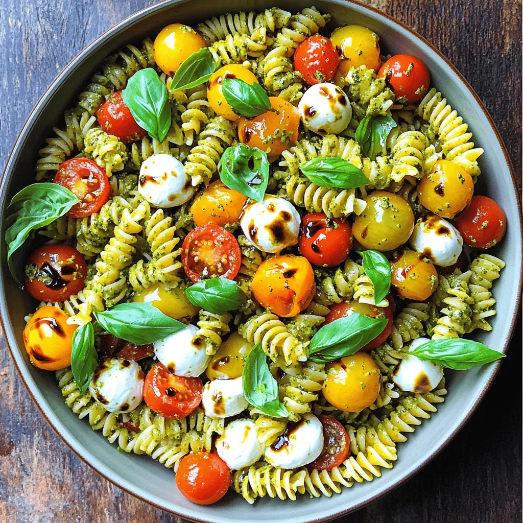 To make Creamy Caprese Pasta Salad, you need a few simple ingredients: - 8 oz. rotini pasta - 1 cup cherry tomatoes, halved - 1 cup fresh mozzarella balls (bocconcini), halved - 1/2 cup fresh basil leaves, finely chopped - 1/4 cup heavy cream - 1/4 cup basil pesto - 1 tablespoon balsamic vinegar - 1 tablespoon extra virgin olive oil - Salt and freshly cracked black pepper to taste For the best taste, I suggest using high-quality ingredients. Fresh mozzarella makes a big difference. Choose mozzarella balls that are soft and creamy. When picking tomatoes, look for ripe cherry tomatoes. They should be bright and firm. Fresh basil adds wonderful flavor. Try to get it from a local market or grow it yourself. Use real balsamic vinegar for a rich taste. Extra virgin olive oil is best for its flavor and health benefits. If you have dietary needs, you can still enjoy this salad. For a dairy-free option, use vegan mozzarella or tofu. You can replace heavy cream with coconut cream or a dairy-free alternative. If you're gluten-free, swap the rotini pasta for gluten-free pasta. For a nut-free version, check your pesto for nuts and use a nut-free brand. This way, everyone can enjoy this creamy delight! Start by boiling water in a large pot. Add salt to the water for flavor. Once the water boils, add 8 oz. of rotini pasta. Cook it for 8-10 minutes, or until it feels firm but tender. This is called al dente. After cooking, drain the pasta in a colander. Let it cool for about 5 minutes. Cooling the pasta helps it mix better with the other fresh ingredients. While the pasta cools, wash and prepare the fresh ingredients. Cut 1 cup of cherry tomatoes in half. This adds sweetness and color. Next, take 1 cup of fresh mozzarella balls and halve them. These creamy bites add richness to the salad. Then, chop 1/2 cup of fresh basil leaves finely. This herb brings a bright flavor that makes the salad pop. In a small bowl, make your creamy dressing. Combine 1/4 cup of heavy cream with 1/4 cup of basil pesto. Add 1 tablespoon of balsamic vinegar and 1 tablespoon of extra virgin olive oil. Finally, sprinkle in a pinch of salt and freshly cracked black pepper. Whisk everything together until it’s smooth and well mixed. This dressing ties all the flavors together. In a big mixing bowl, combine the cooled rotini pasta, halved cherry tomatoes, mozzarella balls, and chopped basil. Gently stir to mix without breaking the cheese. Next, drizzle your creamy dressing over the pasta. Toss everything together carefully until well coated. Taste the salad and adjust the seasoning if needed. Once you’re happy, cover the bowl and chill it in the fridge for at least 30 minutes. Chilling helps the flavors blend for a tasty dish. For the full recipe, refer to the earlier section. To get the best creamy texture, use good-quality heavy cream. This adds richness. Blend the cream with basil pesto for flavor. Whisk until smooth. This step is key for a delightful creaminess. If you want a lighter version, try Greek yogurt instead. It gives a nice tang while keeping it creamy. Presentation is important for any dish. Transfer your salad to a large, shallow bowl. This helps everyone see the colorful layers. Add fresh basil leaves on top for a pop of green. Drizzle balsamic glaze over the salad to make it shine. This adds a beautiful finish and a sweet flavor. Flavor is vital in this dish. You can add more ingredients to enhance it. Try adding sliced olives for a briny kick. A sprinkle of grated Parmesan cheese can give a nice salty touch. If you like a bit of heat, add red pepper flakes. Experimenting is part of the fun! For the full recipe, click here: [Full Recipe]. {{image_4}} If you want a vegetarian version, you can keep it as is. Just skip the heavy cream and use a plant-based cream instead. For a vegan option, swap out the mozzarella for avocado cubes or marinated tofu. This change adds creaminess and keeps the flavors bright. You can add grilled chicken or shrimp for a protein boost. Both options pair well with the creamy dressing. For a vegetarian touch, try chickpeas or black beans. They add texture and make the salad filling. While rotini works great, you can use other pasta shapes too. Penne or farfalle are fun choices. They hold the dressing well and give a different bite. Experimenting with shapes keeps the dish exciting and fresh. For the full recipe, check out the Creamy Caprese Pasta Salad Delight. Store your creamy Caprese pasta salad in an airtight container. This keeps the salad fresh. If you have leftovers, avoid adding the dressing until you serve it. This helps the pasta stay firm and tasty. Your pasta salad can last up to three days in the fridge. After that, the quality may drop. Always check for any signs of spoilage before you eat it. This salad is best served cold. You do not need to reheat it. If you prefer it warm, heat it gently on the stove. Add a splash of olive oil to keep it creamy. For the best taste, serve it fresh! For the complete recipe, check out the Full Recipe. To make this pasta salad vegan, swap the heavy cream with a plant-based cream. You can use cashew cream or coconut cream for a rich texture. Replace fresh mozzarella with vegan cheese or simply skip it. The flavors will still shine through with the tomatoes and basil. Yes, you can prepare this salad in advance. Make it no more than a day ahead. Chill it in the fridge to let the flavors blend. Just be sure to add fresh basil right before serving. This keeps it vibrant and fresh. While the creamy dressing is tasty, you can try other options. A simple vinaigrette adds a nice zing. You could whisk olive oil, lemon juice, and garlic for a fresh taste. Another option is a creamy avocado dressing for a smooth finish. This pasta salad has fresh ingredients like tomatoes and basil, which are great for you. The rotini pasta adds carbs for energy. Use less cream or cheese to cut calories. Overall, it’s a balanced dish if eaten in moderation. Enjoy it alongside a protein for a full meal! For the complete process of making this delicious salad, check the Full Recipe. This blog post covered how to make a creamy Caprese pasta salad. We explored the best ingredients for flavor and texture. You learned about cooking pasta, prepping fresh items, and making the dressing. We shared tips for presentation, dietary swaps, and storage. Final thoughts: This salad is flexible and easy to make. You can enjoy it any time. Try different ingredients to suit your taste!