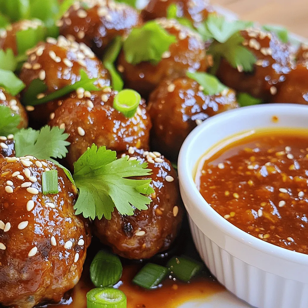 - 1 pound ground beef or turkey - 1/2 cup panko breadcrumbs - 1/4 cup green onions, finely chopped - 1/4 cup toasted sesame seeds - 2 cloves garlic, minced - 1-inch piece ginger, freshly grated - 1/4 cup low sodium soy sauce - 2 tablespoons brown sugar - 1 tablespoon gochujang - 1 tablespoon rice vinegar - 1 teaspoon sesame oil - Salt and pepper to taste - Fresh cilantro and additional sesame seeds for garnish Each ingredient plays a key role. Ground beef or turkey gives the meatballs their base. Panko breadcrumbs add a crispy texture. Green onions bring a fresh, mild flavor. Toasted sesame seeds add crunch and richness. Garlic and ginger give a warm, aromatic taste. Low sodium soy sauce adds saltiness while brown sugar balances it with sweetness. Gochujang adds a spicy kick. Rice vinegar brightens the mix, and sesame oil rounds it out with depth. You can adjust the seasoning with salt and pepper. Garnishing with cilantro and sesame seeds makes the dish pop. For the full recipe, check out the details to ensure you get each step right! - Preheat the oven to 400°F (200°C). - Prepare a baking sheet with parchment paper. - Combine all ingredients in a mixing bowl thoroughly. - Use hands to mix for even consistency. - Form meat mixture into 1-inch balls. - Arrange on the baking sheet evenly spaced. - Bake for 20-25 minutes until browned and cooked through. - Use a meat thermometer to check for 165°F (74°C). - Combine soy sauce, gochujang, and rice vinegar for dipping. - Allow meatballs to cool, then garnish with cilantro and sesame seeds. This Korean BBQ meatball recipe is simple and fun. Follow each step closely for the best results. Enjoy the savory flavors and share with friends! For the full recipe, check the link. To get the best flavor in your Korean BBQ meatballs, adjust the gochujang. If you like spice, add more. If you want it milder, use less. Freshly grated ginger makes a huge difference too. It adds brightness and depth to the dish. Always use fresh ingredients for the best taste. When forming your meatballs, moisten your hands. This simple step keeps the meat from sticking to your fingers. It makes shaping them easier. Also, use parchment paper on your baking sheet. This ensures the meatballs release easily after baking. For a crispy exterior, broil the meatballs during the last few minutes of cooking. This technique gives them a nice crunch without drying them out. Just watch them closely to prevent burning. You want that perfect golden color for the best look and taste. {{image_4}} You can switch up the meat in your Korean BBQ meatballs. Ground chicken or pork adds a unique flavor. If you want a healthier option, try plant-based ground meat. This choice is great for vegetarians and still tastes amazing. To make your meatballs stand out, add fresh herbs. Mint or basil gives a bright taste. You can also chop up bell peppers or carrots. These veggies add crunch and nutrition to your dish. How you cook your meatballs changes their texture. If you want a crispy bite, pan-fry them instead of baking. For that smoky BBQ flavor, grill the meatballs. Both methods enhance the taste and make them fun to eat. If you're ready to dive into the full experience, check out the [Full Recipe]. Store leftover meatballs in an airtight container for up to 3 days. Keeping them sealed helps retain moisture and flavor. You can enjoy them as a quick snack or add them to a salad for lunch. Freeze uncooked meatballs on a baking sheet before transferring them to a freezer bag. This method keeps them from sticking together. You can also freeze cooked meatballs. Just ensure they cool down first. Reheating them later makes for an easy meal. Reheat in the oven at 350°F (175°C) for best results. This way, they warm evenly and stay juicy. If you need a faster option, you can use a microwave, but the oven gives a better texture. Yes, you can substitute ground turkey, chicken, pork, or meat alternatives. Each type of meat brings its own taste and texture. Ground turkey is leaner, while pork offers a richer flavor. Feel free to get creative based on what you have at home. To make the meatballs less spicy, reduce the amount of gochujang or omit it altogether. You can also add a bit more brown sugar to balance the heat. Taste as you go, and adjust until it suits your palate. Serve with steamed rice, pickled veggies, or a fresh salad for balance. The rice helps soak up the flavors, while pickled veggies add a nice crunch. A salad can lighten the meal and bring freshness. Present the meatballs with a dipping sauce and garnish for a colorful platter. Use a nice dish to catch the eye. Adding fresh cilantro and sesame seeds on top makes everything pop. The dipping sauce adds an extra layer of flavor. They can last refrigerated for up to 3 days when stored properly. Keep them in an airtight container to maintain freshness. Reheat them gently to enjoy later. These Korean BBQ meatballs are simple to make and full of flavor. You learned about the key ingredients and steps needed to create them. I shared tips to enhance taste and texture, as well as variations to keep things interesting. Storing and reheating options were also highlighted, ensuring you can enjoy your meatballs later. With this knowledge, you can cook up a tasty dish that pleases everyone. Dive into your kitchen and try making these meatballs for a quick and satisfying meal. Enjoy cooking!