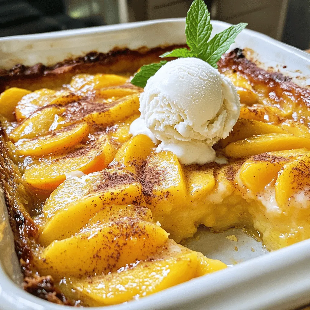 - 6 ripe peaches, peeled and sliced - 1 cup granulated sugar, divided - 1 teaspoon ground cinnamon - 1 tablespoon freshly squeezed lemon juice - 1 cup all-purpose flour - 1 tablespoon baking powder - 1/2 teaspoon salt - 1 cup whole milk - 1/2 cup unsalted butter, melted - 1 teaspoon pure vanilla extract - 1/2 teaspoon ground nutmeg (optional) Gathering your ingredients is crucial for a great peach cobbler. Fresh, ripe peaches are a must. They bring sweetness and flavor that canned peaches can’t match. The sugar helps to enhance the peaches' natural sweetness while also giving the cobbler a nice golden crust. Ground cinnamon adds warmth and depth to the flavor. The lemon juice brightens up the dish and balances the sweetness. The dry mix includes flour, baking powder, and salt. This mix forms the base of your batter. Whole milk and melted butter create a rich, moist texture. The vanilla extract adds a lovely aroma. If you like, add ground nutmeg for an extra layer of flavor. Next, you need the right kitchen tools. Having the right tools makes cooking easier and more fun. You’ll need measuring cups and spoons to get your amounts just right. Mixing bowls help combine your ingredients without any mess. A whisk is perfect for mixing the batter smoothly. Finally, a 9x13 inch baking dish is ideal for baking your cobbler evenly. With these ingredients and tools ready, you’re set to create a delicious Classic Southern Peach Cobbler. For the complete step-by-step guide, check the Full Recipe. To start, take your six ripe peaches and peel them. Slice the peaches into thin pieces. In a large bowl, mix the peaches with half a cup of granulated sugar, one teaspoon of ground cinnamon, and one tablespoon of freshly squeezed lemon juice. Toss the peaches gently until they are well coated. Let the mixture sit for about ten minutes. This step helps the peaches release their juices, making them sweeter and more flavorful. Next, grab another mixing bowl. Whisk together one cup of all-purpose flour, one tablespoon of baking powder, half a teaspoon of salt, and the remaining half cup of sugar. Mix these dry ingredients until they are combined. Now, slowly pour in one cup of whole milk, half a cup of melted unsalted butter, and one teaspoon of pure vanilla extract. Stir continuously until the batter is smooth and lump-free. If you like, you can fold in half a teaspoon of ground nutmeg for extra flavor. Grab a greased 9x13 inch baking dish. Carefully pour the batter into the dish, spreading it evenly. Next, layer the peach mixture on top of the batter. Make sure not to stir; just let the peaches sit on top. This creates beautiful layers as it bakes. Preheat your oven to 350°F (175°C). Place the baking dish in the oven and bake for 40 to 45 minutes. The top should turn a lovely golden brown. To check if it’s done, insert a toothpick into the center; it should come out clean. After baking, let it cool for at least ten minutes before serving. To get the Full Recipe, feel free to check the earlier section! To get that golden, crisp topping, start with a hot oven. Preheat to 350°F (175°C). This helps the batter rise well. Use a mix of melted butter and milk for a rich flavor. Pour the batter first, then layer the peaches carefully. This method helps the topping bake evenly. To prevent a soggy bottom, do not stir the peaches into the batter. Let the peaches sit for about 10 minutes. This allows them to release excess juices. If your peaches are very juicy, you can add a bit more flour to the batter. This helps absorb extra liquid and keeps the bottom firm. For the best taste, serve warm. A scoop of vanilla ice cream on top is classic. The cold ice cream melts into the warm cobbler, creating a creamy mix. You can also add whipped cream for extra sweetness. Garnish with a sprig of fresh mint. It adds a nice touch and looks pretty on the plate. Enjoy your peach cobbler plain, or with a drizzle of caramel for a sweet twist. {{image_4}} If you want to change up your classic peach cobbler, try other fruits. Berries, like strawberries or blueberries, can work well. Apples also make a tasty option. They add a nice crunch and sweetness. You can even mix peaches with berries for a burst of flavors. This combo creates a fun twist on the classic dish. Each fruit brings its own charm and can surprise your taste buds. Want to enjoy peach cobbler but need it gluten-free? You can swap all-purpose flour for a gluten-free blend. Many brands make these blends easy to use. Just ensure it includes xanthan gum for proper texture. For a dairy-free version, replace milk with almond or oat milk. Coconut milk also adds a rich, creamy taste. Remember to adjust baking times. Keep an eye on your cobbler, as it may bake faster. These simple changes will help you savor this treat without worry. For the complete recipe, check out the Full Recipe. To store leftover peach cobbler, let it cool first. Cover it tightly with plastic wrap or foil. You can also use an airtight container. This keeps the cobbler fresh and tasty. Store it in the fridge for up to four days. If you want to keep it longer, freeze it. Wrap it well in plastic and then in foil. Frozen peach cobbler lasts for about three months. To reheat peach cobbler, the oven works best. Preheat it to 350°F (175°C). Place the cobbler in a baking dish. Heat for about 20 minutes. This method keeps the crust crisp. If you're in a hurry, use the microwave. Heat in short bursts, about 30 seconds at a time. Check it often to avoid sogginess. After refrigerating, let the cobbler sit at room temperature for a few minutes. This helps it warm evenly. Serve it with a scoop of ice cream or whipped cream. This makes each bite even more delicious. For the Full Recipe, be sure to check the recipe details above. Yes, you can use canned peaches. Canned peaches are easy and quick. They save time since they are already peeled and sliced. However, fresh peaches have a better flavor and texture. Here are some pros and cons: Pros of using canned peaches: - Convenient and ready to use - No peeling or slicing needed - Longer shelf life Cons of using canned peaches: - Often packed in syrup, adding extra sugar - Can be mushier than fresh peaches - Less fresh flavor If you choose canned peaches, rinse them first to reduce sugar content and enhance the flavor. Making peach cobbler ahead is easy. You can prepare the peach mixture and batter separately. Follow these steps: 1. Prepare the peach mixture: Combine the sliced peaches with sugar and spices. Store it in the fridge for up to a day. 2. Make the batter: Mix the dry and wet ingredients. Keep the batter in the fridge for a few hours. 3. Combine before baking: When ready to bake, mix the peach mixture and batter together. Pour into the baking dish and bake as directed. This way, your dessert is ready to bake when you are! If your cobbler is runny, it can be fixed. Here are a few tips: - Add more thickener: Use cornstarch or flour. Mix it with the peach juices before baking. - Bake longer: If it looks runny, let it bake a bit longer. This will help the juices thicken. - Cool completely: Let it cool before serving. Sometimes, it firms up as it cools. These steps will help you get the right texture for your cobbler. You can find the Full Recipe for Peachy Southern Delight [here](#). This will give you all the details you need to create this tasty dessert! This blog post covered the basics of making a delicious peach cobbler. We discussed the key ingredients and kitchen tools, step-by-step instructions, as well as important tips to get the best texture. You also learned about variations for gluten-free or dairy-free diets and how to store your cobbler. Making this dessert can bring joy to any gathering. Enjoy your baking and share it with others!