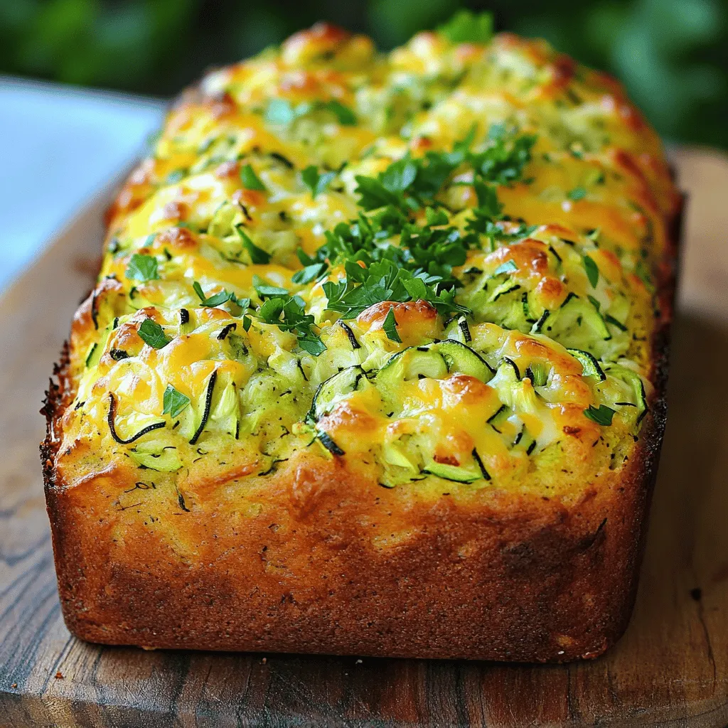 - 2 cups grated zucchini - 1 ½ cups all-purpose flour - 1 cup shredded sharp cheddar cheese - 1 teaspoon baking powder - ½ teaspoon baking soda - 1 teaspoon salt - ½ teaspoon freshly ground black pepper - ½ teaspoon dried oregano - ½ teaspoon dried thyme - 2 tablespoons fresh parsley - 2 large eggs - ½ cup extra virgin olive oil - ¼ cup milk When you gather your ingredients for Zucchini Cheddar Herb Bread, you’ll notice how simple they are. The main star is zucchini, which adds moisture and flavor. Use about two medium zucchinis to get the two cups you need. Grating them makes the zucchini blend right into the batter, keeping the bread tender. Next up is flour. All-purpose flour is best for this recipe. It gives the bread structure without being too heavy. The sharp cheddar cheese adds a rich, tangy taste that really shines through. Make sure to shred it yourself for the best melt and flavor. The seasonings play a big role in how your bread tastes. Baking powder and baking soda help it rise. Salt and pepper add depth. Oregano and thyme bring a nice herbal note, while fresh parsley adds a pop of color and a fresh taste. For the wet ingredients, you’ll need two eggs. They help bind everything together. Extra virgin olive oil keeps the bread moist and adds healthy fat. Finally, milk rounds out the batter, giving it a nice balance. With this list, you have everything you need for a delicious Zucchini Cheddar Herb Bread. If you want the full step-by-step guide, check out the Full Recipe. - Preheat oven to 350°F (175°C). - Prepare a 9x5-inch loaf pan by greasing it or using parchment paper. - In a large bowl, combine grated zucchini, eggs, olive oil, and milk. - Whisk these wet ingredients until smooth and well mixed. - In another bowl, whisk together flour, baking powder, baking soda, salt, black pepper, oregano, thyme, and parsley. - Gradually add the dry mixture to the wet mixture. - Use a spatula to mix gently. Stop mixing when no dry flour remains. - Carefully fold in the cheddar cheese until evenly mixed. - Pour the batter into the prepared loaf pan. - Bake for 45-55 minutes, until golden brown and a toothpick comes out clean. Make sure to check the Full Recipe for all the details! To make your Zucchini Cheddar Herb Bread perfect, mix well. A proper mix helps it bake evenly. Always check for doneness with a toothpick. Insert it into the center; if it comes out clean, your bread is ready. For a lovely presentation, slice the bread while warm. Serve it on a rustic wooden board or a colorful plate. Garnish with fresh parsley for a pop of color. This bread pairs well with butter or herb-infused olive oil for dipping. Avoid overmixing the batter. This makes the bread dense. Also, let the bread cool properly. Cooling ensures the right texture and flavor. {{image_4}} You can swap the sharp cheddar for other cheeses. Mozzarella gives a nice melt. Feta adds a tangy twist. Feel free to mix them! Adding herbs boosts the flavor. Chives or dill pair well with any cheese. If you need gluten-free bread, use almond or coconut flour. They work well and still taste great. For a vegan option, swap eggs with flax eggs. Use plant-based milk for a dairy-free choice. Want some kick? Add cayenne pepper or red pepper flakes. This will give your bread a spicy touch. You can also toss in more veggies. Try diced bell peppers or corn for extra flavor and texture. To keep your Zucchini Cheddar Herb Bread fresh, store it at room temperature. Use a bread box or wrap it in foil. This keeps the bread soft and moist. It can last up to three days this way. If your kitchen is warm, consider placing it in the fridge. Just remember, this may dry it out a bit. For longer storage, freezing is best. Wrap the cooled bread tightly in plastic wrap. Then place it in a freezer bag. This helps prevent freezer burn. You can freeze it for up to three months. When ready to enjoy, thaw it overnight in the fridge. To reheat, slice the bread and place it in a toaster or oven. Set the toaster to medium heat. For the oven, preheat to 350°F (175°C). Bake the slices for about 10 minutes. This will bring back the soft texture and warm flavors. Enjoy it fresh like the day you made it! You can tell the bread is done when the top is golden brown. Insert a toothpick into the center. If it comes out clean, your bread is ready. The edges should pull away from the pan slightly. Yes, you can use other veggies. Carrots or yellow squash work well. They will add a different taste and texture. Each option may change the bread’s moisture level, so adjust accordingly. Serve it warm, sliced, and fresh. It pairs well with butter or herb-infused oil. You can also enjoy it with soups or salads. For a fun twist, try it as a sandwich base! Yes, you can make it ahead. Bake the bread and let it cool completely. Wrap it tightly in plastic wrap. Store it at room temperature for up to three days. For longer storage, freeze it. There are many great options! You can try zucchini fritters, zucchini noodles, or even zucchini muffins. Each of these recipes makes good use of leftover zucchini. Experiment and find your favorite dish! For the full recipe, check out the complete instructions. Enjoy your cooking! This blog post covered how to make Zucchini Cheddar Herb Bread step by step. We discussed all the ingredients, preparation, and baking tips. You now have options to change flavors and adjust for different diets. Store it properly to keep it fresh. Enjoy this tasty bread with your favorite meals. Cooking can be fun, and this recipe proves it. You’ll impress friends and family with your baking skills!