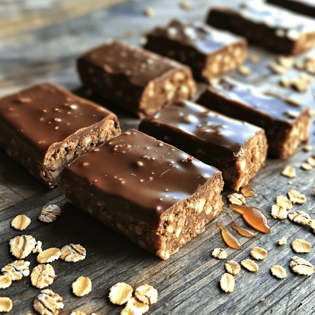 The main ingredients in these protein bars are simple. You need: - 1 cup rolled oats - 1/2 cup natural peanut butter (or almond butter) - 1/2 cup honey (or maple syrup) - 1/2 cup chocolate-flavored protein powder These items work well together. The oats give texture. The nut butter adds creaminess. Honey or maple syrup acts as a sweetener. The protein powder boosts nutrition. You can swap some ingredients for variety. For the nut butter, try sunflower seed butter for a nut-free option. If you want a vegan bar, use maple syrup instead of honey. You can also change the protein powder flavor. Try vanilla or even strawberry for a fun twist. Each serving has about 200 calories. You get around 8 grams of protein and 10 grams of fat. The bars also have 20 grams of carbs. This makes them a great snack for energy. Adjusting the ingredients can change the nutrition slightly, so feel free to experiment. For the full recipe, check out the detailed instructions above. 1. Start by placing 1 cup of rolled oats and 1/2 cup of chocolate-flavored protein powder into a large mixing bowl. Stir them together thoroughly until fully combined, ensuring there are no clumps. 2. Next, take a separate microwave-safe bowl and add 1/2 cup of natural peanut butter and 1/2 cup of honey (or maple syrup). Heat in the microwave for 20 to 30 seconds, just long enough for the mixture to become warm and pourable. Carefully stir until the peanut butter and honey are completely blended together. 3. Pour the warm mixture of peanut butter and honey into the bowl containing the oats and protein powder. Using a spatula, mix everything thoroughly until you achieve a thick and sticky dough consistency. Make sure all dry ingredients are moistened. 4. Line an 8x8-inch baking dish with parchment paper, leaving a bit of overhang on the sides. This will make it easy to lift the bars out once set. 5. Transfer the dough into the prepared baking dish and spread it out evenly with a spatula. Press down firmly and smooth the top to ensure a compact texture, which will help the bars hold together better. 6. Place the baking dish in the refrigerator and allow it to chill for at least 1 hour. Once firm, carefully lift the entire block of bars out using the edges of the parchment paper and cut into squares or rectangles, as desired. 7. To maintain freshness, store the bars in an airtight container in the refrigerator, where they will last for up to one week. - Large mixing bowl - Microwave-safe bowl - Spatula - 8x8-inch baking dish - Parchment paper - Mix the dry ingredients well to avoid clumps. - Heat the peanut butter and honey just enough to blend smoothly. - Ensure the dough is sticky for the best texture. - Press the mixture firmly into the baking dish for compact bars. For the full recipe, check out Nutty Chocolate Bliss Protein Bars. To get that perfect chewy texture, mix the dry and wet ingredients well. You want a thick, sticky dough. Press it firmly into your baking dish. This will help the bars hold together. If the mixture feels too dry, add a bit more peanut butter or honey. If it’s too wet, sprinkle in more oats. Store your bars in an airtight container. Place them in the fridge to keep them fresh. This helps them last longer, up to one week. If you want to keep them for longer, consider freezing them. Wrap each bar in plastic wrap before placing them in a freezer bag. This way, you can enjoy them later. You can add fun extras to make these bars even better. Try adding chopped nuts or seeds for crunch. Dried fruit can give a sweet twist. For a richer flavor, mix in cocoa powder or a touch of cinnamon. You can even use nut-free butter like sunflower seed butter. This keeps the recipe safe for those with nut allergies. Each addition boosts nutrition and taste, making your bars special! For the full recipe, check out Nutty Chocolate Bliss Protein Bars. {{image_4}} You can play with flavors in your protein bars. Try different nut butters like almond or cashew. Use honey or maple syrup for sweetness. You can even swap the chocolate protein powder for vanilla or berry flavor. Add spices such as cinnamon or vanilla extract to boost taste. To make these bars vegan, simply use maple syrup instead of honey. For nut-free options, choose sunflower seed butter. You can also use pumpkin puree for a fun twist. Always check labels to avoid allergens. This keeps everyone safe and happy. Seasonal ingredients can add fun to your bars. In the fall, add pumpkin puree or chopped apples. In winter, try dried cranberries or chopped nuts. During summer, mix in fresh berries or coconut flakes. Enjoy the changing flavors with each season! For the full recipe, check out Nutty Chocolate Bliss Protein Bars 🥜. To keep your protein bars fresh, store them in the fridge. An airtight container works best. This method helps avoid moisture and keeps them firm. Try to limit exposure to air. If you plan to eat the bars within a few days, you can keep them at room temperature. Just ensure they stay in a cool, dark spot. Use a glass or plastic container with a tight lid. This helps keep the bars fresh. You can also wrap each bar in parchment paper. Then, place them in a container. This method makes it easy to grab a bar on the go. If you want to freeze them, use freezer-safe bags. Remove excess air before sealing. Homemade protein bars last about one week in the fridge. If you freeze them, they can last up to three months. Just make sure they are well-wrapped. Thaw them in the fridge before eating. This way, you always have a healthy snack ready. Enjoy these treats anytime! You can find the full recipe for Nutty Chocolate Bliss Protein Bars to get started. Yes, you can customize these protein bars. The base recipe is flexible and lets you swap ingredients easily. For example, you can use almond butter if you prefer that over peanut butter. If you want a vegan option, replace honey with maple syrup. You can also add your favorite mix-ins, like dried fruit or seeds. This makes the bars unique to your taste! Your bars should feel firm when you take them out of the fridge. If they feel sticky or too soft, they may need more time to chill. Press down lightly on the bars; they should hold their shape. If they crumble, they might need more mixing or pressing. Keeping them in the fridge for a full hour usually helps achieve the right firmness. Yes, these protein bars are great for meal prep. You can make a batch and store them for the week. They keep well in the fridge for up to one week. Just cut them into bars and place them in an airtight container. This makes it easy to grab a healthy snack when you're on the go. For more ideas, check out the [Full Recipe]. Making homemade protein bars is fun and rewarding. We’ve covered key ingredients, alternative options, and nutritional info. I shared step-by-step instructions, tools needed, and mixing tips for great texture. You can store your bars fresh and know the best containers to use. Remember, customize flavors to your liking. Whether vegan or not, options are endless. With the right storage and tips, you can enjoy your bars for weeks. Now, you have all the skills needed to craft delicious and nutritious protein bars. Enjoy your creations!