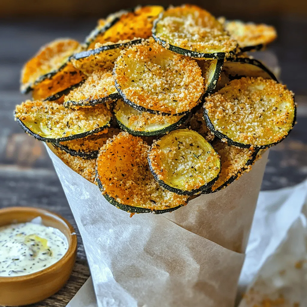 - 2 medium zucchinis - 1 cup panko breadcrumbs - 1/2 cup freshly grated Parmesan cheese The main ingredients are simple yet key for flavor and texture. Zucchini gives a fresh taste. Panko breadcrumbs add the crunch we all love. Parmesan cheese brings a savory note that enhances each bite. - 1 teaspoon garlic powder - 1 teaspoon onion powder - 1/2 teaspoon smoked paprika - 1/2 teaspoon fine salt - 1/4 teaspoon ground black pepper - 2 large eggs - Olive oil spray For seasoning, I love garlic and onion powders. They create a nice base flavor. Smoked paprika adds a hint of smokiness, while salt and pepper balance everything. Eggs help the crumbs stick, ensuring a crisp coating. A light spray of olive oil boosts crunchiness and flavor, making these chips irresistible. For the full recipe, check out the detailed steps to create your perfect snack! 1. First, preheat your oven to 225°F (110°C). This low temp helps the chips get crispy. 2. Prepare two baking sheets by lining them with parchment paper. This step keeps the zucchini from sticking. 3. Now rinse the zucchinis under cold water and dry them well. 4. Using a sharp knife or mandoline slicer, slice the zucchinis into thin rounds, about 1/8 inch thick. Uniform slices ensure even cooking. 1. In a large bowl, crack the two large eggs. Whisk them until the yolks and whites mix well. 2. In another bowl, mix the panko breadcrumbs, grated Parmesan cheese, garlic powder, onion powder, smoked paprika, salt, and black pepper. This mix adds great flavor to the chips. 1. Take each zucchini slice and dip it into the egg mixture. Let any extra egg drip back into the bowl. 2. Next, coat the slice in the breadcrumb mix. Press gently to help the crumbs stick. 3. Arrange the coated slices in a single layer on the prepared baking sheets. They should not overlap. 4. Lightly spray the tops of the slices with olive oil for extra crunch. 5. Bake in the oven for about 2 hours. Flip the zucchini chips halfway through for even crispiness. 6. Keep an eye on them during the last few minutes. You want them golden brown and crispy. 7. Once done, let the chips cool for a few minutes on the baking sheets before serving. To get your zucchini chips nice and crispy, slice them thin. Aim for about 1/8 inch thick. Thinner slices bake better and turn crispier. Use a mandoline slicer if you have one; it makes even slices easy. Now, let’s talk about breadcrumbs. I prefer panko breadcrumbs. They are larger and airier than regular breadcrumbs. This means they give more crunch and texture to your chips. Regular breadcrumbs can work, but they may not give that perfect crunch. To boost the flavor of your zucchini chips, feel free to add different seasonings. Garlic powder and smoked paprika are great, but you can try others too. Consider adding Italian herbs like oregano or basil. Want some heat? Add red pepper flakes for a kick. You can also mix in different cheese varieties. Try cheddar or a spicy pepper jack for a fun twist. Each cheese gives a unique taste, so experiment until you find your favorite. Presentation matters, especially for snacks. Serve your crispy zucchini chips in a cute cone made of parchment paper. This adds a fun touch to your meal. You can also use a small basket for a rustic look. Pair them with yummy dipping sauces for extra flavor. Homemade ranch or marinara sauce is a great choice. Not only do these dips taste good, but they also look great next to your chips. For the full recipe, check out the link provided! {{image_4}} You can swap zucchini for other veggies. Try carrots, sweet potatoes, or eggplant. Each one gives a unique taste and texture. When changing veggies, adjust the cooking times. Thicker veggies need more time to bake. For example, sweet potato chips might need an extra 10 to 15 minutes. Keep an eye on them to avoid burning. If you want a gluten-free snack, use gluten-free breadcrumbs. Many brands make tasty options. You can also use crushed nuts or seeds for a crunchy coating. Almond flour or coconut flour are great choices too. Just make sure you season them well. Flavor is key to a great snack! Want some spice? Add red pepper flakes to your breadcrumb mix. This gives an exciting kick to your chips. If you love herbs, try using dried oregano or thyme. You could even mix in some fresh herbs for a brighter taste. Experiment with different flavors to find your favorite combo! For the full recipe, check out Crispy Baked Zucchini Chips. To keep your zucchini chips crisp, store them in an airtight container. Place a paper towel in the container to absorb moisture. This will help maintain their crunch. Keep the container in a cool, dry place, away from sunlight. Avoid refrigerating them, as that can cause sogginess. When you want to enjoy your leftover zucchini chips, reheating is key. The oven method is best for crispiness. Preheat your oven to 350°F (175°C). Spread the chips out on a baking sheet and heat for about 10 minutes. This will help restore their crispness. If you’re in a hurry, you can use the microwave. Place the chips on a microwave-safe plate. Heat them for 30 seconds at a time until warm. However, this may not keep them as crispy. Yes, you can freeze zucchini chips! Lay them out in a single layer on a baking sheet and freeze until solid. This helps them not stick together. After freezing, transfer them to a freezer bag. Remove as much air as possible before sealing. For successful freezing and reheating, it’s best to bake them first. When you're ready to eat, bake from frozen at 375°F (190°C) for about 15-20 minutes. This will give them a fresh-from-the-oven taste. Enjoy your crispy baked zucchini chips anytime! For the full recipe, check out the section above. To keep your zucchini chips crispy, moisture is the enemy. Follow these steps: - Slice Thin: Cut zucchini into thin rounds, about 1/8 inch thick. Thin slices cook better. - Dry Well: After washing, dry the zucchini slices thoroughly with paper towels. Moisture leads to soggy chips. - Low Temperature: Bake at 225°F (110°C). A low heat helps remove moisture slowly. - Flip Halfway: Turn the chips halfway through baking. This helps them crisp evenly. - Watch Closely: Keep an eye on them during the last minutes. Ovens can vary, and you want them golden, not burnt. Yes, you can! Here’s how to adapt the recipe for an air fryer: 1. Preheat Air Fryer: Set it to 375°F (190°C). 2. Prepare Zucchini: Follow the same slicing, drying, and coating steps. 3. Air Fry: Place the zucchini chips in a single layer in the air fryer basket. Cook for 12-15 minutes, shaking halfway. 4. Check Crispiness: Make sure they are golden brown before removing. Zucchini chips taste great with many dips. Here are some popular options: - Ranch Dressing: A classic choice for a cool, creamy dip. - Marinara Sauce: Perfect for a tangy twist. - Salsa: Adds a fresh and zesty flavor. For homemade dips, try this easy ranch recipe: - Easy Ranch Dip: Mix 1 cup of sour cream with 1 teaspoon of garlic powder, 1 teaspoon of dried dill, and a pinch of salt. Adjust to taste! For the full recipe of crispy baked zucchini chips, check it out in the earlier sections. Enjoy your cooking! In this blog post, I shared how to make crispy baked zucchini chips. We covered the key ingredients, the step-by-step process, and tips for the best results. You learned about seasoning options and how to store your leftover chips. Don’t forget, you can even swap zucchini with other veggies. Explore flavors and try different dips to make it fun. Enjoy making your chips crispy, tasty, and satisfying!