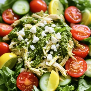 - 2 cups cooked chicken breast, shredded - 1/2 cup basil pesto (store-bought or homemade) - 1 cup cherry tomatoes, halved - 1 cucumber, diced - 1/4 cup red onion, finely chopped - 1/4 cup feta cheese, crumbled - 2 cups mixed greens or fresh spinach The main ingredients in this salad bring together great flavors and textures. The chicken provides protein. The pesto adds a fresh, herby taste. Cherry tomatoes give sweetness, while cucumber adds crunch. Red onion brings a little zing. Feta cheese makes it creamy. Finally, mixed greens or spinach give a nice base for the salad. - 1 tablespoon freshly squeezed lemon juice - Salt and pepper to taste - Optional: Extra olive oil or additional pesto for garnish Now, let's talk about seasoning. Lemon juice adds brightness to the dish. Salt and pepper enhance all the flavors. You can also drizzle a little olive oil on top for richness. If you want more flavor, a bit more pesto can be a perfect touch. This will make your salad even more delicious. For a full recipe, check out [Full Recipe]. How to shred chicken breast To shred chicken breast, start with cooked chicken. Use two forks. Hold one fork in each hand. Pull the chicken apart into bite-sized pieces. This method keeps the chicken tender. If you have a stand mixer, you can also use it. Place the chicken in the mixing bowl and use the paddle attachment on low speed. In seconds, you will have perfectly shredded chicken. Tips for preparing fresh vegetables Always wash your fresh veggies well. For cherry tomatoes, cut them in half. This step makes them juicy and easy to eat. For cucumber, peel it if you want a softer taste. Dice it into small cubes for a nice crunch. Use a sharp knife when chopping red onion. This helps you get thin, even pieces and keeps the flavor strong. Combining chicken and pesto In a large bowl, add your shredded chicken. Pour in the basil pesto. Use a spatula to fold the chicken into the pesto. Mix gently to coat each piece. The green color of the pesto will make your chicken look vibrant and tasty. Gently folding in vegetables and feta Next, add the halved cherry tomatoes, diced cucumber, and red onion. Carefully fold these ingredients into the chicken and pesto mix. This keeps the veggies whole and fresh. Finally, crumble feta cheese on top. This adds a creamy texture that balances the flavors. Creating a bed of greens Take a plate or bowl and add mixed greens or fresh spinach. This creates a nice base for your salad. The greens add color and nutrients. They also provide a fresh flavor that works well with the pesto. Presentation tips for the salad Spoon the pesto chicken mixture over the greens, spreading it out evenly. For a fancy touch, drizzle some extra pesto on top. You can also add a splash of olive oil. Finish with a sprig of fresh basil to make it look beautiful. This simple step makes your dish more inviting. For the full recipe, check out the details above. Seasoning is key for a tasty salad. Use salt and pepper to enhance the flavors. Pesto is already full of taste, but you can boost it. Add lemon juice for a zesty kick. This adds brightness and makes every bite pop. If you want more depth, try mixing in garlic powder or red pepper flakes. These small tweaks can make a big difference in flavor. To store leftovers, put them in an airtight container. This keeps the salad fresh for up to three days. If you want to keep it crisp, store the dressing separately. Combine the salad just before serving for the best texture. To keep greens fresh, wrap them in a damp paper towel. This helps prevent wilting and keeps them crunchy. Using rotisserie chicken is a great time saver. It’s already cooked, so you just shred it. This cuts down on prep time significantly. If you want to make pesto fast, use a food processor. Blend fresh basil, garlic, nuts, and olive oil until smooth. You can also use store-bought pesto for a quick option. Both ways give you tasty results for your salad. For the full recipe, check out the instructions and enjoy making this delightful dish! {{image_4}} You can make this pesto chicken salad your own. Start by adding nuts or seeds for crunch. Chopped walnuts, almonds, or sunflower seeds work well. They add texture and flavor. Plus, they boost the salad's nutrition. If you want a protein twist, try different proteins. Shrimp or tofu can be great substitutes. Cook the shrimp until pink, or sauté the tofu until golden. Both options add unique tastes and keep the meal exciting. While the pesto is full of flavor, you can switch up the dressing. Making your own dressing is simple. Mix olive oil, vinegar, and fresh herbs. This adds a fresh touch to your salad. For a lighter option, look for low-calorie dressings. Yogurt-based dressings are tasty and keep the calories down. You can also use lemon juice or balsamic vinegar for a zesty kick. These options keep your meal healthy without losing flavor. Feel free to explore these variations for your pesto chicken salad. They let you enjoy new tastes while keeping it easy and healthy! For the full recipe, check out the [Full Recipe]. Chicken breast is a great source of lean protein. Each 3-ounce serving has about 25 grams of protein. This helps build muscle and keeps you full longer. It also has low fat, making it a healthy choice for meals. Fresh vegetables bring many benefits. Cherry tomatoes are rich in vitamins A and C. They help boost your immune system. Cucumbers add hydration and fiber, which aids digestion. The basil pesto adds a burst of flavor and healthy fats. It contains basil, which is known for its anti-inflammatory properties. This salad serves four people. Each serving has about 300 calories. This number can change based on how much pesto and cheese you add. Aim to get about 25% of your daily calories from protein. This salad helps meet that goal. The recommended daily values for adults vary. Most need around 2,000 to 2,500 calories per day. This salad fits well into a balanced diet. It provides nutrients without too many calories, making it a smart choice. For the full recipe, check out the vibrant Pesto Chicken Salad Delight. Can I make this salad ahead of time? Yes, you can make this salad ahead of time. It stays fresh for a few hours at room temperature. If you want to store it, place it in the fridge. This way, the flavors blend well, making it even tastier. How long does pesto chicken salad last in the fridge? Pesto chicken salad lasts about three days in the fridge. Store it in an airtight container. If you notice any change in smell or color, it’s best to throw it away. What can I use instead of feta cheese? If you don't like feta cheese, try goat cheese or mozzarella. Both add a creamy texture. You can also skip cheese for a lighter option. Alternatives for those with nut allergies? For nut allergies, use seeds like pumpkin or sunflower seeds. These add crunch without using nuts. You can also enjoy the salad without any seeds for a nut-free dish. Can this salad be frozen? I don't recommend freezing this salad. The veggies will get mushy when thawed. Instead, make it fresh and enjoy it within a few days. Best ways to meal prep for the week with this salad To meal prep, divide the salad into containers. Keep the dressing separate until serving. This helps keep the salad crisp. You can also add cooked chicken and veggies in bulk for quick meals. This blog post covered how to make a tasty pesto chicken salad. We looked at key ingredients like shredded chicken, fresh veggies, and feta cheese. I shared step-by-step instructions for preparation and mixing. You got tips for flavor, storage, and variations to make it your own. As you try this salad, remember its health benefits. Feel free to switch up ingredients to suit your taste. Enjoy every bite!