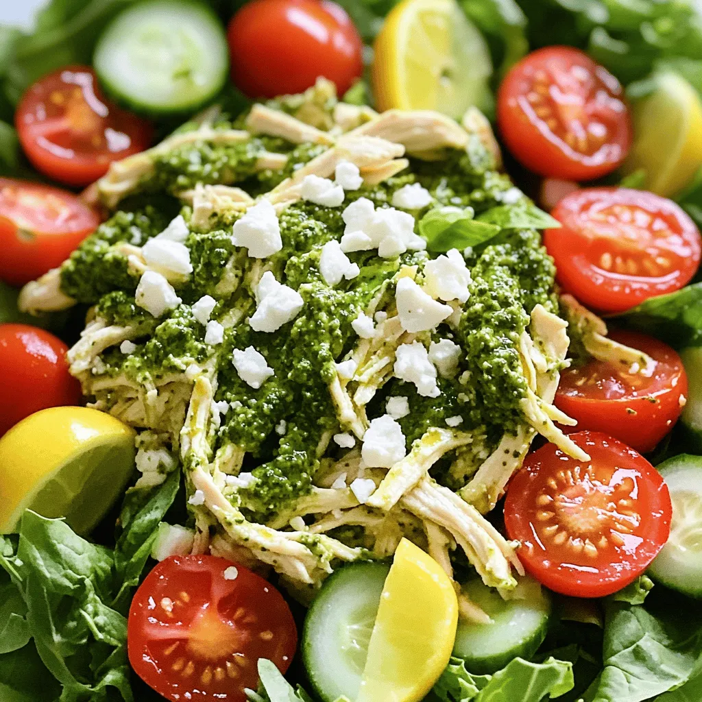 - 2 cups cooked chicken breast, shredded - 1/2 cup basil pesto (store-bought or homemade) - 1 cup cherry tomatoes, halved - 1 cucumber, diced - 1/4 cup red onion, finely chopped - 1/4 cup feta cheese, crumbled - 2 cups mixed greens or fresh spinach The main ingredients in this salad bring together great flavors and textures. The chicken provides protein. The pesto adds a fresh, herby taste. Cherry tomatoes give sweetness, while cucumber adds crunch. Red onion brings a little zing. Feta cheese makes it creamy. Finally, mixed greens or spinach give a nice base for the salad. - 1 tablespoon freshly squeezed lemon juice - Salt and pepper to taste - Optional: Extra olive oil or additional pesto for garnish Now, let's talk about seasoning. Lemon juice adds brightness to the dish. Salt and pepper enhance all the flavors. You can also drizzle a little olive oil on top for richness. If you want more flavor, a bit more pesto can be a perfect touch. This will make your salad even more delicious. For a full recipe, check out [Full Recipe]. How to shred chicken breast To shred chicken breast, start with cooked chicken. Use two forks. Hold one fork in each hand. Pull the chicken apart into bite-sized pieces. This method keeps the chicken tender. If you have a stand mixer, you can also use it. Place the chicken in the mixing bowl and use the paddle attachment on low speed. In seconds, you will have perfectly shredded chicken. Tips for preparing fresh vegetables Always wash your fresh veggies well. For cherry tomatoes, cut them in half. This step makes them juicy and easy to eat. For cucumber, peel it if you want a softer taste. Dice it into small cubes for a nice crunch. Use a sharp knife when chopping red onion. This helps you get thin, even pieces and keeps the flavor strong. Combining chicken and pesto In a large bowl, add your shredded chicken. Pour in the basil pesto. Use a spatula to fold the chicken into the pesto. Mix gently to coat each piece. The green color of the pesto will make your chicken look vibrant and tasty. Gently folding in vegetables and feta Next, add the halved cherry tomatoes, diced cucumber, and red onion. Carefully fold these ingredients into the chicken and pesto mix. This keeps the veggies whole and fresh. Finally, crumble feta cheese on top. This adds a creamy texture that balances the flavors. Creating a bed of greens Take a plate or bowl and add mixed greens or fresh spinach. This creates a nice base for your salad. The greens add color and nutrients. They also provide a fresh flavor that works well with the pesto. Presentation tips for the salad Spoon the pesto chicken mixture over the greens, spreading it out evenly. For a fancy touch, drizzle some extra pesto on top. You can also add a splash of olive oil. Finish with a sprig of fresh basil to make it look beautiful. This simple step makes your dish more inviting. For the full recipe, check out the details above. Seasoning is key for a tasty salad. Use salt and pepper to enhance the flavors. Pesto is already full of taste, but you can boost it. Add lemon juice for a zesty kick. This adds brightness and makes every bite pop. If you want more depth, try mixing in garlic powder or red pepper flakes. These small tweaks can make a big difference in flavor. To store leftovers, put them in an airtight container. This keeps the salad fresh for up to three days. If you want to keep it crisp, store the dressing separately. Combine the salad just before serving for the best texture. To keep greens fresh, wrap them in a damp paper towel. This helps prevent wilting and keeps them crunchy. Using rotisserie chicken is a great time saver. It’s already cooked, so you just shred it. This cuts down on prep time significantly. If you want to make pesto fast, use a food processor. Blend fresh basil, garlic, nuts, and olive oil until smooth. You can also use store-bought pesto for a quick option. Both ways give you tasty results for your salad. For the full recipe, check out the instructions and enjoy making this delightful dish! {{image_4}} You can make this pesto chicken salad your own. Start by adding nuts or seeds for crunch. Chopped walnuts, almonds, or sunflower seeds work well. They add texture and flavor. Plus, they boost the salad's nutrition. If you want a protein twist, try different proteins. Shrimp or tofu can be great substitutes. Cook the shrimp until pink, or sauté the tofu until golden. Both options add unique tastes and keep the meal exciting. While the pesto is full of flavor, you can switch up the dressing. Making your own dressing is simple. Mix olive oil, vinegar, and fresh herbs. This adds a fresh touch to your salad. For a lighter option, look for low-calorie dressings. Yogurt-based dressings are tasty and keep the calories down. You can also use lemon juice or balsamic vinegar for a zesty kick. These options keep your meal healthy without losing flavor. Feel free to explore these variations for your pesto chicken salad. They let you enjoy new tastes while keeping it easy and healthy! For the full recipe, check out the [Full Recipe]. Chicken breast is a great source of lean protein. Each 3-ounce serving has about 25 grams of protein. This helps build muscle and keeps you full longer. It also has low fat, making it a healthy choice for meals. Fresh vegetables bring many benefits. Cherry tomatoes are rich in vitamins A and C. They help boost your immune system. Cucumbers add hydration and fiber, which aids digestion. The basil pesto adds a burst of flavor and healthy fats. It contains basil, which is known for its anti-inflammatory properties. This salad serves four people. Each serving has about 300 calories. This number can change based on how much pesto and cheese you add. Aim to get about 25% of your daily calories from protein. This salad helps meet that goal. The recommended daily values for adults vary. Most need around 2,000 to 2,500 calories per day. This salad fits well into a balanced diet. It provides nutrients without too many calories, making it a smart choice. For the full recipe, check out the vibrant Pesto Chicken Salad Delight. Can I make this salad ahead of time? Yes, you can make this salad ahead of time. It stays fresh for a few hours at room temperature. If you want to store it, place it in the fridge. This way, the flavors blend well, making it even tastier. How long does pesto chicken salad last in the fridge? Pesto chicken salad lasts about three days in the fridge. Store it in an airtight container. If you notice any change in smell or color, it’s best to throw it away. What can I use instead of feta cheese? If you don't like feta cheese, try goat cheese or mozzarella. Both add a creamy texture. You can also skip cheese for a lighter option. Alternatives for those with nut allergies? For nut allergies, use seeds like pumpkin or sunflower seeds. These add crunch without using nuts. You can also enjoy the salad without any seeds for a nut-free dish. Can this salad be frozen? I don't recommend freezing this salad. The veggies will get mushy when thawed. Instead, make it fresh and enjoy it within a few days. Best ways to meal prep for the week with this salad To meal prep, divide the salad into containers. Keep the dressing separate until serving. This helps keep the salad crisp. You can also add cooked chicken and veggies in bulk for quick meals. This blog post covered how to make a tasty pesto chicken salad. We looked at key ingredients like shredded chicken, fresh veggies, and feta cheese. I shared step-by-step instructions for preparation and mixing. You got tips for flavor, storage, and variations to make it your own. As you try this salad, remember its health benefits. Feel free to switch up ingredients to suit your taste. Enjoy every bite!