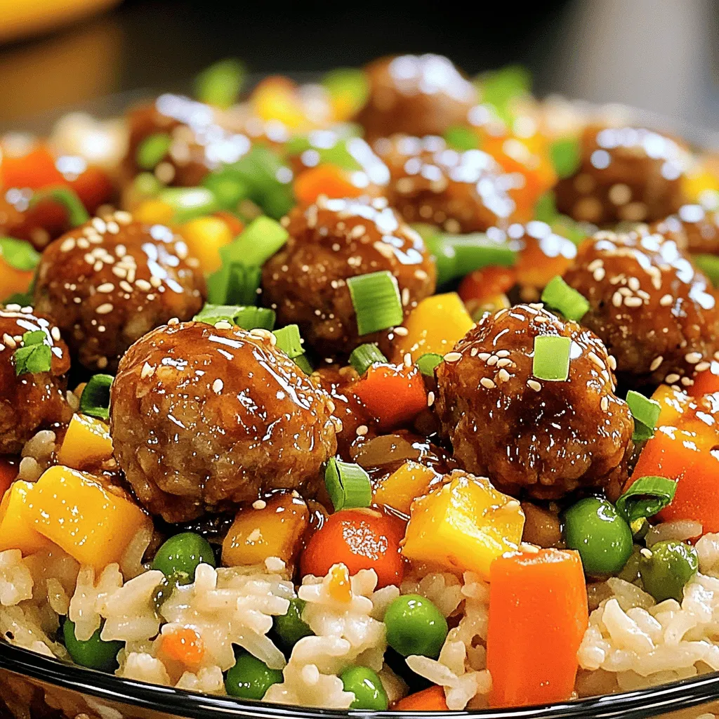 To make this Honey Garlic Meatball Rice Bake, gather these key items: - 1 pound ground beef or turkey - 1/2 cup breadcrumbs (preferably Italian style for added flavor) - 1/4 cup grated Parmesan cheese - 1 large egg - 1 tablespoon minced garlic (fresh or jarred) - 1 teaspoon onion powder - 1 teaspoon salt - 1/2 teaspoon ground black pepper - 1 cup cooked rice (can use white or brown) - 1 cup frozen mixed vegetables (such as peas, carrots, and corn) - 1/3 cup honey - 1/4 cup soy sauce (low sodium recommended) - 1 tablespoon sesame oil - 1 teaspoon ground ginger (fresh grated ginger works wonderfully too) - 1 tablespoon rice vinegar - 2 green onions, sliced (for garnish) - Sesame seeds (for garnish) You can add a few optional ingredients for extra flavor: - Fresh herbs like cilantro or parsley - Hot sauce for a spicy kick - Chopped bell peppers for color and crunch If you need to swap some ingredients, here are some ideas: - Use ground chicken for a lighter meat option. - Swap breadcrumbs with oats for a gluten-free dish. - Replace honey with maple syrup for a different sweet note. - Use coconut aminos in place of soy sauce for a soy-free version. These adjustments help you create a dish that fits your taste. Check out the Full Recipe for more details on how to combine these ingredients for a delicious meal! 1. First, preheat your oven to 375°F (190°C). This ensures even cooking. 2. Grease a 9x13 inch baking dish. Use cooking spray or a light coat of oil to help prevent sticking. 3. In a large bowl, combine your ground beef or turkey with breadcrumbs, Parmesan cheese, egg, minced garlic, onion powder, salt, and black pepper. Use your hands or a spoon to mix well. 4. Shape the mixture into small meatballs. Each meatball should be about 1 inch in diameter. Place them in a single layer in the greased baking dish. 1. In another bowl, whisk together the honey, soy sauce, sesame oil, ground ginger, and rice vinegar. This is your sauce. 2. Pour half of the sauce over the meatballs. Make sure each meatball is nicely coated. 3. Add the cooked rice and frozen mixed vegetables to the baking dish. Toss them gently to mix. 4. Pour the remaining sauce over the rice and vegetables. Mix until everything is coated. 5. Cover the baking dish tightly with aluminum foil. Bake for 25 minutes in the preheated oven. 6. After 25 minutes, carefully remove the foil. Put the dish back in the oven for another 15 minutes. This helps caramelize the meatballs. 1. Once baked, take the dish out of the oven. Let it rest for a few minutes. This allows the flavors to settle. 2. Just before serving, sprinkle with sliced green onions and sesame seeds. This adds a nice crunch and flavor. 3. For an extra touch, serve in bowls. Drizzle some extra honey-sesame sauce on top for added flavor. Enjoy! For the full recipe, refer to the ingredients and instructions above. Making meatballs is both fun and simple. First, always use cold meat. This helps them stay firm. Mix your ingredients gently. Overmixing can make them tough. Form meatballs about one inch wide. This size cooks evenly and stays juicy. If you want extra flavor, add fresh herbs. Chopped parsley or basil can make a big difference. You can also use ground turkey for a lighter option. Just be aware that turkey can be drier than beef. The sauce is key to this dish. For a deeper flavor, try adding a splash of orange juice. It pairs well with honey and soy sauce. If you like heat, add crushed red pepper flakes. Start with a little, then taste and adjust. For a richer taste, substitute honey with maple syrup. It gives a nice twist. You can also mix in a bit of peanut butter for a creamy texture. This adds a unique flavor that kids will love. Serve this dish in bowls for a cozy meal. Drizzle some extra sauce on top for more flavor. Garnish with green onions and sesame seeds to make it look nice. Pair it with a crisp salad or steamed broccoli. This adds crunch and color. For a fun twist, serve it with tortilla chips. The kids will enjoy dipping! For the full recipe, check the detailed instructions above. {{image_4}} You can switch proteins in this dish. Ground beef is classic, but ground turkey is leaner. You can also use chicken if you want a different taste. For a vegetarian option, opt for plant-based meat alternatives. These options work well in the recipe and keep the flavors intact. Feel free to change the vegetables. Frozen mixed veggies work, but fresh ones can add a nice touch. Try bell peppers, broccoli, or zucchini for added crunch. You can also use spinach for a healthy boost. Just remember to adjust cooking time for fresh veggies to ensure they remain tender. Make this dish your own with flavor tweaks. Add some chili flakes for heat or fresh herbs like basil or cilantro for brightness. Swap honey for maple syrup for a different sweet note. You can also use teriyaki sauce instead of soy sauce for a unique twist. Get creative and have fun with the flavors! Check out the Full Recipe for more ideas. To keep your leftovers fresh, place them in an airtight container. Make sure to cool the dish to room temperature first. Store it in the fridge. It should stay good for up to three days. If you notice any off smells or colors, it's best to toss it. When you're ready to enjoy your leftovers, reheat them in the oven or microwave. For the oven, preheat to 350°F (175°C) and cover the dish with foil. Bake for about 15-20 minutes until warmed through. In the microwave, use a microwave-safe dish. Heat in one-minute intervals, stirring in between, until hot. You can freeze this dish for later. First, let it cool completely. Then, transfer it to a freezer-safe container. It can last up to three months in the freezer. When you're ready to eat, thaw it in the fridge overnight. Reheat as mentioned above. For best flavor, try to eat it within a month. For the full recipe, check out the Honey Garlic Meatball Rice Bake . Honey Garlic Meatball Rice Bake stays fresh in the fridge for about three to four days. Store it in an airtight container. This keeps the flavors intact and prevents drying out. When you reheat, use a microwave or oven. Add a splash of water to keep it moist. Yes, you can use brown rice instead of white rice. Brown rice adds a nutty flavor and is more nutritious. Just make sure it's cooked before adding it to the dish. It may take longer to bake, so keep an eye on it. Adjust the cooking time if needed. This dish pairs well with a crisp salad or steamed veggies. You can add a simple cucumber salad for freshness. A side of garlic bread also works great for soaking up sauce. For a fun twist, serve it with egg rolls for a complete meal. Check out the Full Recipe for more ideas! This blog post covered the key ingredients and steps for making a delicious Honey Garlic Meatball Rice Bake. I shared tips on making perfect meatballs, enhancing sauce flavor, and creative serving ideas. You can also explore ingredient substitutions and variations to suit your taste. Lastly, proper storage and reheating can keep your dish fresh. Enjoy your cooking and happy meal sharing!
