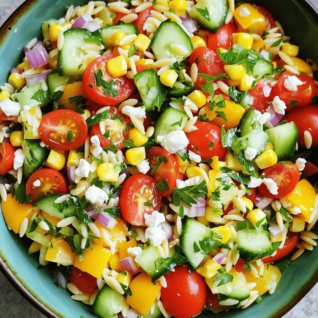 - 1 cup orzo pasta - 1 cup cherry tomatoes, halved - 1 cup cucumber, diced - 1 bell pepper (red or yellow), diced - 1 cup corn kernels (fresh or thawed from frozen) - 1/2 red onion, finely chopped - 1/2 cup feta cheese, crumbled - 1/4 cup fresh parsley, roughly chopped - 1/4 cup extra virgin olive oil - 3 tablespoons fresh lemon juice - Salt and freshly cracked black pepper to taste - Optional: sliced black olives for garnish When I make this salad, I focus on fresh, colorful ingredients. The orzo pasta forms a nice base, and it cooks up quickly. I love using cherry tomatoes because they add a burst of sweetness. Diced cucumber gives a nice crunch, while bell peppers bring vibrant colors. Corn kernels, whether fresh or thawed, add a sweet touch. Red onion gives a bit of sharpness, balancing the flavors. Feta cheese adds creaminess, and fresh parsley brightens everything. I always use high-quality extra virgin olive oil and fresh lemon juice for dressing. They enhance the salad’s taste and keep it healthy. Make sure to grab ripe tomatoes and fresh veggies. This ensures your salad has the best flavor and texture. You can find the full recipe at [Full Recipe]. Bring a large pot of salted water to a boil. Add the orzo pasta and cook it according to the package instructions. Usually, this takes about 8 to 10 minutes. Once cooked, drain the orzo and rinse it under cold water. This stops the cooking and cools the pasta quickly. While the orzo cooks, prepare your vegetables. Start by dicing the cucumber and bell pepper. Finely chop the red onion. Halve the cherry tomatoes. If using frozen corn, run warm water over it in a fine mesh strainer until it thaws. These fresh veggies add crunch and color to the salad. In a large salad bowl, combine the cooled orzo, halved cherry tomatoes, diced cucumber, bell pepper, corn, and chopped red onion. Gently toss everything together. In a small bowl, whisk together the olive oil, lemon juice, salt, and pepper. Drizzle this dressing over the salad. Toss gently to coat all the ingredients. For the best taste, cover the salad with plastic wrap or a lid. Refrigerate it for at least 30 minutes. This waiting time lets the flavors blend. Before serving, give the salad a gentle toss to mix everything well. It’s all about that fresh and vibrant taste! For the full recipe, check out the details above. To keep your orzo just right, follow these steps. First, cook the orzo in boiling, salted water. Stir often to prevent sticking. Check the package for timing, usually 8-10 minutes. You want it al dente, or firm. After cooking, drain the orzo, and rinse it with cold water. This stops the cooking and keeps it from getting mushy. You can change the flavor of your salad by using different dressings. Try a balsamic vinaigrette for a tangy twist. For a creamier taste, mix Greek yogurt with lemon juice. If you prefer a spicy kick, add some chili oil. Experiment to find your favorite dressing. Each will give a new vibe to your Rainbow Orzo Salad. When serving, make it look great! Use a large bowl for sharing or small plates for guests. You can add sliced black olives on top for an eye-catching touch. A sprinkle of extra parsley gives it a fresh look. Pair it with grilled chicken or fish for a full meal. This salad is colorful, tasty, and perfect for any table. For the full recipe, check the section above. {{image_4}} To make a vegan rainbow orzo salad, you can easily swap out some ingredients. Instead of feta cheese, use crumbled tofu or almond feta for a creamy texture. To add flavor, toss in nutritional yeast for a cheesy taste. You can also replace the olive oil with avocado oil if desired. For protein, try adding chickpeas or lentils. Both options will keep your salad filling and nutritious. If you want to boost the protein in your rainbow orzo salad, there are many great choices. Cooked chicken is a classic option. Shredded rotisserie chicken works well and adds flavor. For a vegetarian option, beans are a fantastic choice. Black beans or white beans add protein and fiber. You could also add shrimp for a seafood twist. Just sauté them lightly before mixing them in. Using seasonal vegetables can make your salad fresh and exciting. In spring, consider adding asparagus or snap peas for crunch. Summer is perfect for ripe tomatoes and zucchini. In fall, roasted butternut squash or brussels sprouts add warmth to your meal. Winter brings hearty vegetables like kale or shredded carrots, which are great for a colorful touch. Adjust your salad based on what’s fresh to keep it vibrant and tasty. Store leftover Rainbow Orzo Salad in an airtight container. This keeps it fresh. Make sure to cover the salad tightly. Avoid letting air in, as it can make your salad soggy. Keep it in the fridge right after serving. This helps maintain its taste and crunch. The salad lasts about 3 to 4 days in the fridge. Check for any signs of spoilage, like off smells or discoloration. If it looks and smells good, it should be safe to eat. However, the veggies may lose some crunch as time passes. You can freeze the salad, but be careful. The texture may change when thawed. To freeze, put it in a freezer-safe bag or container. Remove as much air as possible. When you're ready to eat, thaw it overnight in the fridge. Reheat it gently on the stove or microwave. Remember, fresh ingredients like feta and parsley are best added afterward for flavor. Try this method for an easy meal anytime! You can find the full recipe for more tips on making this salad. Yes, you can use gluten-free pasta in this recipe. Look for gluten-free orzo made from rice or corn. Other good options include quinoa or chickpea pasta. These will still give you that nice texture and make the salad enjoyable. This salad works well for meal prep. It stays fresh for up to three days in the fridge. Just keep the dressing separate until you are ready to eat. This way, the salad remains crisp and tasty. You can serve this salad warm, but make a few adjustments. Cook the orzo and let it cool slightly before mixing in the veggies. This keeps the salad vibrant. If you want, you can also add warm veggies, like roasted zucchini or asparagus. These add nice flavor and warmth. This blog covered how to make a fresh orzo salad. You learned the right ingredients, cooking steps, and tips for taste. Remember to pick ripe veggies for the best flavor. Chilling your salad makes a big difference. Try new dressings or add protein to mix it up. Store leftovers correctly to enjoy later. This salad offers great flexibility for your needs. Now, dive into this vibrant dish and enjoy every bite!