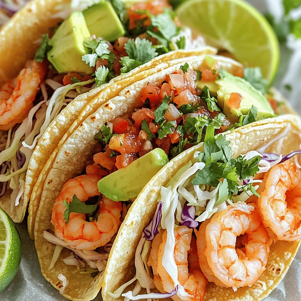 - 1 lb shrimp, peeled and deveined - 1 tablespoon olive oil - 1 teaspoon chili powder - 1 teaspoon ground cumin - 1 teaspoon garlic powder - Salt and freshly ground black pepper, to taste - 8 small corn tortillas - 1 cup green cabbage, finely shredded - 1 ripe avocado, sliced into thin wedges - 1/2 cup pico de gallo - Fresh cilantro leaves, for garnish - Lime wedges, for serving When I make easy shrimp tacos, I like to keep it simple yet tasty. These ingredients create a vibrant and fresh taco that everyone loves. The shrimp gives a nice protein boost while the spices add flavor. Using fresh ingredients is key. I always peel and devein the shrimp myself to ensure they taste their best. The olive oil helps the spices stick to the shrimp, making every bite flavorful. I enjoy mixing the spices together. Chili powder, cumin, and garlic powder create a nice kick. You can adjust the salt and pepper based on your taste. To warm the corn tortillas, I heat them in a skillet for a few seconds. This makes them soft and ready for filling. The green cabbage adds a nice crunch. Slicing the avocado into thin wedges gives a creamy contrast. Pico de gallo brings a fresh burst of flavor that brightens the dish. I garnish with fresh cilantro and serve lime wedges on the side. A squeeze of lime juice on the tacos makes them even better. For the full recipe, check out the instructions I’ve shared. Enjoy your cooking adventure! 1. Combine shrimp with spices and oil In a medium bowl, mix the shrimp with olive oil, chili powder, cumin, garlic powder, salt, and pepper. Toss gently to coat the shrimp evenly. This step adds great flavor to the shrimp. 2. Cooking the shrimp Heat a skillet over medium-high heat. Once hot, add the shrimp. Cook for 2-3 minutes on each side. The shrimp should turn pink and opaque. Remove the skillet from heat when done. 3. Preparing tortillas Use another skillet over medium heat to warm the corn tortillas. Heat each side for about 30 seconds. They should be soft and easy to fold. 1. Layering the ingredients Take a warm tortilla and place a few shrimp in the center. Add a handful of shredded cabbage on top. Then, add slices of avocado and a spoonful of pico de gallo. 2. Garnishing for flavor Finish your taco with fresh cilantro leaves. This adds a burst of flavor and makes the dish look nice. 1. How to present your shrimp tacos Arrange the tacos on a colorful platter. Add extra lime wedges and cilantro for a festive touch. 2. Ideal accompaniments Serve your shrimp tacos with lime wedges for drizzling. You can also add a side of chips and salsa for a complete meal. For the full recipe, check out the details above! To cook shrimp just right, look for a pink color. It should not be gray. Overcooking makes shrimp tough. Cook them for 2-3 minutes on each side. They cook fast, so keep an eye on them. For seasoning, use chili powder, cumin, and garlic powder. This combo adds great flavor. Always taste your shrimp before serving. Adjust salt and pepper as needed. A little goes a long way! To warm tortillas evenly, use a dry skillet over medium heat. Heat each side for about 30 seconds. This makes them soft and easy to fold. If you can’t find corn tortillas, try flour or whole wheat. These options work well too. Each type brings its own taste and texture. Serve your tacos on a colorful platter. This makes the meal inviting. Add lime wedges and cilantro for a pop of color. You can also serve shrimp tacos with sides like rice or beans. A fresh salad pairs well too. For extra fun, set up a taco bar. Let everyone build their own tacos! {{image_4}} You can give your shrimp tacos a twist by changing the spices or marinade. Try adding paprika for a smoky flavor. A bit of lime zest can brighten the shrimp. You can also use a spicy marinade with chipotle or sriracha for heat. When it comes to toppings, the options are endless. Swap out cabbage for crunchy radishes. Add mango salsa for a sweet kick. You can even use pickled onions to give your tacos a tangy punch. Making shrimp tacos gluten-free is simple. Just use corn tortillas, which are naturally gluten-free. Check the labels to ensure they are made in a gluten-free facility. For dairy-free options, skip the cheese and use avocado instead. You can also add a dairy-free yogurt or a vegan crema. These toppings keep your tacos fresh and tasty without dairy. For a smoky flavor, try grilled shrimp tacos. Marinate the shrimp first and then grill them over medium heat. This method adds a nice char and enhances the taste. If you prefer baking, use an oven-baked shrimp option. Spread the seasoned shrimp on a baking sheet and roast at 400°F for about 8-10 minutes. This method saves time and keeps the shrimp juicy. Explore these variations to make your easy shrimp tacos even more delightful! For a full recipe, check out the instructions provided above. Store leftover shrimp tacos in an airtight container. This keeps them fresh and prevents odors. If you have leftover shrimp, place them in a separate container. Shrimp can last in the fridge for up to two days. Keep the tortillas and toppings apart. This prevents sogginess and keeps the crunch. - Best practices for storing shrimp tacos: - Use airtight containers. - Store shrimp separately. - Keep tortillas and toppings apart. To reheat shrimp, use a skillet over medium heat. This method warms the shrimp evenly without drying them out. Stir gently to avoid overcooking. For tortillas, warm them in a dry skillet for about 15 seconds on each side. This keeps them soft and pliable. - Effective methods to reheat shrimp: - Use a skillet on medium heat. - Stir gently while reheating. - Reheating tortillas without them becoming tough: - Warm in a dry skillet. - Heat for 15 seconds on each side. You can prep shrimp and toppings ahead of time. This saves time on busy nights. Marinate the shrimp and store them in the fridge for up to a day. Chop the cabbage and slice the avocado just before serving for the best taste. - Prepping ingredients ahead of time: - Marinate shrimp up to a day ahead. - Chop cabbage in advance. - Making shrimp tacos in advance: - Assemble tacos right before serving. - Keep components separate until ready to eat. For the full recipe, check out the [Full Recipe]. Can I use frozen shrimp for this recipe? Yes, you can use frozen shrimp. Just thaw them first. Place them in cold water for about 15 minutes. This makes them easy to cook. Ensure they are peeled and deveined for the best taste. What can I use instead of pico de gallo? If you don't have pico de gallo, use any fresh salsa. You can also mix diced tomatoes, onions, and cilantro. This gives your tacos a fresh and tasty kick. Can I make this recipe without cabbage? Absolutely! If you don’t like cabbage, skip it. You can use lettuce or spinach instead. This keeps the tacos crunchy and fresh. How to customize the spice level of the shrimp? You can adjust the spice level easily. Add more chili powder for heat or use less. If you want a milder flavor, try smoked paprika. It adds depth without the heat. Calorie count per serving Each serving of these shrimp tacos has about 300 calories. This count includes shrimp, tortillas, and toppings. Nutritional benefits of the ingredients used Shrimp is high in protein. It is low in calories and fat. Cabbage offers fiber and vitamins. Avocado adds healthy fats. Together, they make a balanced meal. Enjoy these shrimp tacos for a healthy and tasty dinner. For the full recipe, check out the earlier section. These easy shrimp tacos bring together fresh shrimp, spices, and vibrant toppings. We covered the key ingredients and gave you simple steps for cooking and assembling. Don't forget the tips for perfect shrimp and tortilla techniques. You can also explore tasty variations and smart storage methods. Making shrimp tacos can be fun and flexible. Try creating your own unique version. Enjoy every bite of this delicious meal!