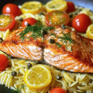 - 4 salmon fillets, skin on - 2 tablespoons extra virgin olive oil - 2 tablespoons fresh dill, chopped - 1 cup orzo pasta - 3 cups vegetable broth (or water) - Zest of 1 lemon - Juice of 1 lemon (approximately 2 tablespoons) - Salt and freshly ground black pepper - ½ cup cherry tomatoes, halved - 2 tablespoons capers, rinsed and drained - 1 tablespoon unsalted butter Gathering fresh ingredients makes a big difference. Salmon fillets should be bright and firm. Look for fillets with shiny skin. The extra virgin olive oil adds a rich flavor. Fresh herbs like dill elevate the dish. They provide a burst of taste and freshness. For the orzo, choose a small pasta that cooks quickly. The vegetable broth adds depth to the orzo. Using lemon zest and juice gives a bright, zesty kick. The combination of these flavors makes the dish shine. Seasoning is key. Use salt and freshly ground black pepper to taste. Cherry tomatoes add sweetness, while capers bring a briny note. The unsalted butter adds richness and helps blend flavors together. Check out the Full Recipe to see how to put it all together. - Boiling vegetable broth: In a medium pot, bring 3 cups of vegetable broth to a rolling boil. This adds rich flavor to the orzo. - Cooking orzo until al dente: Add 1 cup of orzo to the boiling broth. Stir it gently to keep it from sticking. Cook for about 8-10 minutes until the orzo is al dente. Drain it in a colander and set aside. - Combining lemon zest, juice, and herbs: In a small bowl, mix the zest of 1 lemon and the juice of 1 lemon. Add 2 tablespoons of chopped fresh dill. This mixture gives a bright flavor. - Incorporating tomatoes and capers: Add ½ cup of halved cherry tomatoes and 2 tablespoons of rinsed capers to the lemon mix. Stir well to combine and let it sit. - Seasoning and cooking the salmon skin-side down: Take 4 salmon fillets and season each with salt and black pepper. In a large skillet, heat 2 tablespoons of olive oil over medium-high heat. Place the salmon skin-side down and cook for about 5-6 minutes. The skin should turn golden and crispy. - Flipping and finishing the cooking process: Carefully flip the salmon using a spatula. Lower the heat to medium. Cook for another 4-5 minutes until the salmon is opaque and flakes easily with a fork. - Melting butter and mixing ingredients: In the pot where you cooked the orzo, add 1 tablespoon of unsalted butter. Let it melt over low heat. - Folding in cooked orzo: Stir in the lemon and tomato mixture. Mix well so everything is coated. Gently fold in the cooked orzo, allowing the flavors to blend. - Plating tips for presentation: On each plate, create a lovely bed of the lemon orzo. Place a seared salmon fillet on top. - Adding pan juices and garnishes: Drizzle some pan juices over the salmon for extra taste. Finish with a sprinkle of fresh parsley or dill for a pop of color. Enjoy this zesty dish! For the full recipe, you can find it above to recreate this delightful meal. To get crispy skin, start with dry salmon fillets. Pat them with a paper towel before cooking. Season both sides with salt and pepper. Heat the oil in the pan until it shimmers. Place the salmon skin-side down and don’t move it for the first few minutes. This helps the skin crisp up. For doneness, look for opaque flesh and an internal temperature of 145°F. The salmon should flake easily with a fork. To prevent overcooking orzo, follow the package instructions closely. Stir it often while it cooks. This helps keep the pasta from sticking. Using vegetable broth instead of water adds flavor to the orzo. The broth infuses the pasta with a rich taste that pairs well with the salmon. For sides, consider a fresh salad with mixed greens and vinaigrette. Roasted vegetables also work great alongside the salmon. If you like wine, a crisp white like Sauvignon Blanc pairs well with this dish. The acidity of the wine complements the lemon flavors in the orzo. For more details, check the Full Recipe for additional tips. {{image_4}} You can make this dish even better! Use whole grain orzo instead of regular orzo. Whole grain pasta has more fiber. Fiber helps you feel full and is good for your belly. You can also add more veggies. Try spinach, zucchini, or bell peppers. These add color and nutrients to your meal. Mix up the herbs for a new taste. Instead of dill, use basil or parsley. These herbs give a fresh lift to the dish. You can also add spices for extra flavor. A pinch of red pepper flakes or smoked paprika will add warmth and depth. Think of your own favorite flavors! If you want to switch the salmon, you have options. Trout works nicely and tastes great too. Chicken can be a good choice if you prefer poultry. For a vegan option, try marinated tofu or chickpeas. Both will soak up the lemony sauce well. You can still enjoy all the flavors! For the complete dish, check out the Full Recipe. To keep your seared salmon with lemon orzo fresh, start with the leftovers. Place the salmon and orzo in separate airtight containers. Store them in the fridge. Make sure to let them cool first. This helps prevent moisture buildup. If you want to save them longer, freezing is a great option. Wrap the salmon tightly in plastic wrap, then place it in a freezer bag. For the orzo, cool it completely, then spread it on a baking sheet. Freeze it for about an hour. After that, transfer it to a freezer bag. When it comes time to enjoy your leftovers, reheating salmon can be tricky. The best method is to use the oven. Set it to 300°F (150°C). Place the salmon on a baking sheet and heat for about 10-15 minutes. This keeps it moist without drying out. For the orzo, you can use the microwave. Add a splash of water to keep it from drying. Heat in short bursts, stirring in between. This will help keep the orzo fresh and tasty. In the fridge, your dish lasts about 3 days. After that, it may lose quality. Check for signs of spoilage, like a sour smell or slimy texture. If you see any of these signs, it’s best to discard it. Enjoy your flavorful meal while it’s fresh! For the full recipe, check out the earlier section. To check if your salmon is done, poke it gently with a fork. If it flakes easily, it's ready. Another way is to use a thermometer. The salmon should reach 145°F. Visual cues to look for: - The salmon should look opaque and not translucent. - The skin should be crispy and golden brown. - The meat should change from red to pink as it cooks. Yes, you can prep this dish before your meal. Cook the orzo and salmon and store them separately. Options for meal prep: - Cook the salmon and cool it completely before storing. - Make the orzo and mix in the lemon and veggies. How to store components separately: - Place salmon in an airtight container in the fridge. - Store the orzo mixture in another container. If you don’t have orzo, you can use other small pasta or grains. Some good options include quinoa or small shells. Other pasta types and grains: - Small pasta shapes like ditalini or acini di pepe. - Quinoa for a gluten-free choice. Cooking times for substitutions: - Small pasta usually takes 8-10 minutes to cook. - Quinoa takes about 15 minutes. Yes, seared salmon is a healthy choice. It is packed with omega-3 fatty acids, which support heart health. Nutritional benefits of salmon: - High in protein and low in saturated fat. - Rich in vitamins like B12 and D. Balancing the meal with orzo and veggies: - The orzo adds carbs for energy. - Cherry tomatoes and herbs add vitamins and fiber. This blog post covered key ingredients for seared salmon, orzo, and flavor tips. I shared step-by-step instructions for cooking the dish and ideas for perfecting it. We looked at variations, healthy swaps, and storage methods. Remember, cooking can be fun and creative. Don’t hesitate to experiment with flavors or pairings. With practice, you can make this meal your own. Enjoy your culinary journey with seared salmon and orzo!