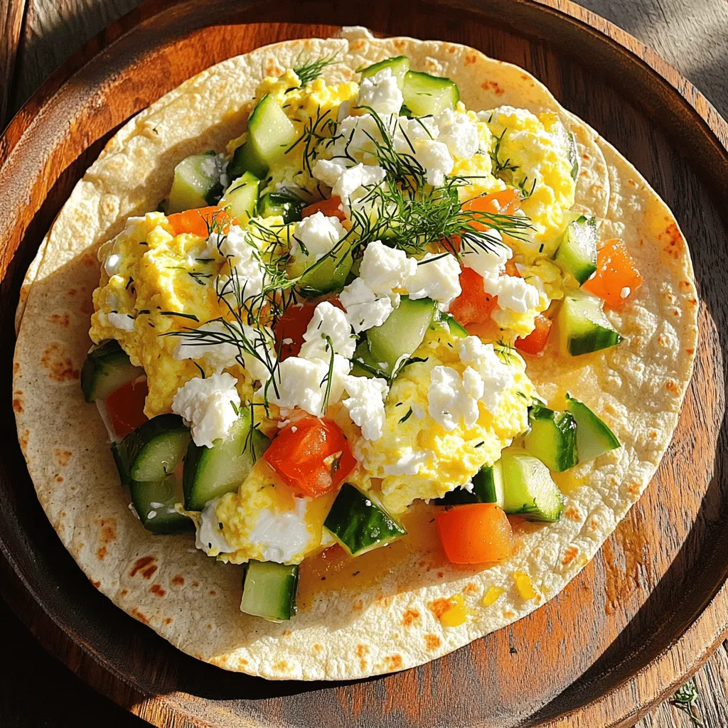 - 4 large eggs - ½ cup plain Greek yogurt - ½ cup cooked quinoa - 1 small cucumber, finely diced - 1 medium tomato, diced - ¼ cup feta cheese, crumbled - 2 tablespoons fresh dill, chopped - ½ teaspoon garlic powder - Salt and freshly ground pepper to taste - 2 whole wheat tortillas - Olive oil for cooking - Eggs: Packed with protein, eggs help build muscle and keep you full. They also provide vitamins like B12 and D. - Greek yogurt: This adds creaminess and offers probiotics for gut health. It’s high in protein, which supports muscle repair. - Quinoa: A complete protein, quinoa gives you energy and fiber. It helps you feel full longer and is gluten-free. - Cucumber: This refreshing veggie adds hydration and crunch. It’s low in calories and high in vitamins K and C. - Tomato: Packed with antioxidants, tomatoes support heart health. They add flavor and juiciness to your dish. - Feta cheese: This cheese brings a tangy flavor. It has calcium and protein, which are great for bones. - Fresh dill: This herb adds a burst of flavor and is rich in antioxidants. It can aid digestion. - Garlic powder: It adds flavor and has health benefits, like boosting your immune system. - Whole wheat tortillas: These provide fiber and nutrients. They help keep your blood sugar steady. - Olive oil: A healthy fat, olive oil supports heart health and adds flavor to your dish. - For Greek yogurt, I like Fage or Chobani. They have a rich, creamy texture. - Use any brand of feta cheese that crumbles easily. Look for sheep's milk feta for a stronger flavor. - For quinoa, I recommend Bob's Red Mill or Ancient Harvest. They offer high-quality quinoa. - Choose whole wheat tortillas from brands like Mission or La Tortilla Factory for better flavor and texture. - For olive oil, extra virgin options like California Olive Ranch are excellent for cooking. This High Protein Greek-style Breakfast Tortilla is not just tasty; it’s also a smart way to fuel your day! For the full recipe, check below. Start by gathering your ingredients. You will need eggs, Greek yogurt, garlic powder, salt, and pepper. In a medium bowl, whisk the eggs and Greek yogurt together. Mix them until smooth. Add garlic powder, salt, and pepper to taste. Ensure everything blends well. This mixture gives your tortilla a creamy base. Next, heat a non-stick skillet over medium heat. Drizzle a light layer of olive oil in the pan. This step helps prevent sticking. Pour the egg mixture into the skillet. Let it cook undisturbed for 2 to 3 minutes. Use a spatula to gently fold the eggs. Stir until they start to set but still look a bit runny. Fold in cooked quinoa, diced cucumber, diced tomato, chopped dill, and crumbled feta cheese. Mix everything gently. Cook for about 2 more minutes until the eggs are fully cooked. Take the skillet off the heat. Let the filling cool for a minute. This way, you don't burn your fingers later. Now, grab a clean plate and place one tortilla on it. Spoon half of the egg filling onto one half of the tortilla. Spread it evenly for a good bite. Fold the tortilla over the filling. Press it down gently to keep the filling inside. Reheat the skillet over medium heat. If needed, add a bit more olive oil. Place the folded tortilla in the skillet. Cook for 2 to 3 minutes on each side. You want it golden brown and slightly crispy. Repeat this with the second tortilla and remaining filling. Once both tortillas are cooked, cut them in half. Serve warm for a tasty and nutritious breakfast. Enjoy this delightful dish! To make the best eggs, start with fresh ones. Crack them into a bowl and whisk well. I like to add Greek yogurt for creaminess. This makes the eggs rich and fluffy. Use a non-stick skillet to avoid sticking. Cook the eggs on medium heat for even cooking. Stir gently to keep them soft. Remember, you want them creamy, not dry. If they seem too dry, add a splash of water. This will help keep them moist. Spices can change the whole dish. For this recipe, I recommend garlic powder. It adds a nice kick without being too strong. Dill brings a fresh taste, making it perfect for breakfast. You can also try adding paprika or black pepper for a little heat. Taste as you go. If you want it bolder, add more spices. If it is too much, just add more yogurt to balance it. Cooking tortillas right is key. Use whole wheat for a nutty flavor and added fiber. Heat your skillet over medium heat and add a bit of olive oil. This prevents sticking and adds flavor. Place the tortilla in the skillet for 2-3 minutes on each side. Look for a golden brown color. This means they are ready. Do not rush this step; it makes all the difference. For a crispier texture, cook them a bit longer. Enjoy your warm tortillas filled with that delicious egg mixture from the Full Recipe. {{image_4}} You can easily make this dish vegetarian or vegan. For a vegetarian option, replace the eggs with scrambled tofu. Tofu has a similar texture and absorbs flavors well. Use firm tofu for the best results. For a vegan version, you can use chickpea flour. Mix chickpea flour with water to form a batter. Add spices like turmeric and black salt for a savory taste. This batter will give you protein and a nice texture. Feel free to change the flavors in your tortilla. Adding spinach gives you a nice green touch and boosts iron. Just sauté it lightly before adding to the eggs. You can also add avocado for creaminess. Slice or mash it and mix it in before folding the tortilla. Other great options include bell peppers, mushrooms, or fresh herbs like basil for a unique twist. Sauces can elevate your breakfast tortilla. Try a spicy salsa for a kick. You can also use tzatziki for a cool, creamy touch. Another option is hot sauce if you love heat. A drizzle of balsamic glaze adds a sweet tang. Each sauce brings a new flavor experience to your meal. Explore these variations to make your High Protein Greek-style Breakfast Tortilla even more exciting! For the complete recipe, check out the Full Recipe section. To keep your High Protein Greek-style Breakfast Tortilla fresh, store leftovers in the fridge. Place them in an airtight container. They can stay good for up to three days. Make sure to let them cool before sealing. This helps keep the tortillas from getting soggy. When you're ready to eat your leftovers, heat them gently. I recommend using a skillet over medium heat. This method keeps the tortillas crisp. Cook them for about 2–3 minutes on each side. You can also use a microwave, but the tortillas may become soft. If you opt for the microwave, cover them with a damp paper towel to keep moisture in. Heat for about 30 seconds, checking often. If you want to prep ahead, you can freeze these tortillas. Wrap each tortilla tightly in plastic wrap or foil. Place them in a freezer bag to prevent freezer burn. They can last up to three months in the freezer. When you're ready to eat, thaw them overnight in the fridge. Reheat as mentioned above to enjoy a tasty breakfast! Explore the Full Recipe to make this delightful meal for your mornings. Yes, you can use different cheeses. Feta gives a nice tangy flavor. You might try goat cheese or mozzarella for a milder taste. Each cheese adds a unique twist. Experiment with what you like best! For side dishes, fresh fruit works well. Sliced strawberries or a fruit salad adds sweetness. You can also serve yogurt on the side for creaminess. A small green salad can add crunch. These sides balance the meal nicely. To lower calories, you can skip the cheese. Use egg whites instead of whole eggs. You can also reduce the yogurt amount. Choosing smaller tortillas helps cut down calories too. Focus on fresh veggies for flavor without extra calories. This blog post covered how to make a delicious breakfast tortilla. We explored the key ingredients, their nutritional benefits, and recommended brands. I shared step-by-step cooking instructions and helpful tips for perfect eggs and tortillas. We also looked at variations to suit different diets and preferences. Finally, I provided storage tips to keep your breakfast tasty. In conclusion, this recipe is fun and flexible. You can customize it easily and enjoy a healthy meal. Happy cooking!