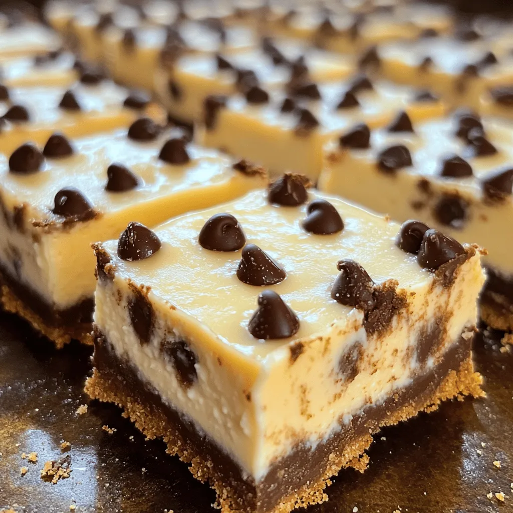 - 1 ½ cups graham cracker crumbs - ½ cup unsalted butter, melted - 1 tablespoon granulated sugar - 2 packages (8 oz each) cream cheese, softened at room temperature - ¾ cup granulated sugar - 2 large eggs - 1 teaspoon pure vanilla extract - 1 cup sour cream - 1 cup semi-sweet chocolate chips Gather these simple ingredients first. You will need graham cracker crumbs for the crust. The unsalted butter helps bind it together. One tablespoon of sugar adds just the right sweetness. For the filling, cream cheese is key. Use two packages, as they create a rich base. Add ¾ cup granulated sugar to sweeten it up. Next, two large eggs bring everything together. Pure vanilla extract adds flavor. Sour cream gives the filling a creamy texture. Finally, semi-sweet chocolate chips make these bars special. - Mixing bowls - Electric mixer - Baking pan (9x13 inch) - Parchment paper or cooking spray You will need a few tools to make this recipe easier. Mixing bowls are great for combining ingredients. An electric mixer helps beat the cream cheese smoothly. A 9x13 inch baking pan works well for baking the bars. Line it with parchment paper or use cooking spray for easy removal later. With these ingredients and tools, you are ready to make chocolate chip cheesecake bars. If you want the full recipe, check out the provided link. - Preheat the oven to 325°F (160°C). - Prepare a 9x13 inch baking pan by greasing it with cooking spray or lining it with parchment paper. This helps with easy removal after baking. - In a medium bowl, combine 1 ½ cups of graham cracker crumbs, ½ cup of melted unsalted butter, and 1 tablespoon of granulated sugar. - Mix well until the crumbs are evenly coated in butter. - Press this mixture firmly into the bottom of the prepared baking pan. It should form an even layer. - Bake the crust in the preheated oven for 10 minutes. Remove it and let it cool slightly while you make the filling. - In a large mixing bowl, beat 2 packages of softened cream cheese using an electric mixer. Mix for about 2-3 minutes until it is creamy and smooth. - Gradually add ¾ cup of granulated sugar and mix until well combined. Scrape down the bowl’s sides as needed. - Add 2 large eggs, one at a time, mixing well after each addition. Stir in 1 teaspoon of pure vanilla extract and 1 cup of sour cream. Mix until the filling is smooth and creamy. - Gently fold in 1 cup of semi-sweet chocolate chips into the cheesecake mixture. Be careful not to overmix. - Pour the cheesecake filling over the cooled crust, spreading it evenly with a spatula. - Bake in the oven for 30-35 minutes. Watch for the edges to set but leave the center slightly jiggly. - After baking, turn off the oven and crack the door slightly. Let the cheesecake cool for about 1 hour. This step helps prevent cracks. - Transfer the cheesecake to the fridge and chill for at least 4 hours, or overnight, to set fully and enhance flavors. - When ready to serve, lift the cheesecake out of the pan using the parchment paper. Cut it into squares or bars and enjoy these delightful treats! For the complete details, check the Full Recipe. To get the best texture, mix your cream cheese well. I beat it until it looks smooth. This helps avoid lumps. When adding sugar, do it slowly. This keeps the mixture creamy. Mix until it's all combined, but don’t overdo it. When baking, watch the time. Overbaking makes the bars dry. Look for the edges to set while the center jiggles a bit. Cooling is key to a lovely surface. Once your cheesecake is done, turn off the oven. Leave the door ajar for about an hour. This helps it cool slowly. To further reduce cracks, use a water bath. Place your pan inside a larger one filled with water. This keeps the heat even and moist. For a beautiful presentation, cut the bars into neat squares. Place them on a pretty platter. You can add fresh mint leaves for color. Drizzling melted chocolate on top adds flair too. Pair these bars with coffee or a glass of milk. The rich flavors balance perfectly with a warm drink. {{image_4}} You can change the flavor of your chocolate chip cheesecake bars easily. Adding fruit toppings makes it fresh and fun. Try strawberries, raspberries, or blueberries. They add color and taste. You can also swap chocolate types. Use dark chocolate, white chocolate, or even butterscotch chips. Each choice brings a new twist. If you want a healthier treat, consider reducing the sugar. You can use a sugar substitute like stevia or monk fruit. This keeps the sweetness without extra calories. Another option is to create a gluten-free crust. Use almond flour or gluten-free graham crackers instead of regular ones. It makes the bars friendly for many diets. Seasonal flavors can make your bars unique. For autumn, try a pumpkin spice version. Add pumpkin puree and pumpkin pie spice to the filling for a cozy treat. In winter, a mint chocolate chip variation is delightful. Just mix in peppermint extract and green chocolate chips for a festive touch. These twists keep your chocolate chip cheesecake bars exciting all year round. To keep your chocolate chip cheesecake bars fresh, refrigerate them right after they cool. Wrap the bars tightly in plastic wrap. This helps prevent them from drying out. You can also use an airtight container. This keeps them safe from other smells in the fridge. You can freeze cheesecake bars for later enjoyment. Cut them into squares before freezing. Place them in a single layer on a baking sheet to freeze first. After they are solid, transfer them to a freezer-safe bag or container. When you want to eat them, take them out and let them thaw in the fridge overnight. In the fridge, your cheesecake bars can last up to a week. To enjoy them at their best, eat them within the first few days. For optimal freshness, keep them covered. This helps maintain their creamy texture and flavor. If you freeze them, they can last for about two months. Yes, you can use low-fat cream cheese. The texture may change slightly. The bars will still taste good but may not be as rich. Look for these signs: the edges should be set while the center is slightly jiggly. It will firm up as it cools. Absolutely! You can make these bars a day or two ahead. Just chill them well in the fridge. They taste better after a day. You can serve them with whipped cream, fresh berries, or a drizzle of chocolate sauce. Ice cream also makes a great pairing! To cut evenly, use a sharp knife. Dip the knife in hot water and wipe it dry between cuts. This helps get clean edges and nice squares. You now have all the tools to make delicious chocolate chip cheesecake bars. We covered the ingredients, tools, and easy step-by-step instructions. Tips helped ensure your bars turn out perfect every time. You can even mix in flavors or lighten them for a healthier treat. Remember to store them properly for the best taste. By following these guidelines, you'll impress your friends and family. Enjoy your baking adventure, and share your cheesecake bars with everyone!