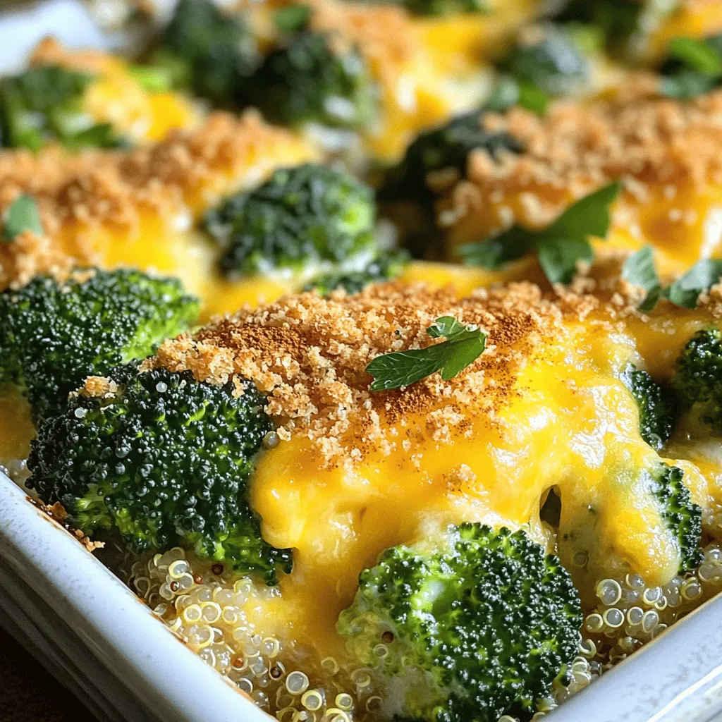 - 4 cups fresh broccoli florets - 2 cups cooked quinoa - 1 cup shredded sharp cheddar cheese - 1 cup creamy Greek yogurt - 1/2 cup milk (or almond milk) - 1/2 teaspoon garlic powder - 1/2 teaspoon onion powder - 1/2 cup whole wheat breadcrumbs - 1 tablespoon olive oil - 1/2 teaspoon paprika - 1/4 cup grated Parmesan cheese (optional) Quinoa packs a protein punch in this dish. Each serving offers a good amount of protein. If you want a dairy-free option, use almond milk and a plant-based yogurt instead. For low-calorie choices, opt for reduced-fat cheese and yogurt. You can also skip the breadcrumbs or use a lighter version. These tips help you enjoy the casserole while sticking to your dietary goals. The combination of broccoli and quinoa makes this dish filling and nutritious. To start, you need fresh broccoli florets. I like to wash them well and cut them into bite-sized pieces. Next, bring a large pot of water to a rolling boil. Once boiling, add the broccoli. Steam the florets for just 3 to 4 minutes. You want them bright green and slightly tender, not mushy. Overcooking can ruin the texture. After steaming, drain the broccoli and let it cool. In a big mixing bowl, combine your cooled quinoa, shredded sharp cheddar cheese, creamy Greek yogurt, and milk. Add garlic powder, onion powder, salt, and pepper. Stir everything well until it's fully blended. Now, gently fold the steamed broccoli into this cheesy mix. Be careful not to break the florets. You want a uniform consistency, with the broccoli evenly spread throughout the mixture. First, preheat your oven to 350°F (175°C). While it heats, spoon the broccoli and cheese mixture into a greased 9x13-inch baking dish. Spread it out evenly. In a small bowl, mix whole wheat breadcrumbs with olive oil, paprika, and optional grated Parmesan cheese. Sprinkle this topping over the casserole. Bake for 25 to 30 minutes. You’ll know it’s done when it bubbles and the top is golden brown. Let it cool for about 5 to 10 minutes before serving. For the full recipe, check out the details above. To avoid mushy broccoli, steam it for just 3-4 minutes. This keeps it bright and tender. After steaming, let the broccoli cool. Then, fold it gently into the cheese mixture. This helps maintain its shape and crunch. For the ideal cheesy consistency, mix shredded cheese with creamy Greek yogurt. This creates a rich base. If the mixture feels too thick, add a splash of milk. This ensures every bite is creamy without being runny. To add new dimensions to your casserole, consider spices. A pinch of nutmeg or a hint of cayenne can brighten the dish. Fresh or dried herbs work well too. Try thyme or rosemary for a fresh taste. When it comes to cheese, feel free to switch it up. Mozzarella gives a mild flavor. Gouda adds a nice smokiness. Mixing different cheeses can create a richer taste. Experiment to find your favorite combo! Garnishing can elevate your casserole. A sprinkle of fresh parsley or chives adds color. You can also drizzle a bit of olive oil for shine. For serving, pair the casserole with a light salad or roasted veggies. This balances the meal and adds freshness. You can even serve it with a slice of crusty bread for a cozy touch. For the full recipe, check out the Cheesy Broccoli Bliss Casserole. {{image_4}} You can easily make this casserole fit your diet. For gluten-free options, switch the breadcrumbs for gluten-free ones. You can also use cornmeal or crushed rice crackers. For a vegan dish, swap the cheese and yogurt with plant-based versions. Nutritional yeast adds a cheesy taste, while coconut yogurt gives creaminess. Want to boost the nutrition? Add protein like cooked chicken or tofu. Both mix well and make the dish heartier. You can also toss in other veggies like bell peppers or carrots for extra color and vitamins. Just chop them small to blend well with the broccoli. If you prefer slow cooking, just combine all ingredients in the slow cooker. Cook on low for 4 to 6 hours. For an Instant Pot version, use the sauté function to cook the broccoli and mix all ingredients. Then, seal the pot and cook on high pressure for 5 minutes. Both methods give you a warm, tasty casserole. Check the [Full Recipe] for detailed steps and ingredient amounts. To keep your broccoli and cheese casserole fresh, use airtight containers. Glass or plastic containers work well. Let the casserole cool before you store it. This helps prevent moisture buildup. For short-term storage, place it in the fridge. It will stay good for about three to four days. If you want to keep it longer, freezing is a great option. Cut the casserole into portions for easy reheating later. Wrap each portion tightly in plastic wrap, then place them in a freezer-safe bag. This will help keep the flavors intact. When you’re ready to enjoy leftovers, reheating correctly is key. The best method is to use the oven. Preheat it to 350°F (175°C). Place the casserole in an oven-safe dish. Cover it with foil to keep it from drying out. Heat for about 20-25 minutes. If you prefer quicker methods, you can use the microwave. Place a portion on a microwave-safe plate. Heat for 2-3 minutes, stirring halfway through. This helps maintain the texture of the cheese and broccoli. In the fridge, your casserole will last about three to four days. In the freezer, it can last up to three months. However, for the best taste, try to eat it within one month. Always check for signs of spoilage before eating. Look for changes in color or an off smell. If the casserole looks or smells odd, it’s best to throw it away. Enjoy your flavorful broccoli and cheese casserole with these storage tips! For the full recipe, refer to the earlier section. Yes, you can use frozen broccoli! It saves time and is easy to find. Just remember to thaw it before using. Drain any excess water to avoid a soggy casserole. Some tips for using frozen broccoli include: - Cooking Time: Frozen broccoli may need a bit less time when steaming. Check for tenderness after 2-3 minutes. - Flavor: The taste might differ slightly, but it will still be good. - Texture: Frozen broccoli can be softer. Use it if you prefer a creamier casserole. If you want to swap Greek yogurt, there are many options. Here are some great substitutes: - Sour Cream: It has a similar tangy flavor. - Cottage Cheese: Blend it for a smooth texture. - Cream Cheese: Use it for a richer taste, but thin it with milk. - Plant-based Yogurt: Great for a dairy-free option. Look for unsweetened varieties for the best flavor. Spicing up your casserole is easy! Here are some ideas: - Add Red Pepper Flakes: Start with 1/4 teaspoon and adjust to taste. - Hot Sauce: Mix in a few drops to the cheese base. - Jalapeños: Chop fresh or pickled jalapeños for heat. - Spicy Cheese: Use pepper jack cheese instead of cheddar for extra kick. Enjoy your cooking adventure with the Full Recipe! This blog post covered how to make a tasty broccoli casserole. We explored key ingredients like fresh broccoli, quinoa, and sharp cheddar. I shared tips for perfect texture and baking methods. You learned about variations, storage tips, and how to keep it fresh longer. Incorporating these tips will help you create a delicious dish. Enjoy experimenting with flavors and ideas. Your casserole will impress everyone at the table. Cook with confidence and savor every bite!