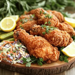 - Chicken: 4 chicken thighs, skin-on and bone-in - Chicken: 4 chicken drumsticks, skin-on - Buttermilk: 2 cups - Hot sauce: 2 teaspoons (optional) - All-purpose flour: 2 cups - Paprika: 1 tablespoon - Garlic powder: 1 teaspoon - Onion powder: 1 teaspoon - Cayenne pepper: 1 teaspoon - Salt: 1 teaspoon - Black pepper: ½ teaspoon - Recommended types of oil for frying: vegetable or canola oil The key to crispy fried chicken lies in these ingredients. You want juicy chicken that tastes amazing. The buttermilk helps tenderize the meat and adds flavor. The optional hot sauce gives it a nice kick, but you can skip it if you prefer. For the dry seasoning, each spice plays a role. Paprika adds color and a hint of sweetness. Garlic and onion powders give depth. Cayenne makes it spicy, while salt and black pepper round out the taste. Choosing the right oil is important, too. Vegetable or canola oil works best because they have high smoke points. This means they can get really hot without burning. Once you gather these ingredients, you’re on your way to making Extra Crispy Buttermilk Fried Chicken. For the full recipe, check out the section below. To start, you need to marinate the chicken. This step is key for flavor. I mix buttermilk and hot sauce in a bowl. You can skip the hot sauce if you want it mild. Place the chicken thighs and drumsticks into the buttermilk. Make sure every piece is covered. Cover the bowl and refrigerate it for at least 4 hours. For the best taste, let it soak overnight. The longer it sits, the more flavorful it gets. Next, we prepare the coating. In a separate bowl, I combine the flour and spices. You’ll need paprika, garlic powder, onion powder, cayenne pepper, salt, and black pepper. Whisk these ingredients together until they blend well. This mix will give your chicken that tasty crunch. Once ready, set it aside until the chicken is marinated. Now, let’s heat the oil. In a large skillet, pour in enough oil for frying. Aim for about 2 inches deep. Heat it to 350°F (175°C). A kitchen thermometer helps keep the right temperature. If the oil is too cool, the chicken won't crisp up. If it's too hot, it may burn. When the oil is ready, coat the chicken. Remove a piece from the buttermilk and let the excess drip off. Dredge it in your flour mixture. Make sure it’s fully covered. Shake off any extra flour and place it on a wire rack. Repeat this until all pieces are coated. Fry the chicken in batches. Place the first two pieces in the hot oil carefully. Avoid overcrowding the pan. This ensures they cook evenly. Fry them for about 12 to 15 minutes. Turn them occasionally for even cooking. Check that the internal temperature hits 165°F (74°C). Once the chicken is golden brown, it’s time to drain it. Transfer the fried pieces to a wire rack over a baking sheet. This keeps them crispy, as excess oil drips away. Repeat the frying process until all chicken is cooked. When finished, let the chicken rest for around 5 minutes. This helps the flavors settle. For a beautiful presentation, serve it on a rustic wooden platter. Pair it with homemade coleslaw and pickles for a complete meal. For the full recipe, refer to the Extra Crispy Buttermilk Fried Chicken section. To get that extra crispy coating, follow these tips: - Use Buttermilk: Soaking chicken in buttermilk makes it tender and juicy. - Dredge Twice: Coat the chicken, let it rest, and then coat again for more crunch. - Use Cornstarch: Mix cornstarch with flour. This adds an extra layer of crispiness. - Hot Oil: Ensure the oil is hot, around 350°F (175°C). This seals the coating fast. Avoid these common mistakes: - Overcrowding the Pan: Fry in small batches. This keeps the oil hot and the chicken crispy. - Skipping the Rest: Let the coated chicken sit for a few minutes. This helps the coating stick. - Not Draining: Always place fried chicken on a wire rack. This prevents sogginess from steam. Pair your fried chicken with these sides: - Homemade Coleslaw: The crunch and creaminess complement the chicken well. - Pickles: Their tangy flavor cuts through the richness of the fried chicken. - Biscuits: Flaky, buttery biscuits are a classic partner to fried chicken. - Corn on the Cob: Sweet corn adds a fresh touch to your meal. For the full recipe, click [Full Recipe]. {{image_4}} To add some heat to your fried chicken, spice up the buttermilk. Here’s how to do it: - Add 2 teaspoons of hot sauce to the buttermilk. - You can use your favorite brand or even make your own. - This gives the chicken a nice kick without overpowering the flavor. You can also mix in a bit of cayenne pepper into the flour for extra spice. Adjust the amount based on your taste. If you want a healthier option, try baking the chicken instead of frying it. Here’s how: 1. Preheat your oven to 425°F (220°C). 2. Line a baking sheet with parchment paper for easy cleanup. 3. Arrange the coated chicken on the sheet without crowding. 4. Bake for 35-40 minutes, flipping halfway through. This method gives you crispy skin with less oil. It’s a win-win! Many regions have their own take on fried chicken. Here are a few to explore: - Nashville Hot Chicken: This version uses a spicy paste made with cayenne and oil. - Korean Fried Chicken: This style is double-fried and often glazed with a sweet sauce. - Southern Fried Chicken: Often features a mix of herbs and spices for deep flavor. Each variation brings something unique, so don’t be afraid to experiment! For the full recipe, check out [Full Recipe]. To keep your fried chicken fresh, let it cool first. Place the chicken in an airtight container. This helps prevent moisture from ruining the crispy coating. You can store it in the fridge for up to four days. If you want to keep it longer, consider freezing. Reheating fried chicken can be tricky. You want to regain that delicious crispiness. The best way is to use an oven. Preheat your oven to 375°F (190°C). Place the chicken on a wire rack over a baking sheet. This allows hot air to circulate. Bake for about 15-20 minutes or until warm and crispy. Avoid the microwave; it makes the chicken soggy. Freezing fried chicken is easy. First, let it cool completely. Wrap each piece in plastic wrap. Then, place the wrapped chicken in a freezer bag. Remove as much air as possible. You can freeze it for up to three months. When you're ready to eat, thaw it in the fridge overnight before reheating. Enjoy your crispy delight later! For the full recipe, check out the Extra Crispy Buttermilk Fried Chicken! Marinate the chicken for at least 4 hours. For the best flavor, I suggest overnight. This time allows the buttermilk to tenderize the meat. The acid in buttermilk breaks down proteins, giving you juicy chicken. Yes, you can use chicken breasts. However, thighs and drumsticks stay juicier. Breasts can dry out quicker due to less fat. If you choose breasts, check for doneness earlier. Use a meat thermometer for safety. I recommend vegetable or canola oil. These oils have a high smoke point, which is great for frying. They also have a neutral flavor, letting the chicken shine. Avoid oils like olive oil, as they burn easily. Check the internal temperature with a meat thermometer. The chicken should reach 165°F (74°C) for safety. Insert the thermometer into the thickest part of the meat. If you don't have a thermometer, cut into the chicken. The juices should run clear, not pink. For the full experience, don't forget to check out the Full Recipe! In this article, we explored the key ingredients and steps for perfect fried chicken. You learned about marinating, preparing coatings, and cooking techniques. We covered tips for crispiness and common mistakes to avoid. You also found variations for different tastes and storage tips to keep your chicken fresh. Remember, great fried chicken takes practice and care. Try these methods to impress your friends and family with your cooking skills. Enjoy your delicious fried chicken adventure!