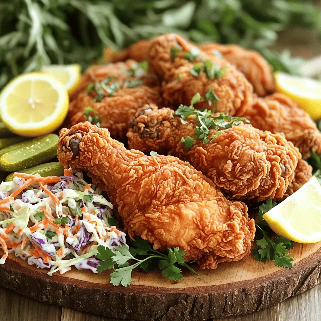 - Chicken: 4 chicken thighs, skin-on and bone-in - Chicken: 4 chicken drumsticks, skin-on - Buttermilk: 2 cups - Hot sauce: 2 teaspoons (optional) - All-purpose flour: 2 cups - Paprika: 1 tablespoon - Garlic powder: 1 teaspoon - Onion powder: 1 teaspoon - Cayenne pepper: 1 teaspoon - Salt: 1 teaspoon - Black pepper: ½ teaspoon - Recommended types of oil for frying: vegetable or canola oil The key to crispy fried chicken lies in these ingredients. You want juicy chicken that tastes amazing. The buttermilk helps tenderize the meat and adds flavor. The optional hot sauce gives it a nice kick, but you can skip it if you prefer. For the dry seasoning, each spice plays a role. Paprika adds color and a hint of sweetness. Garlic and onion powders give depth. Cayenne makes it spicy, while salt and black pepper round out the taste. Choosing the right oil is important, too. Vegetable or canola oil works best because they have high smoke points. This means they can get really hot without burning. Once you gather these ingredients, you’re on your way to making Extra Crispy Buttermilk Fried Chicken. For the full recipe, check out the section below. To start, you need to marinate the chicken. This step is key for flavor. I mix buttermilk and hot sauce in a bowl. You can skip the hot sauce if you want it mild. Place the chicken thighs and drumsticks into the buttermilk. Make sure every piece is covered. Cover the bowl and refrigerate it for at least 4 hours. For the best taste, let it soak overnight. The longer it sits, the more flavorful it gets. Next, we prepare the coating. In a separate bowl, I combine the flour and spices. You’ll need paprika, garlic powder, onion powder, cayenne pepper, salt, and black pepper. Whisk these ingredients together until they blend well. This mix will give your chicken that tasty crunch. Once ready, set it aside until the chicken is marinated. Now, let’s heat the oil. In a large skillet, pour in enough oil for frying. Aim for about 2 inches deep. Heat it to 350°F (175°C). A kitchen thermometer helps keep the right temperature. If the oil is too cool, the chicken won't crisp up. If it's too hot, it may burn. When the oil is ready, coat the chicken. Remove a piece from the buttermilk and let the excess drip off. Dredge it in your flour mixture. Make sure it’s fully covered. Shake off any extra flour and place it on a wire rack. Repeat this until all pieces are coated. Fry the chicken in batches. Place the first two pieces in the hot oil carefully. Avoid overcrowding the pan. This ensures they cook evenly. Fry them for about 12 to 15 minutes. Turn them occasionally for even cooking. Check that the internal temperature hits 165°F (74°C). Once the chicken is golden brown, it’s time to drain it. Transfer the fried pieces to a wire rack over a baking sheet. This keeps them crispy, as excess oil drips away. Repeat the frying process until all chicken is cooked. When finished, let the chicken rest for around 5 minutes. This helps the flavors settle. For a beautiful presentation, serve it on a rustic wooden platter. Pair it with homemade coleslaw and pickles for a complete meal. For the full recipe, refer to the Extra Crispy Buttermilk Fried Chicken section. To get that extra crispy coating, follow these tips: - Use Buttermilk: Soaking chicken in buttermilk makes it tender and juicy. - Dredge Twice: Coat the chicken, let it rest, and then coat again for more crunch. - Use Cornstarch: Mix cornstarch with flour. This adds an extra layer of crispiness. - Hot Oil: Ensure the oil is hot, around 350°F (175°C). This seals the coating fast. Avoid these common mistakes: - Overcrowding the Pan: Fry in small batches. This keeps the oil hot and the chicken crispy. - Skipping the Rest: Let the coated chicken sit for a few minutes. This helps the coating stick. - Not Draining: Always place fried chicken on a wire rack. This prevents sogginess from steam. Pair your fried chicken with these sides: - Homemade Coleslaw: The crunch and creaminess complement the chicken well. - Pickles: Their tangy flavor cuts through the richness of the fried chicken. - Biscuits: Flaky, buttery biscuits are a classic partner to fried chicken. - Corn on the Cob: Sweet corn adds a fresh touch to your meal. For the full recipe, click [Full Recipe]. {{image_4}} To add some heat to your fried chicken, spice up the buttermilk. Here’s how to do it: - Add 2 teaspoons of hot sauce to the buttermilk. - You can use your favorite brand or even make your own. - This gives the chicken a nice kick without overpowering the flavor. You can also mix in a bit of cayenne pepper into the flour for extra spice. Adjust the amount based on your taste. If you want a healthier option, try baking the chicken instead of frying it. Here’s how: 1. Preheat your oven to 425°F (220°C). 2. Line a baking sheet with parchment paper for easy cleanup. 3. Arrange the coated chicken on the sheet without crowding. 4. Bake for 35-40 minutes, flipping halfway through. This method gives you crispy skin with less oil. It’s a win-win! Many regions have their own take on fried chicken. Here are a few to explore: - Nashville Hot Chicken: This version uses a spicy paste made with cayenne and oil. - Korean Fried Chicken: This style is double-fried and often glazed with a sweet sauce. - Southern Fried Chicken: Often features a mix of herbs and spices for deep flavor. Each variation brings something unique, so don’t be afraid to experiment! For the full recipe, check out [Full Recipe]. To keep your fried chicken fresh, let it cool first. Place the chicken in an airtight container. This helps prevent moisture from ruining the crispy coating. You can store it in the fridge for up to four days. If you want to keep it longer, consider freezing. Reheating fried chicken can be tricky. You want to regain that delicious crispiness. The best way is to use an oven. Preheat your oven to 375°F (190°C). Place the chicken on a wire rack over a baking sheet. This allows hot air to circulate. Bake for about 15-20 minutes or until warm and crispy. Avoid the microwave; it makes the chicken soggy. Freezing fried chicken is easy. First, let it cool completely. Wrap each piece in plastic wrap. Then, place the wrapped chicken in a freezer bag. Remove as much air as possible. You can freeze it for up to three months. When you're ready to eat, thaw it in the fridge overnight before reheating. Enjoy your crispy delight later! For the full recipe, check out the Extra Crispy Buttermilk Fried Chicken! Marinate the chicken for at least 4 hours. For the best flavor, I suggest overnight. This time allows the buttermilk to tenderize the meat. The acid in buttermilk breaks down proteins, giving you juicy chicken. Yes, you can use chicken breasts. However, thighs and drumsticks stay juicier. Breasts can dry out quicker due to less fat. If you choose breasts, check for doneness earlier. Use a meat thermometer for safety. I recommend vegetable or canola oil. These oils have a high smoke point, which is great for frying. They also have a neutral flavor, letting the chicken shine. Avoid oils like olive oil, as they burn easily. Check the internal temperature with a meat thermometer. The chicken should reach 165°F (74°C) for safety. Insert the thermometer into the thickest part of the meat. If you don't have a thermometer, cut into the chicken. The juices should run clear, not pink. For the full experience, don't forget to check out the Full Recipe! In this article, we explored the key ingredients and steps for perfect fried chicken. You learned about marinating, preparing coatings, and cooking techniques. We covered tips for crispiness and common mistakes to avoid. You also found variations for different tastes and storage tips to keep your chicken fresh. Remember, great fried chicken takes practice and care. Try these methods to impress your friends and family with your cooking skills. Enjoy your delicious fried chicken adventure!