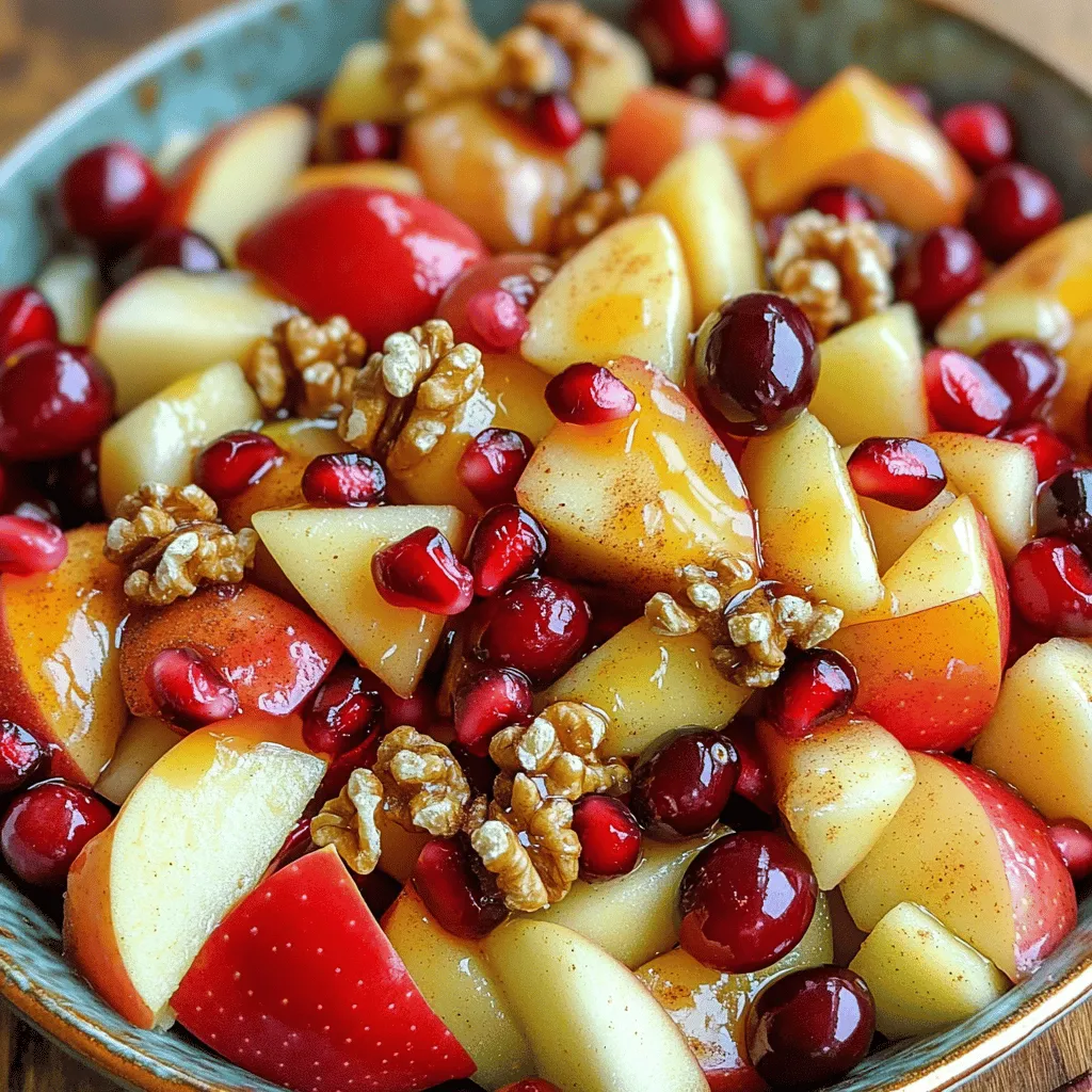 - Crisp apples (e.g., Honeycrisp, Fuji) - Fresh cranberries - Ripe pears - Halved grapes - Vibrant pomegranate seeds - Chopped walnuts - Pure maple syrup - Fresh lemon juice - Ground cinnamon - Pinch of salt To create a delightful fall fruit salad, start with seasonal fruits. Crisp apples make a crunchy base. I love using Honeycrisp or Fuji for their sweet bite. Fresh cranberries add a tart note that balances the sweetness. Ripe pears bring juiciness, making each bite refreshing. Halved grapes add a fun texture. Don't forget the vibrant pomegranate seeds for a pop of color and flavor. Next, you'll want to add some extra ingredients. Chopped walnuts give a nice crunch and healthy fats. Pure maple syrup adds natural sweetness. Fresh lemon juice brightens the flavors. Ground cinnamon brings warmth and a hint of spice. Finally, just a pinch of salt enhances all the flavors. This mix of ingredients creates a colorful and flavorful fall fruit salad. For the full recipe and more details, check out the [Full Recipe]. First, gather your fresh fruits. Start by dicing the apples and pears into small pieces. Make sure they are bite-sized for easy eating. Next, take the grapes and cut them in half lengthwise. This helps release their sweet juice. Finally, rinse the cranberries under cool water. Drain them well to remove excess moisture. In a large bowl, combine all the prepared fruits. Add the diced apples, pears, halved grapes, and rinsed cranberries. Use a gentle hand to mix them together. This avoids bruising the fruits. After mixing, fold in the vibrant pomegranate seeds. They add a nice crunch and color to the salad. Next, let’s make the dressing. In a small bowl, whisk together pure maple syrup, fresh lemon juice, ground cinnamon, and a pinch of salt. This mixture should be smooth and well combined. The maple syrup adds sweetness, while lemon juice brightens the flavors. Now, drizzle the dressing over the mixed fruits. Use a spatula or wooden spoon to gently toss everything together. Make sure each piece of fruit gets coated without smashing them. The dressing should enhance the fruit's natural taste. Sprinkle the chopped walnuts on top of the salad. They add a lovely crunch and nutty flavor. Gently toss the salad again to mix in the walnuts. Be careful not to break them apart. Cover the bowl with plastic wrap or a lid. Place the salad in the refrigerator for at least 30 minutes. Chilling helps the flavors blend beautifully. It makes the salad refreshing and delicious. Enjoy this Fall Fruit Salad Delight with Seasonal Goodness! For the Full Recipe, follow the steps outlined above. When making a fall fruit salad, freshness matters. Start by choosing crisp apples. Honeycrisp or Fuji apples are great picks. They add sweetness and crunch. Look for apples with firm skins and bright colors. Next, select ripe pears. Bartlett or Bosc pears work well. They should feel slightly soft when gently pressed. This softness means they are juicy and ready to eat. Pomegranates are a must for this salad. Pick ones that feel heavy for their size. The skin should be bright and firm. Avoid any with cracks or soft spots. These signs show they are fresh and bursting with flavor. To brighten the salad, use fresh lemon juice. It adds a zesty kick that balances the sweetness. Simply squeeze half a lemon into your dressing. This small step makes a big difference. For sweetness, maple syrup is perfect. You can adjust how sweet you want it. Add more syrup for a richer flavor or less for a lighter touch. This flexibility lets you customize the salad to your taste. Serve your fall fruit salad in a festive bowl. A colorful dish makes the salad pop. For a fun twist, use individual jars. This way, each person gets their personal serving. Garnish your salad with a sprinkle of cinnamon. It adds warmth and a lovely aroma. You can also top it with extra pomegranate seeds. This not only looks great but boosts the flavor too. Try these tips for a stunning and delicious salad! Check out the Full Recipe for more details. {{image_4}} You can add seasonal fruits to your salad for more flavor. Figs and persimmons are great choices. They bring a sweet and unique taste. Try adding citrus fruits like oranges or tangerines. Their bright flavor pairs well with apples and pears. You can also toss in some nuts, like almonds or pecans. They add crunch and richness to your dish. Don’t hesitate to try new dressings! A yogurt-based dressing can add creaminess. You can sweeten it with honey for a different taste. Fresh herbs, such as mint or basil, can give your salad a fresh twist. They brighten flavors and make the salad more exciting. Make your fruit salad fit the season or holidays. For Thanksgiving, add spices like nutmeg or cloves. These spices bring warmth and comfort to your dish. You can also think about a winter theme. Use dried fruits like cranberries or apricots for a cozy feel. Each variation can bring new joys to your Fall Fruit Salad Delight. Want to try the full recipe? Check out the [Full Recipe]. To keep your fruit salad fresh, store it in a sealed container. I prefer glass containers because they do not hold odors. Make sure the salad is chilled in the refrigerator. This helps preserve the flavors and crunch. Aim to eat your salad within three days for optimal freshness. After three days, the fruits start to lose texture and taste. Can you freeze fruit salad? I do not recommend freezing fruit salad as it can make fruits mushy. However, if you want to freeze individual ingredients, here are some tips: - Apples: Peel, core, and slice before freezing. - Pears: Slice and sprinkle with lemon juice to slow browning. - Grapes: Wash and freeze whole, perfect for smoothies later. - Cranberries: Freeze them in a single layer for easy use. If you have leftover fruit salad, don’t waste it! Here are some creative ideas: - Smoothies: Blend the fruit with yogurt or milk for a tasty drink. - Parfaits: Layer the fruit with yogurt and granola for a healthy snack. - Pancake Topping: Use the fruit as a topping on pancakes or waffles. These ideas not only reduce waste but also add fun flavors to your meals! In the fall, you can find many delicious fruits. Here’s a list of seasonal fruits: - Crisp apples (like Honeycrisp and Fuji) - Fresh cranberries - Ripe pears - Grapes - Pomegranates These fruits bring bright colors and flavors to your salad. You can store leftover fruit salad for about three days in the fridge. Keep it covered to keep it fresh. The flavors will mix well, but the fruit may soften. Yes, you can make this salad ahead of time. Prepare it a few hours before serving. Store it in the fridge, covered. This lets the flavors blend nicely. Just give it a gentle toss before serving. If you need a substitute for maple syrup, you have options. You can use honey, agave nectar, or brown sugar. Each will give your salad a sweet taste. To make this salad vegan, use maple syrup or agave nectar. Both are plant-based. Check that any nuts or toppings are also vegan. This way, everyone can enjoy the salad. Yes, this recipe is gluten-free. All ingredients used, such as fruits and nuts, do not contain gluten. You can enjoy it worry-free! For the full recipe, check out the provided link. This blog post shared a delicious fruit salad recipe perfect for fall. We explored seasonal fruits like crisp apples and fresh cranberries. You learned how to prep and mix the fruit, make a tasty dressing, and chill the salad for the best flavor. I also provided tips for selecting ingredients and variations to keep things fun. With this simple recipe, you can enjoy a healthy treat that brightens your table. So grab your fruits and start mixing! This dish is great for everyone, anytime.